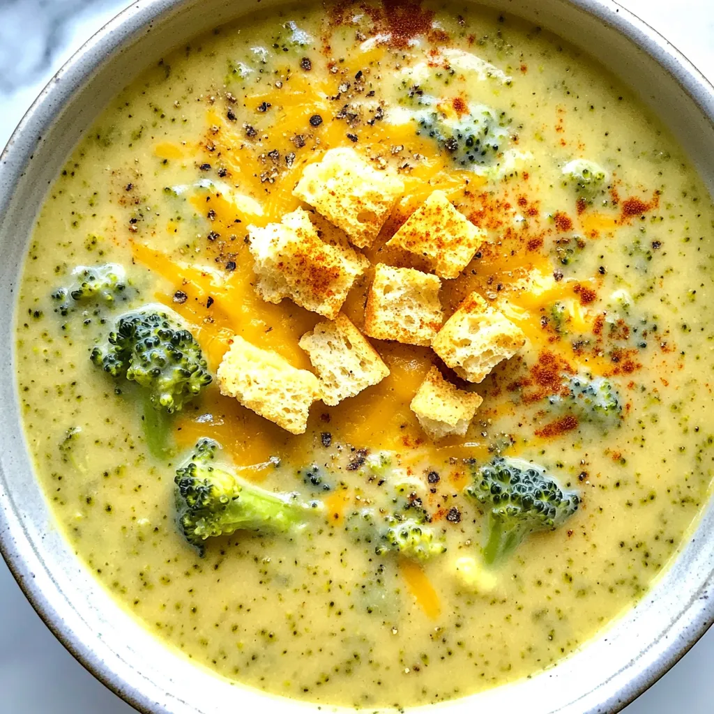 You need 4 cups of fresh broccoli florets. Choose bright green ones for the best flavor. Cut them into small pieces. This helps them cook faster and blend easily. Fresh broccoli gives the soup a vibrant color and taste. Next, gather your dairy products. You will need 1 cup of heavy cream and 2 cups of shredded sharp cheddar cheese. The heavy cream adds a rich, smooth texture. The sharp cheddar cheese brings a bold flavor that makes this soup special. Make sure to shred your cheese. Pre-shredded cheese has anti-caking agents that can affect melting. For aromatics, you will need 1 medium onion and 2 cloves of garlic. Chop the onion and mince the garlic. These will add depth to your soup. You will also need 3 tablespoons of unsalted butter to sauté them. Seasonings include 1 teaspoon of Dijon mustard, salt, pepper, and 1 teaspoon of paprika. The mustard adds tang, while paprika gives a hint of smokiness. Adjust these seasonings to your taste for the best results. {{ingredient_image_1}} Start by washing your broccoli. Cut it into small florets. You want about four cups. Next, chop one medium onion and mince two cloves of garlic. These will add great flavor to your soup. Set your veggies aside while you prepare to cook. In a large pot, melt three tablespoons of unsalted butter over medium heat. Once the butter is melted, add the chopped onion. Sauté it for about five minutes until it looks soft and clear. Then, add the minced garlic and cook it for one more minute. Now, toss in the broccoli florets and sauté them for another three to four minutes. Next, pour in three cups of vegetable broth. Bring it to a boil, then lower the heat. Let the mix simmer for ten to fifteen minutes until the broccoli is tender. After the broccoli is tender, you will want to make the soup smooth. Use an immersion blender to puree it right in the pot. If you don’t have one, carefully transfer the soup to a regular blender in batches. Once it’s smooth, pour it back into the pot. Stir in one cup of heavy cream and one teaspoon of Dijon mustard. Heat this gently over low heat. Now, add in two cups of shredded sharp cheddar cheese. Stir until the cheese melts. Finally, season your soup with salt, pepper, and a teaspoon of paprika for flavor. Serve it hot with croutons on top if you like. For a creamy soup, blend it well. I use an immersion blender for ease. If you don’t have one, a regular blender works too. Just be careful with hot soup. Blend until smooth, but leave some little bits for texture. This adds a nice contrast to each spoonful. Sharp cheddar cheese is my go-to for this soup. It gives a strong flavor that shines. You can also mix in some Gruyère for a unique twist. Always shred your cheese fresh. Pre-shredded cheese has fillers that can make it clump. Seasonings can make or break your soup. I love adding a teaspoon of Dijon mustard. It brings a nice tang. A sprinkle of paprika gives a hint of smokiness. Don’t forget to taste as you go. Adjust salt and pepper to suit your liking. This way, your soup will be just right! Pro Tips Blanch the Broccoli: For a brighter green color and enhanced flavor, blanch the broccoli florets in boiling water for 2-3 minutes before adding them to the soup. Cheese Choice: Opt for a sharp cheddar cheese for a more robust flavor. Mixing in a bit of Gruyère can also add a unique twist. Texture Tips: If you prefer a chunkier soup, reserve some broccoli florets before blending and add them back in after pureeing. Storage Secrets: This soup can be stored in the fridge for up to 3 days. Reheat gently on the stove to avoid curdling the cream. {{image_2}} You can make this soup heartier by adding proteins. Cooked chicken, turkey, or even ground beef work well. I like to shred rotisserie chicken and stir it in at the end. This adds flavor and makes the soup more filling. You can also use beans or lentils for a vegetarian protein boost. Just remember to adjust the seasoning to match the added protein. To make this soup vegan, swap out the dairy products. Use cashew cream or coconut cream instead of heavy cream. For the cheese, look for vegan cheddar shreds. They melt nicely and keep the cheesy taste. Use vegetable broth to keep it plant-based. You still get a creamy and tasty soup without animal products. If you love heat, try adding chili flakes. Just a pinch can elevate the flavor. Stir in a teaspoon when you add the seasonings. For more heat, try fresh jalapeños or diced chili peppers. This adds a nice kick and balances the creaminess of the soup. Adjust the amount to your taste, but start small! After making your creamy broccoli cheddar soup, let it cool first. Once cool, pour it into an airtight container. Store it in the fridge for up to three days. This soup tastes just as good the next day. The flavors meld together beautifully overnight. If you want to save some for later, freezing works well. Allow the soup to cool completely. Use freezer-safe containers or zip-top bags. Leave some space at the top, as soup expands when frozen. Your soup can last in the freezer for up to three months. When you're ready to eat, thaw it in the fridge overnight. To reheat, pour the soup into a pot. Heat it over low to medium heat. Stir often to prevent sticking. You can also use a microwave. Place the soup in a microwave-safe bowl. Heat it in short bursts, stirring in between. If the soup seems thick, add a splash of broth or cream to get it creamy again. Enjoy every warm, cheesy bite! Yes, you can use frozen broccoli for this soup. Frozen broccoli is easy to find and saves time. It also cooks quickly, so you can still enjoy a creamy soup. Just make sure to thaw it first. Cut it into smaller pieces if needed. Then, follow the same steps in the recipe. The taste will still be great! The best cheese for this soup is sharp cheddar. It gives a strong flavor that pairs well with broccoli. You can also mix in some mild cheddar or even Gruyère for a twist. Just remember to shred the cheese before adding it. This helps it melt better and blend smoothly into the soup. To thicken your soup, you have a few options. You can blend in more broccoli or even add a potato. Another way is to stir in a bit of cornstarch mixed with water. This helps create a thicker texture without changing the flavor. Just make sure to let it cook for a few minutes to thicken up nicely. This blog post detailed the key ingredients and steps to make a great broccoli cheddar soup. We discussed using fresh broccoli, dairy, and the right seasonings to create a tasty base. I provided tips for texture, cheese choice, and flavor boosts. You can also customize the soup by adding proteins, making it vegan, or adding chili flakes for heat. Finally, I shared storage tips so you can enjoy your soup later. Cook with joy and enjoy your delicious creation!