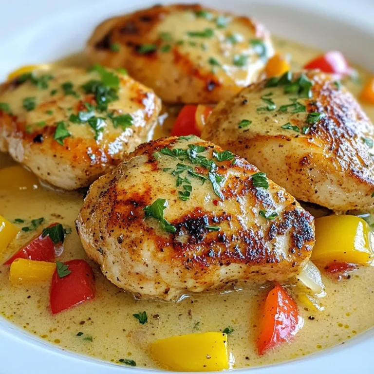 - 4 boneless, skinless chicken breasts - 2 tablespoons Cajun seasoning - Salt and pepper to taste - 2 tablespoons olive oil - 1 medium onion, chopped - 3 cloves garlic, minced - 1 cup heavy cream - 1 cup chicken broth - 1 cup bell peppers, sliced (mix of red, yellow, and green) - 1 tablespoon fresh parsley, chopped (for garnish) To create Creamy Cajun Chicken, you need quality ingredients. Start with four boneless, skinless chicken breasts. These will be your main protein source. Cajun seasoning is essential for that bold flavor. You’ll need two tablespoons, plus salt and pepper for taste. Next, use two tablespoons of olive oil for cooking. It helps to sear the chicken and adds richness. For vegetables, have one medium onion, three cloves of minced garlic, and a mix of bell peppers. I suggest using red, yellow, and green for color and taste. For the creamy sauce, you’ll need one cup of heavy cream and one cup of chicken broth. These two create a rich and smooth sauce that brings everything together. Lastly, don’t forget the fresh parsley for garnish. It adds a nice touch of color and freshness to your dish. With these ingredients, you’ll make a flavorful and satisfying meal that is sure to impress. {{ingredient_image_1}} To start, you need to season the chicken breasts. Pat them dry with paper towels. This helps the seasoning stick better. Sprinkle Cajun seasoning on both sides. Add salt and pepper to taste. Make sure every inch of the chicken is coated well for great flavor. For even seasoning, use your hands to rub the spices into the meat. This ensures that every bite bursts with flavor. Let the chicken sit for a few minutes. This helps the spices soak in. Next, it’s time to sear the chicken. Heat olive oil in a large skillet over medium-high heat. Once hot, add the chicken breasts. Cook for about 5-7 minutes on each side. You want them golden brown and fully cooked. Use a meat thermometer to check if they reach 165°F. When done, remove them from the skillet and set aside. A tip here is not to overcrowd the skillet. If needed, cook in batches. This way, all pieces get that nice sear. Now, let’s make the creamy sauce. In the same skillet, lower the heat to medium. Add the chopped onions and sauté for about 3-4 minutes. You want them soft and clear. Then, add minced garlic and sauté for another minute. This step adds a rich aroma to your dish. Pour in the chicken broth next. Scrape the bottom of the pan to get all the tasty bits. Bring it to a simmer. Once it simmers, add the heavy cream. Stir until the sauce thickens, which takes about 3-5 minutes. It's time to add the bell peppers. Stir them into the sauce and return the seared chicken to the skillet. Let everything simmer together for another 4-5 minutes. This warms the chicken and makes the peppers tender-crisp. Before serving, taste the sauce. Adjust the seasoning if needed. A final touch of fresh parsley on top adds a nice color and flavor. Enjoy your creamy Cajun chicken! To achieve perfectly cooked chicken, start with even thickness. Use a meat mallet to pound the chicken breasts. This helps them cook evenly. Season the chicken well. Make sure to cover all sides with Cajun seasoning, salt, and pepper. Sear the chicken on medium-high heat for about 5-7 minutes per side. Look for a golden brown color to know it's done. Always check the center for doneness; it should be 165°F. For a creamy sauce, start by cooking the onions until soft. This brings out their sweetness. Add garlic and cook until fragrant. Then, pour in the chicken broth. Scrape any brown bits from the bottom. This adds flavor. When you add the heavy cream, let it simmer gently. This helps the sauce thicken and become rich. To enhance flavor, consider adding smoked paprika or thyme. Both spices complement Cajun seasoning well. Fresh herbs like basil or cilantro also add brightness. If you want a kick, try adding cayenne pepper or hot sauce. If you have dietary preferences, you can substitute heavy cream with coconut milk or cashew cream. This makes the dish dairy-free. You can also swap chicken for shrimp or tofu for a different protein option. For ideal accompaniments, serve creamy Cajun chicken over rice or pasta. Both soak up the sauce nicely. You can also pair it with crusty bread to enjoy every drop of sauce. When plating, use a shallow bowl. Place the chicken in the center and pour the sauce over it. Add a sprinkle of fresh parsley for color. This makes the dish look appetizing and inviting. Pro Tips Perfectly Seasoned Chicken: Ensure the chicken breasts are patted dry before seasoning to allow the Cajun spices to adhere better, resulting in a more flavorful dish. Use Fresh Ingredients: Opt for fresh bell peppers and herbs for enhanced flavor and vibrant color in your creamy sauce. Control the Heat: Adjust the amount of Cajun seasoning based on your heat preference; start with less and add more if desired for a spicier dish. Let it Rest: After cooking, allow the chicken to rest for a few minutes before slicing to retain its juices, ensuring a tender and moist result. {{image_2}} You can switch the chicken in this dish. Shrimp works great and cooks fast. Just sauté shrimp for 2-3 minutes until pink. Tofu is also a good choice. Press it to remove water, then cube it. Sauté it until golden brown for a nice texture. To make a creamy Cajun vegetable dish, skip the meat. Use a mix of your favorite veggies. Bell peppers, zucchini, and mushrooms are great. Cook them just like you would the chicken. Use vegetable broth instead of chicken broth for flavor. You can control the heat in this dish. For a milder version, use half the Cajun seasoning. You can add a pinch of sugar to balance the flavors. If you like it spicy, double the seasoning or add some cayenne pepper. Always taste and adjust the spice to your liking. To store leftovers, place them in an airtight container. Make sure to cool the dish to room temperature first. This keeps the creamy Cajun chicken fresh. Store it in the fridge for up to three days. When ready to eat, check for any off smells or changes in color. You can freeze creamy Cajun chicken for longer storage. Use a freezer-safe container or heavy-duty freezer bag. Remove as much air as possible to prevent freezer burn. It can stay good for up to three months. To reheat, thaw overnight in the fridge. Heat on the stove over low heat, stirring gently until warmed through. Creamy Cajun chicken lasts about three days in the fridge. If you freeze it, expect a shelf life of three months. Always check for signs of spoilage before eating. Proper storage keeps the flavors strong and the chicken safe. Enjoy your dish at its best! You can make Cajun seasoning at home easily. Here is a simple recipe: - 1 tablespoon paprika - 1 tablespoon onion powder - 1 tablespoon garlic powder - 1 teaspoon cayenne pepper - 1 teaspoon dried thyme - 1 teaspoon dried oregano - 1 teaspoon black pepper - 1 teaspoon salt Mix all these spices together in a bowl. Store your seasoning in a jar. This blend adds warmth and flavor to your dishes. Adjust cayenne for more or less heat. Yes, you can use dairy-free substitutes for heavy cream. Here are some options: - Coconut cream - Cashew cream - Almond milk mixed with cornstarch - Soy milk with a bit of oil These options will give your dish a creamy texture without dairy. Experiment with these to find what you like best. Many sides complement creamy Cajun chicken well. Here are some ideas: - Steamed rice - Garlic bread - Mashed potatoes - Roasted vegetables - Simple green salad These sides enhance the meal and provide balance. Choose one or mix a few for a delightful dinner. In this article, we explored a tasty creamy Cajun chicken dish. I covered key ingredients, step-by-step cooking instructions, and helpful tips. You learned how to season and cook chicken, make a rich sauce, and serve it well. Remember, you can swap proteins or adjust spice levels for your taste. With these skills, you can enjoy flavorful meals any day. So, gather your ingredients and start cooking. Happy eating!