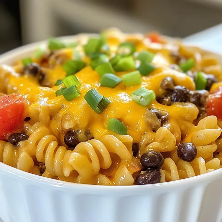 - 8 oz pasta (rotini or penne) - 1 lb ground beef or turkey - 1 packet taco seasoning - 1 cup beef broth - 1 cup diced tomatoes (canned) - 1 cup black beans - 1 cup sharp cheddar cheese, shredded - 1 cup cream cheese, cubed - 1/2 cup sour cream - 1/4 cup green onions, chopped To make Cheesy Taco Pasta, these ingredients are key. The pasta serves as the base, while the ground meat adds protein and flavor. Taco seasoning gives it that classic taco taste. Next, the beef broth and diced tomatoes create a rich sauce. Black beans add fiber and texture. For the toppings, sharp cheddar cheese gives a great sharpness. Cream cheese makes everything creamy and smooth. Lastly, sour cream and green onions add fresh flavor and a nice finish. When you gather these ingredients, you set the stage for a fun and tasty meal. You can easily find these items at your local grocery store. Enjoy the process of cooking, and get ready for a dish that everyone will love! {{ingredient_image_1}} 1. Boil the pasta and drain: Start by bringing a large pot of salted water to a boil. Add 8 ounces of pasta. I like using rotini or penne. Cook it according to the package directions. Once done, drain the pasta and set it aside. 2. Brown the meat and drain fat: In the same pot, add 1 pound of ground beef or turkey. Cook it over medium heat. Break the meat apart as it cooks. Once browned, drain any extra fat. 1. Stir in taco seasoning and liquids: Now, add 1 packet of taco seasoning to the cooked meat. Pour in 1 cup of beef broth and 1 cup of diced tomatoes with juices. Then, add 1 cup of black beans that you rinsed and drained. Stir everything together well and bring it to a simmer. 2. Add cream cheese and mix well: Reduce the heat to low. Now, add 1 cup of cubed cream cheese to the pot. Stir until the cream cheese melts and mixes in smoothly. 1. Combine pasta and cheesy sauce: Add the drained pasta to the pot with the cheesy sauce. Stir gently until all the pasta is coated in the sauce. 2. Stir in sour cream and season to taste: Remove the pot from heat. Mix in 1/2 cup of sour cream. Season with salt and pepper to your taste. Enjoy your cheesy taco pasta hot! - Best pasta shapes for cheesy taco pasta I love using rotini or penne for this dish. These shapes hold the sauce well. Their ridges catch bits of meat and cheese, making every bite tasty. - How to achieve a creamy texture To get a creamy texture, always add cream cheese while the heat is low. Stir it in slowly until it melts. This step makes the sauce smooth and rich. - Suggested spices or add-ins I suggest adding cumin or chili powder for extra flavor. You can also toss in some corn or bell peppers. These add a nice crunch and color to the dish. - How to customize the level of heat To make it spicy, add diced jalapeños or hot sauce. If you prefer milder flavors, use less taco seasoning. Adjust to your taste! - Best accompaniments for the dish Serve cheesy taco pasta with a side of tortilla chips or a simple salad. These add freshness and crunch to your meal. - Presentation tips for garnishing For a nice touch, sprinkle chopped green onions on top just before serving. You can also add a dollop of sour cream for extra creaminess. This makes the dish look inviting and delicious! Pro Tips Timing is Key: Make sure to time your pasta cooking so that it’s finished just as your sauce is ready. This ensures the pasta stays hot and absorbs the flavors better. Customize Your Protein: Feel free to substitute ground beef with ground turkey, chicken, or even plant-based meat alternatives for a healthier or vegetarian option. Spice it Up: Adjust the heat level by adding jalapeños or red pepper flakes to the meat mixture for an extra kick. Cheese Variations: Experiment with different cheeses like pepper jack or mozzarella for a unique flavor twist in your cheesy taco pasta. {{image_2}} You can switch the ground beef for ground turkey. Ground turkey is leaner and lower in fat. It also absorbs flavors well. You will still enjoy a tasty meal. If you want a vegetarian option, try using lentils or mushrooms. Both give a nice texture and flavor. You can also add extra beans for protein. Black beans or kidney beans work great here. The recipe uses sharp cheddar cheese, but you can try other types. Monterey Jack or pepper jack can add a nice twist. If you want something milder, use mozzarella. For a vegan option, look for plant-based cheeses. Many brands offer good substitutes. Just check the label to ensure it melts well. Nutritional yeast is also great for a cheesy flavor without dairy. If you need gluten-free pasta, many options exist. Brown rice pasta or chickpea pasta are good choices. They have a nice texture and taste. Whole grain pasta is another option. It adds extra fiber and nutrients. It also gives a hearty flavor to your cheesy taco pasta. Just remember to adjust cooking times as needed. To store leftovers, let the cheesy taco pasta cool down first. Then, place it in an airtight container. This helps keep the flavors fresh. You can refrigerate it for up to 3 days. When you are ready to eat, reheat it on the stove or in the microwave. If using the microwave, cover the dish to lock in moisture. Stir occasionally for even heating. Yes, you can freeze cheesy taco pasta! To freeze it, let it cool completely. Place it in a freezer-safe container or bag. Make sure to remove excess air to prevent freezer burn. It can be stored for up to 3 months. When you want to enjoy it, thaw it in the fridge overnight. Reheat it on the stove, adding a splash of broth if needed. This keeps it creamy and delicious. In the refrigerator, your cheesy taco pasta lasts about 3 days. After that, it may spoil. Watch for signs of spoilage like an off smell or mold. If you see either, it’s best to toss the leftovers. Enjoy your pasta while it’s fresh for the best taste! How can I make cheesy taco pasta spicier? You can add chopped jalapeños or diced green chilies. These fresh toppings bring heat. You can also use spicy taco seasoning. Look for brands labeled "hot" or "spicy." Adding a few dashes of hot sauce can give it a nice kick too. Can I use fresh tomatoes instead of canned? Yes, you can use fresh tomatoes. Dice about two medium tomatoes. You may need to add a little extra broth. Fresh tomatoes add a nice, vibrant taste too. Is this recipe gluten-free? This recipe is not gluten-free as written. The pasta contains gluten. To make it gluten-free, use gluten-free pasta. There are many options available today. Can I make it dairy-free? You can make it dairy-free. Use dairy-free cream cheese and cheese alternatives. There are many good plant-based cheese options now. Check labels to ensure they fit your diet. What type of pot is best for this recipe? A large pot works best. It needs to hold all the pasta and sauce. A heavy-bottomed pot helps with even cooking. A wide pot allows for easy mixing. Do I need any special kitchen tools? No special tools are needed. A spatula helps you mix and break up the meat. A colander is good for draining the pasta. A can opener is useful for the canned tomatoes. This blog post covered how to make cheesy taco pasta using simple, tasty ingredients. You learned the main steps, like boiling pasta and browning meat. I also shared tips for customizing the dish to fit your taste. Remember, you can use different proteins or cheeses, and it's easy to store leftovers. Cheesy taco pasta is versatile and fun to make. Enjoy creating this dish for your family or friends! Your kitchen adventures are just beginning.