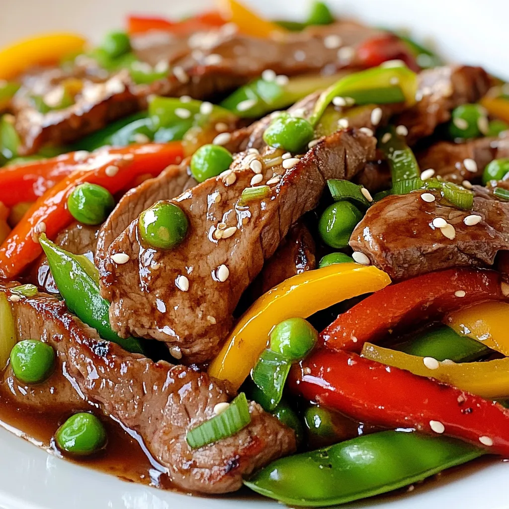To make a tasty Blackstone Cowboy Stir Fry, gather these key items: - 1 lb flank steak, thinly sliced - 2 cups bell peppers (red, green, and yellow), sliced - 1 medium onion, sliced - 2 cups fresh snap peas - 3 cloves garlic, minced - 1 inch ginger, grated - 1/4 cup soy sauce - 2 tablespoons hoisin sauce - 1 tablespoon sesame oil - 1 tablespoon vegetable oil - 1 teaspoon black pepper These ingredients create a great mix of flavors and textures. The flank steak gives you a nice bite, while the veggies add crunch. You can add more to your stir fry for extra flavor. Here are some ideas: - Mushrooms, sliced - Carrots, julienned - Broccoli florets - Zucchini, sliced - Red pepper flakes, for heat These add-ins let you customize the dish to your taste. Feel free to mix and match! Garnishes make your dish look and taste better. Here are some tasty options: - 1/4 cup green onions, chopped - Sesame seeds Sprinkling these on top adds color and flavor. They also give your stir fry a gourmet touch that will impress anyone you serve it to! {{ingredient_image_1}} Start with 1 pound of flank steak. Slice it thinly for quick cooking. In a medium bowl, mix the steak with soy sauce, hoisin sauce, black pepper, and minced garlic. Let it marinate for at least 15 minutes. This step boosts the flavor and tenderizes the meat. You can marinate longer if you want an even richer taste. Next, heat your Blackstone griddle over medium-high heat. Add 1 tablespoon of vegetable oil to the griddle. Ensure the oil coats the surface well. Once the oil is hot, place the marinated steak on the griddle. Stir-fry for about 3 to 4 minutes. You want the steak browned and cooked to your liking. Once done, remove it from the griddle and set it aside. Now, it's time to cook the veggies. In the same griddle, add 1 tablespoon of sesame oil. Toss in 2 cups of sliced bell peppers, 1 sliced onion, and 2 cups of fresh snap peas. Stir-fry these for about 5 to 6 minutes. You want them tender-crisp, not mushy. Once the veggies are ready, return the cooked flank steak to the griddle. Add grated ginger and mix everything well. Cook for an additional 1 to 2 minutes to let the flavors blend. This combination makes every bite tasty and satisfying. To cook the steak just right, slice it thin. Thin slices cook faster. Marinate it for at least 15 minutes. This step adds great flavor. Use high heat when you cook the steak. It should take about 3-4 minutes to brown well. Keep an eye on it to avoid overcooking. You want juicy, tender bites. For crisp-tender veggies, keep the heat high. Add the bell peppers, onion, and snap peas after the steak. Stir-fry these for about 5-6 minutes. You want them bright and colorful, not mushy. A quick stir helps maintain that crunch. Freshness is key, so use fresh veggies whenever you can. The Blackstone griddle is great for this stir fry. It heats evenly and cooks fast. Use a spatula to toss the food around. This keeps everything cooking evenly. If you don’t have a griddle, a large skillet works too. Just ensure it gets hot before adding the oil. Cooking in batches can help manage the heat better, too. Pro Tips Marinate for Maximum Flavor: Letting the steak marinate longer than 15 minutes will enhance the flavor, so if time allows, consider marinating it for up to an hour. High Heat is Key: Cooking on a preheated Blackstone griddle over medium-high heat will give you a beautiful sear on the steak and keep the vegetables crisp. Fresh Ingredients Matter: Use fresh, vibrant vegetables for the best texture and flavor in your stir fry, and don’t be afraid to mix in your favorites! Garnish for Presentation: A sprinkle of sesame seeds and chopped green onions not only adds flavor but also enhances the dish’s visual appeal. {{image_2}} You can switch the flank steak for other proteins. Chicken breast works great in this dish. Just cut it thin and marinate the same way. Shrimp is another tasty option. Cook it for just a few minutes until it turns pink. If you want a plant-based meal, try using tofu. Press and cube the tofu, then marinate it. Sauté it until it gets a nice golden crust. Feel free to get creative with your veggies. Broccoli florets add a nice crunch. Zucchini slices cook quickly and soak up flavor well. Carrots bring a sweet touch when sliced thin. If you prefer leafy greens, try adding spinach or bok choy. Just toss them in at the end to keep them bright and crisp. To amp up the taste, you can add extra spices. A pinch of red pepper flakes gives heat. Try adding chili paste for a bolder kick. For a sweet twist, drizzle some honey or maple syrup. Using different sauces can also change the flavor. Teriyaki sauce will add sweetness and depth. A splash of rice vinegar can brighten up the dish too. Experiment to find your perfect mix! To keep your Blackstone Cowboy Stir Fry fresh, let it cool down. Store it in an airtight container. You can place it in the fridge for up to three days. This method keeps the flavors intact and the meat tender. If you want to enjoy it later, follow the next steps for freezing. Reheat your stir fry on the stove. Use a medium heat to warm it up. Add a splash of water to keep it moist. Stir it often to heat evenly. You can also use the microwave. Place it in a microwave-safe bowl and cover it. Heat for one to two minutes, stirring halfway through. This keeps the veggies from getting soggy. To freeze your stir fry, first cool it completely. Next, pack it in freezer-safe bags or containers. Squeeze out any extra air before sealing. You can freeze it for up to three months. When you're ready to eat, thaw it overnight in the fridge. Then, reheat it on the stove for the best taste and texture. This makes meal prep easy and fun! Blackstone Cowboy Stir Fry is a quick and tasty meal. It features thin flank steak, colorful bell peppers, and fresh snap peas. The dish gets its bold flavor from soy sauce, hoisin sauce, and garlic. You can whip it up in around 30 minutes. This meal is perfect for busy weeknights. The Blackstone griddle gives it a nice sear, adding depth to the taste. It’s a fun way to enjoy a stir fry with a cowboy twist. Yes, you can make Blackstone Cowboy Stir Fry in a regular pan. Just follow the same steps as the griddle. Heat your pan over medium-high heat and add vegetable oil. Then, cook the marinated steak for 3-4 minutes. After that, sauté the veggies until they are tender-crisp. Using a regular pan will work, but the griddle adds a nice char that you might miss. To adjust the spice level, you can add or reduce black pepper. For more heat, add red pepper flakes or sriracha sauce. If you prefer mild flavors, skip the pepper altogether. You can also change the soy sauce to a lower sodium option. Another tip is to serve it with a side of rice, which can tone down the spice. Making it just right for your taste is easy! This blog covered how to make Blackstone Cowboy Stir Fry. It shared key ingredients, from main picks to garnishes. I explained step-by-step marinating and cooking on a Blackstone griddle. Also, I offered tips for perfect steak and crisp veggies. You can switch proteins or add spices for taste. To save leftovers, I outlined storage and reheating. Try this dish for a tasty meal any night! Enjoy your cooking journey!