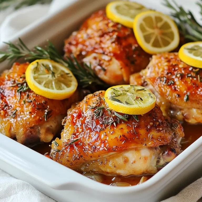 To make the best baked chicken, you need a few simple ingredients. Here’s what you will need: - 4 bone-in, skin-on chicken thighs - 2 tablespoons olive oil - 1 tablespoon smoked paprika - 1 teaspoon garlic powder - 1 teaspoon onion powder - 1 teaspoon dried thyme - 1 teaspoon salt - ½ teaspoon black pepper - 1 lemon, sliced - Fresh rosemary for garnish These ingredients work together to create a crispy and flavorful dish. The chicken thighs have skin that helps lock in moisture. The spices add depth and warmth, making each bite a delight. Olive oil not only helps the skin crisp up but also adds richness. Using fresh lemon slices brightens the flavor and balances the dish. Rosemary gives a lovely aroma when you serve it. With these key ingredients, you are set for a tasty meal that shines in both flavor and presentation. {{ingredient_image_1}} 1. Preheat the oven. Start by setting your oven to 425°F (220°C). This high heat helps make the skin crispy. 2. Mix the seasoning. In a small bowl, mix together: - 1 tablespoon smoked paprika - 1 teaspoon garlic powder - 1 teaspoon onion powder - 1 teaspoon dried thyme - 1 teaspoon salt - ½ teaspoon black pepper This spice mix adds great flavor to the chicken. 3. Prepare the chicken. Pat the chicken thighs dry with paper towels. This step is key for crispy skin. Next, coat the chicken with 2 tablespoons of olive oil in a large bowl. Sprinkle the spice mix all over the chicken. Make sure every side is covered. 1. Arrange chicken in the baking dish. Place the chicken thighs in a single layer in your baking dish. Avoid stacking them to ensure even cooking. 2. Add lemon for flavor. Slice 1 lemon and place the slices on top of and around the chicken. The lemon will add a nice zing and keep the meat juicy. 3. Baking time and temperature guidelines. Bake the chicken in the oven for 35-40 minutes. Check that the internal temperature reaches 165°F (74°C). You want the skin to be crispy and golden brown. 1. Resting the chicken. After baking, let the chicken rest for about 5 minutes. This step helps the juices settle. 2. Garnishing options. Before serving, add fresh rosemary on top for a pop of color and extra flavor. Enjoy your beautifully baked chicken! To get crispy skin, drying the chicken is key. Use paper towels to pat the skin dry. This step removes moisture that can make the skin soggy. After drying, coat the chicken with olive oil. The oil helps the skin crisp up while baking. Make sure to rub the oil all over for even results. Fresh herbs add a burst of flavor. I love using rosemary or thyme. Sprinkle them on top of the chicken before baking. They blend well with the spices and give a nice aroma. Lemon slices also play an important role. They add a bright flavor as they bake. The juice seeps into the chicken, making it juicy and tasty. Monitoring doneness is crucial for perfect chicken. Use a meat thermometer to check the internal temperature. You want it to reach 165°F (74°C) for safe eating. This ensures the chicken cooks through but stays juicy. Keep an eye on the time too. Bake for 35-40 minutes, but check early to avoid overcooking. Pro Tips Pat the Chicken Dry: Ensure your chicken is thoroughly dried with paper towels before seasoning to achieve a crispier skin when baked. Use Fresh Herbs: For an even more aromatic flavor, consider adding fresh herbs like thyme or rosemary to the baking dish along with the lemon slices. Check Internal Temperature: Always use a meat thermometer to check that your chicken has reached an internal temperature of 165°F (74°C) for safe consumption. Let it Rest: Allow the chicken to rest for a few minutes after baking; this helps the juices redistribute, making for a juicier bite. {{image_2}} You can switch up the spice mix to fit your taste. Try using cumin for warmth. Add chili powder for a spicy kick. Mix in Italian herbs for a twist. You can even go sweet with cinnamon or allspice. This allows you to create new flavors every time you cook. You can cook chicken thighs in different ways. Air frying gives you crispy skin fast. Set your air fryer to 400°F (200°C) and cook for 25-30 minutes. Baking the chicken is classic and simple. Preheat your oven to 425°F (220°C) and follow the recipe. You can also grill the chicken for a nice smoky flavor. Just cook it over medium heat for about 30 minutes. If you're gluten-free, this recipe is safe. All the spices and chicken are gluten-free. For low-carb diets, focus on the chicken and spices. You can skip the lemon if you want fewer carbs. Serve it with a side of veggies for a healthy meal. To keep your baked chicken fresh, start with refrigeration. Place leftover chicken in an airtight container. It stays good for up to three days in the fridge. If you want to store it longer, freeze it. Wrap each piece tightly in plastic wrap, then place it in a freezer bag. In the freezer, it can last up to three months. When it's time to enjoy leftovers, reheating properly is key. The oven is the best method. Preheat it to 350°F (175°C). Place the chicken on a baking sheet. Cover it with foil to keep moisture in. Heat for about 20 minutes, or until warm. If you want to keep the skin crispy, avoid microwaving. The microwave will make it soggy. For extra crispiness, you can heat it in an air fryer for about 5 minutes at 400°F (200°C). This method revives the crunchiness and keeps your chicken tasty. You should bake chicken thighs for 35 to 40 minutes at 425°F (220°C). This time ensures juicy meat and crispy skin. Several factors can change cooking time. The size of the thighs matters. Larger pieces need more time. If you use a glass dish, it may cook faster than metal. Always check for doneness. Yes, you can use chicken breast instead of thighs. Keep in mind that chicken breasts cook faster. Bake them for about 25 to 30 minutes. To keep them juicy, don’t overcook. Use a meat thermometer to check the internal temperature and ensure they reach 165°F (74°C). The safe internal temperature for baked chicken is 165°F (74°C). Checking the temperature is crucial for food safety. Use a meat thermometer in the thickest part of the chicken. This step ensures that harmful bacteria are gone. Cooking chicken to the right temperature keeps it safe and tasty. In this blog post, we explored the key ingredients for baking bone-in chicken thighs, including spices and garnishes. I shared step-by-step instructions, tips for crispy skin, and suggested variations to suit your taste. Remember, baking at the right temperature is crucial for juicy chicken. As you try these methods, feel free to experiment with flavors and cooking techniques. Enjoy your delicious baked chicken, and don’t forget to store any leftovers properly for later!