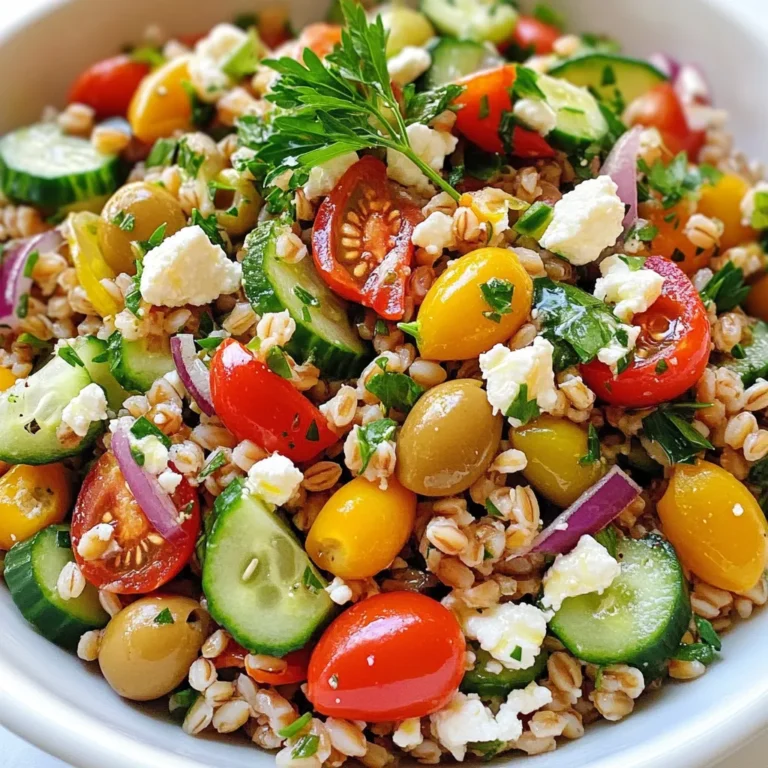 - 1 cup farro, rinsed - 2 ½ cups vegetable broth (or water) - 1 cup cherry tomatoes, halved - 1 cucumber, diced - ½ red onion, finely chopped - ½ cup Kalamata olives, pitted and sliced - 1 cup feta cheese, crumbled - ¼ cup fresh parsley, chopped - ¼ cup extra virgin olive oil - 2 tablespoons lemon juice - 1 teaspoon dried oregano - Salt and pepper to taste I love using fresh ingredients in my Mediterranean Farro Salad. Farro is the star here. This grain gives a nice, chewy texture. You can find it in most grocery stores. Next, I use vegetable broth or water to cook the farro. The broth adds flavor. For the veggies, I pick bright cherry tomatoes and crisp cucumbers. They add color and crunch. Red onion brings a bit of sharpness. Kalamata olives give a salty kick. Feta cheese adds creaminess and tang. I always crumble it for easy mixing. Fresh parsley adds a pop of green. I use extra virgin olive oil for a rich taste. Lemon juice brightens the salad. Dried oregano gives it a classic Mediterranean flavor. Don’t forget the salt and pepper! They balance everything out. With these ingredients, you create a wholesome and satisfying meal. {{ingredient_image_1}} To prepare farro, start by rinsing it under cold water. This removes any dust or debris. Next, combine 1 cup of farro with 2 ½ cups of vegetable broth in a medium saucepan. This broth adds flavor. Bring the mixture to a boil over medium heat. Once it boils, reduce the heat to low. Cover the pot and let it simmer for about 25 to 30 minutes. You want the farro to be tender but still chewy. If there is extra liquid, drain it and let the farro cool. In a large bowl, add your chopped vegetables: 1 cup of halved cherry tomatoes, 1 diced cucumber, and ½ finely chopped red onion. Also, add ½ cup of pitted and sliced Kalamata olives. For a creamy touch, include 1 cup of crumbled feta cheese. Mix these ingredients well. The colors should pop, and the smells will be amazing. For the dressing, gather ¼ cup of extra virgin olive oil, 2 tablespoons of lemon juice, and 1 teaspoon of dried oregano. In a small bowl, whisk these together until well combined. Add salt and pepper to taste. This dressing will bring all the flavors together. Once the farro has cooled, add it to the bowl with the vegetables and cheese. Pour the dressing over the mix and toss gently. Make sure everything is coated well. Taste the salad. If needed, adjust the seasoning with more salt or pepper. Just before serving, fold in ¼ cup of chopped fresh parsley. This adds a bright, fresh taste. Serve your salad in a big bowl or on individual plates, garnishing with extra parsley and olives. Enjoy! Yes, you can prepare Mediterranean Farro Salad in advance. This salad tastes even better the next day. The flavors blend nicely overnight. For best storage, keep the salad in an airtight container. Store it in the fridge. It will stay fresh for up to three days. If you add fresh herbs like parsley, do so just before serving. If you want an alternative for feta cheese, try goat cheese or a vegan option. Both offer great flavor. You can also mix in other vegetables. Bell peppers and zucchini work well. For more protein, consider adding chickpeas or beans. This salad pairs well with grilled meats. Serve it alongside chicken or fish for a full meal. You can also enjoy it as a light lunch. For leftovers, try serving them in a wrap or pita. You can also top it on greens for a quick salad. Pro Tips Use Fresh Ingredients: Opt for the freshest produce available to enhance the flavors of your salad. Fresh vegetables make a significant difference in taste and texture. Chill Before Serving: Allow the salad to chill in the refrigerator for at least 30 minutes before serving. This helps the flavors meld together beautifully. Customize Your Dressing: Feel free to experiment with additional herbs or spices in the dressing. Fresh mint or basil can add a delightful twist to the traditional Mediterranean flavors. Meal Prep Friendly: This salad keeps well in the fridge for a couple of days, making it a great option for meal prep. Just add the parsley right before serving for freshness. {{image_2}} You can add protein to your Mediterranean Farro Salad. Grilled chicken adds a nice touch. Just slice it up and mix it in. For a vegetarian option, try chickpeas. They are filling and tasty. Just rinse a can and toss them in. Tuna or shrimp also work well. Use canned tuna or sauté shrimp until pink. Both options boost flavor and protein. This makes your salad a complete meal. Seasonal vegetables can change your salad game. In spring, add fresh peas or asparagus. In summer, bell peppers and zucchini shine. Fall brings sweet roasted squash. Winter can include hearty roots like carrots or beets. Adjust flavors too. In summer, use fresh herbs like basil. In fall, try a bit of thyme. These small changes keep your salad exciting. You can switch up the dressing for variety. A balsamic vinaigrette gives a sweet twist. A yogurt-based dressing adds creaminess. Both can enhance the flavor of your salad. Homemade dressings are easy and fresh. Mix olive oil, vinegar, and herbs. Store-bought options work too for quick meals. Just read the label for quality ingredients. To keep leftovers fresh, store the Mediterranean Farro Salad in an airtight container. Make sure the salad is cool before sealing it. This way, you prevent moisture build-up that can make the salad soggy. The salad will last for about 3 to 5 days in the fridge. Can this salad be frozen? Yes, but with caution. The farro and some veggies freeze well, but the feta and fresh herbs may not. To freeze, place the salad in a freezer-safe container. Make sure to leave some space for expansion. When ready to eat, thaw it in the fridge overnight. For reheating, the best method is to warm it gently on the stove. Add a splash of vegetable broth or water to keep it moist. Stir it over low heat until warm. Avoid microwaving, as it can make the farro mushy. To maintain flavor and texture, serve it immediately after reheating. Farro is an ancient grain that belongs to the wheat family. It is chewy and has a nutty flavor. Farro is packed with nutrition. It is high in fiber, protein, and several vitamins. This grain can help keep you full and satisfied. You can use farro in salads, soups, or as a side dish. Yes, you can easily make this salad vegan. Replace feta cheese with vegan cheese or omit it. Use vegetable broth instead of water for cooking farro. For added flavor, add roasted nuts or seeds. You can also include more veggies like bell peppers or carrots. The Mediterranean Farro Salad can last about 3 to 5 days in the fridge. Store it in an airtight container. To keep it fresh, avoid adding the dressing until serving. If it starts to look soggy, add more fresh veggies before eating. You can serve Mediterranean Farro Salad warm, but it is best cold. Serve it at room temperature for a lovely taste. If you prefer it warm, just heat the farro before mixing it with veggies. This will change the texture, but it still tastes great. Mediterranean Farro Salad is a fresh and tasty dish. We explored its simple ingredients and easy steps, perfect for anyone. You learned how to cook farro, mix vegetables, and make a zesty dressing. I shared tips for storage, variations, and how to serve leftovers. Fresh ingredients make this salad fun to prepare and eat. Try adding your favorite proteins for extra flavor. Enjoy this salad as a main dish or as a side. It’s healthy, bright, and great for any meal!