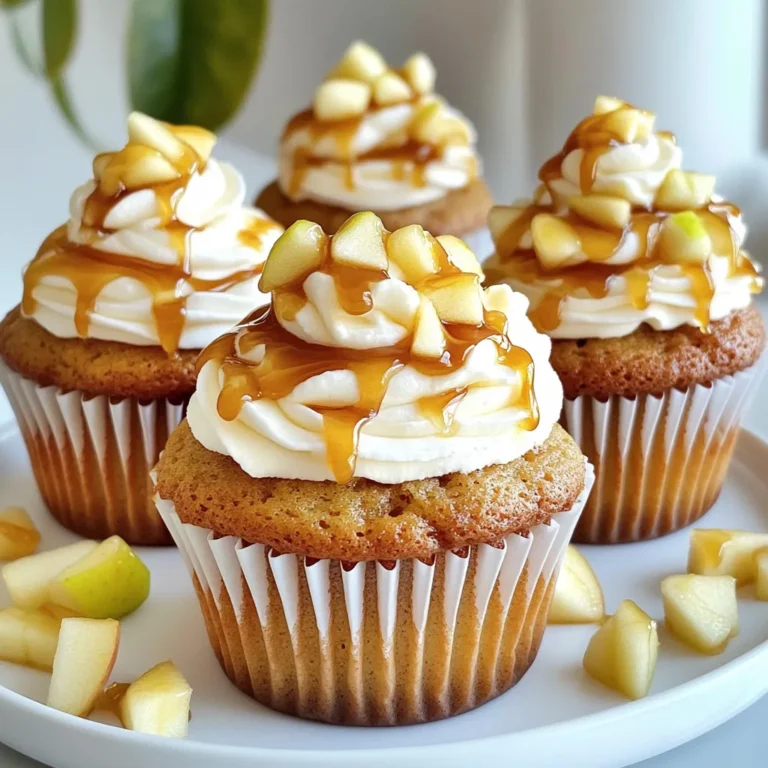To make caramel apple cupcakes, gather these items: - 1 cup all-purpose flour - 1 teaspoon baking powder - 1/2 teaspoon baking soda - 1/4 teaspoon salt - 1/2 teaspoon cinnamon - 1/2 cup unsalted butter, room temperature - 3/4 cup sugar - 2 large eggs - 1 teaspoon vanilla extract - 1/2 cup milk - 1 medium apple, peeled and diced (preferably Granny Smith) - 1/2 cup caramel sauce (plus extra for drizzling) - Whipped cream (for topping) Each ingredient has a specific amount to create the best flavor. Use exact measurements to get the right taste and texture. A cup equals 8 ounces. A teaspoon equals 5 milliliters. Use a kitchen scale for accuracy if needed. If you need to swap ingredients, here are some ideas: - All-purpose flour: Use whole wheat flour or a gluten-free blend. - Unsalted butter: Try coconut oil or margarine. - Sugar: You can use brown sugar for a richer taste. - Eggs: Replace with one tablespoon of flaxseed meal mixed with three tablespoons of water per egg. - Milk: Use almond milk or oat milk for a dairy-free option. - Apples: Any firm apple works, but Granny Smith gives the best tartness. - Caramel sauce: Make a quick sauce from sugar and cream or use store-bought. First, gather all your ingredients. You need flour, sugar, butter, eggs, and more. Preheat your oven to 350°F (175°C). Line a muffin tin with cupcake liners. This helps in easy cupcake removal later. In a medium bowl, mix the flour, baking powder, baking soda, salt, and cinnamon. Whisk them well and set this bowl aside. In a large mixing bowl, beat the butter and sugar with an electric mixer. Mix until it’s light and fluffy. Next, add the eggs one at a time. Make sure to beat well after each egg. Then, mix in the vanilla extract. Now, gradually add the dry ingredients to the wet mix. Alternate with the milk. Start and end with the flour mix. Gently fold in the diced apple and caramel sauce. This step adds great flavor. Now, scoop the batter into the cupcake liners. Fill them about two-thirds full. Place the muffin tin in the preheated oven. Bake for 18 to 20 minutes. To check if they are done, use a toothpick. Insert it in the center. If it comes out clean, your cupcakes are ready. After baking, let the cupcakes cool in the tin for 5 minutes. Then, move them to a wire rack. Let them cool completely. Once cool, it's time to add toppings. Top each cupcake with a dollop of whipped cream. Drizzle extra caramel sauce on top for that sweet finish. Enjoy your delicious caramel apple cupcakes! To make soft and moist cupcakes, use room temperature butter. It mixes well with sugar. Whip the butter and sugar until fluffy. This step adds air, helping your cupcakes rise. Also, don’t overmix the batter. Mix just until ingredients blend together. Adding diced apples gives extra moisture and flavor. Store your cupcakes in an airtight container. This keeps them soft for days. If you add whipped cream, cover them gently. For best taste, eat them within three days. You can also refrigerate them. Just allow them to come back to room temperature before serving. Using the right tools makes baking easier. Here’s what I recommend: - A good quality muffin tin - Cupcake liners to prevent sticking - An electric mixer for fluffy batter - A set of measuring cups and spoons for accuracy - A toothpick to check if they’re done These tools help you bake perfect caramel apple cupcakes every time! {{image_2}} You can use many types of apples in this recipe. Granny Smith apples work well. They add a nice tartness. Other great choices include Honeycrisp and Fuji. Honeycrisp brings sweetness and crunch. Fuji apples are very sweet and juicy. You can mix different apples for more flavor. If you want gluten-free cupcakes, swap the all-purpose flour. You can use a gluten-free blend. Look for blends that include rice flour or almond flour. Make sure the baking powder is gluten-free too. This way, everyone can enjoy them. Nuts add a nice crunch to your cupcakes. Chopped walnuts or pecans work great. You can mix them in the batter before baking. Another great option is to add spices. Try nutmeg or ginger for a unique twist. You can also mix in chocolate chips for a sweet surprise. Keep your caramel apple cupcakes in an airtight container. This helps them stay fresh longer. Place a piece of wax paper between the cupcakes to avoid sticking. Store them at room temperature for up to three days. If your kitchen is warm, you might want to keep them in the fridge. Freezing cupcakes is easy and smart. First, let them cool completely. Then, wrap each cupcake tightly in plastic wrap. Place the wrapped cupcakes in a freezer-safe bag or container. They can last in the freezer for up to three months. When you're ready to eat them, thaw them at room temperature. These cupcakes taste best within a few days. After that, they can dry out. If you see any signs of mold or smell anything off, it's best to throw them away. Always check your cupcakes before eating them. Enjoy your treats while they're fresh for the best flavor! Yes, you can make these cupcakes ahead of time. Bake them and let them cool. Store them in an airtight container. They stay fresh for up to three days. If your cupcakes turn out dry, you can fix them. Brush them with milk or a simple syrup. This adds moisture back into them. You can also top them with whipped cream or more caramel sauce. Many bakeries and cafes sell caramel apple cupcakes. Check your local shops or grocery stores. You can also order them online from specialty bakeries. Absolutely! Store-bought caramel sauce works great for this recipe. It saves time and still tastes delicious. Just drizzle it over your cupcakes for extra flavor. We explored how to create delicious caramel apple cupcakes. We covered ingredients, measurements, and substitutes to ensure you have everything you need. I shared clear steps for baking and cooling, plus tips for keeping your cupcakes moist and fresh. You learned about variations and storage methods. Finally, we answered common questions to help you along the way. Now, you can bake with confidence and enjoy these treats whenever you wish! Happy baking!