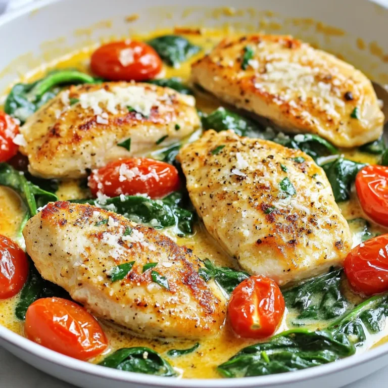- 2 medium chicken breasts, diced - 2 cups fresh spinach, roughly chopped - 1 cup cherry tomatoes, halved - 3 cloves garlic, minced - 1 teaspoon Italian seasoning - 1/2 teaspoon red pepper flakes (optional) - 3 tablespoons olive oil - 1/2 cup heavy cream - Salt and pepper to taste - Grated Parmesan cheese for garnish Each serving of this meal offers great nutrition. You get about: - Calories: 480 - Protein: 35g - Fat: 36g - Carbohydrates: 8g - Fiber: 2g - Net Carbs: 6g You can add your own twist with these options: - Mushrooms for extra umami. - Bell peppers for a sweet crunch. - Zucchini for more veggies. - Fresh basil for a burst of flavor. - Avocado for creaminess. These choices can change the taste and nutrition. Mix and match to suit your family’s taste. Enjoy the process! {{ingredient_image_1}} Start by dicing two medium chicken breasts into bite-sized pieces. This helps the chicken cook evenly. Heat two tablespoons of olive oil in a large skillet over medium heat. Once hot, add the diced chicken to the skillet. Season it with salt, pepper, and one teaspoon of Italian seasoning. Cook the chicken for 6 to 8 minutes until it turns golden brown and is cooked through. Once done, remove the chicken and set it aside on a plate. In the same skillet, add one tablespoon of olive oil. Then, toss in three cloves of minced garlic and, if you like heat, add half a teaspoon of red pepper flakes. Sauté these for about one minute until they smell great. Next, add one cup of halved cherry tomatoes to the skillet. Cook them for 2 to 3 minutes until they soften and burst with flavor. Now it’s time to add the greens! Toss in two cups of roughly chopped fresh spinach. Stir it until it wilts, which takes about 1 to 2 minutes. After that, lower the heat and pour in half a cup of heavy cream. Stir everything to mix well. Let it simmer gently. Finally, return the cooked chicken to the skillet. Mix it all together and let it simmer for another 2 to 3 minutes. This helps all the flavors blend perfectly. If needed, adjust the seasoning with more salt and pepper before serving. To cook chicken perfectly, start with good quality meat. Use chicken breasts that are fresh and not frozen. Dice them into even pieces for even cooking. This ensures each piece cooks at the same rate. Heat your skillet well before adding the chicken. This helps to create a nice golden crust. Sauté the chicken for about 6-8 minutes. Make sure to stir it occasionally for even browning. Once cooked, let it rest for a minute before adding it back to the skillet. Seasoning is key to making this dish shine. Start with salt and pepper. These simple spices bring out the best in the chicken. Italian seasoning adds a nice herbal flavor. If you like a kick, add red pepper flakes. Use them sparingly if you're not used to heat. The heavy cream adds richness, so balance it with the right amount of seasoning. Taste your dish as you go. Adjust the seasoning until it’s just right for you. When sautéing vegetables, heat your skillet with olive oil first. This oil helps to avoid sticking and adds flavor. Start with garlic to build a strong base. Cook it for about one minute until fragrant. Then, add the cherry tomatoes. They should soften but still hold some shape. Finally, add the spinach. Stir it until it wilts down, which takes about 1-2 minutes. This method keeps the veggies bright and fresh, adding great texture to your meal. Pro Tips Use Fresh Ingredients: Fresh spinach and ripe cherry tomatoes will enhance the flavors of this dish significantly. Always aim for the freshest produce available. Customize the Heat: Adjust the amount of red pepper flakes according to your heat preference. For a milder dish, you can omit them entirely. Perfect Cooking Time: Ensure that the chicken is cooked through but not overcooked. Check that the internal temperature reaches 165°F (75°C) for safety. Garnish for Flavor: Don't skip the grated Parmesan cheese at the end. It adds a savory depth that complements the creamy sauce beautifully. {{image_2}} You can switch up the protein in this dish. If you want, use shrimp or turkey instead of chicken. Both options cook quickly and taste great with the sauce. You can even try tofu for a plant-based dish. Just remember to adjust cooking times. Shrimp cooks fast, while turkey may need a bit longer. Adding extra veggies can boost flavor and nutrition. Bell peppers, zucchini, or mushrooms work well here. Slice them thin so they cook fast. You can mix and match based on your taste. Broccoli or asparagus can also add a nice crunch. Just toss them in when you add the spinach. Want to add more flavor without extra carbs? Consider adding olives or artichoke hearts. Both add a salty kick. You can also toss in some sun-dried tomatoes for a richer taste. For a touch of zest, add lemon juice before serving. Each of these options will keep your meal low-carb and delicious. To store leftover Keto Chicken Spinach Tomato Skillet, let it cool first. Place it in an airtight container. This helps keep it fresh and tasty. Store it in the fridge for up to three days. Make sure to label your container with the date. When you're ready to eat, reheat the skillet on the stove. Use low heat to warm it up slowly. Stir it often to prevent sticking. You can also use the microwave. Heat it in short bursts, about 30 seconds at a time. Check it until it warms through. If you want to freeze this dish, use freezer-safe bags or containers. Make sure to remove as much air as possible. This helps prevent freezer burn. You can freeze it for up to three months. To eat it later, thaw it overnight in the fridge. Then, reheat it as mentioned above. Yes, you can make this dish dairy-free. Instead of heavy cream, use coconut cream or unsweetened almond milk. These options will still give a nice texture. Just remember to adjust the seasoning, as these substitutes can change the flavor. You might also skip the grated Parmesan cheese. This change keeps the dish creamy without dairy. This skillet meal is great on its own, but you can pair it with other dishes. Serve it over zucchini noodles or cauliflower rice for a low-carb option. You could also add a side salad with fresh greens and a light vinaigrette. This adds crunch and freshness to your meal. Keep it simple and healthy! Yes, this recipe is perfect for meal prep. You can make it ahead and store it in the fridge. Use airtight containers to keep it fresh. It stays good for three to four days. Reheat it in a skillet or microwave when you’re ready to eat. This makes busy weeknights so much easier! This blog post covered everything you need to make a great Keto Chicken Spinach Tomato Skillet. We looked at the ingredients, cooking steps, and storage tips. You learned how to prep the chicken and sauté your veggies just right. Remember, cooking is about fun and creativity. Don’t be afraid to switch up ingredients. With the right tips, you can make this dish your own. Enjoy your cooking and make it a delicious meal!
