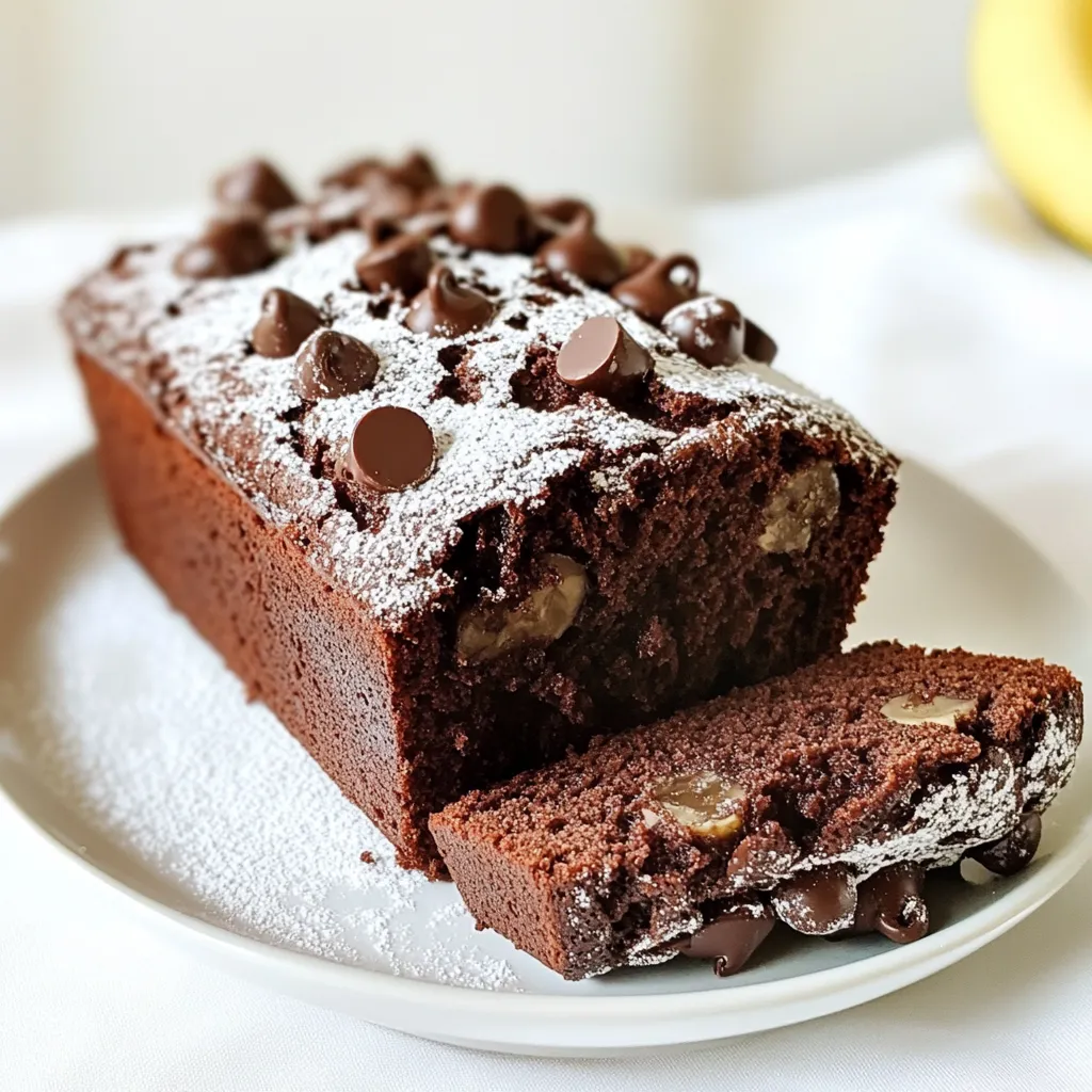 To make the best Double Chocolate Banana Bread, gather these simple ingredients: - 3 ripe bananas, mashed - 1/3 cup melted coconut oil - 1/2 cup brown sugar - 1 large egg, beaten - 1 teaspoon vanilla extract - 1 teaspoon baking soda - Pinch of salt - 1 cup all-purpose flour - 1/2 cup cocoa powder - 1/2 cup chocolate chips (semi-sweet or dark) - 1/4 cup chopped walnuts or pecans (optional) Each ingredient plays a key role. The ripe bananas add natural sweetness and moisture. Coconut oil gives a rich flavor and a soft texture. Brown sugar enhances the bread's sweetness with a touch of caramel flavor. The egg binds everything together, while vanilla adds warmth. Baking soda helps the bread rise, and a pinch of salt balances the sweetness. Flour and cocoa powder create the base for a rich, chocolatey taste. Chocolate chips provide bursts of chocolate in every bite. If you want some crunch, add walnuts or pecans. Make sure to use ripe bananas. They should be speckled and soft. This is the secret to a moist loaf. Enjoy the process of gathering these ingredients. Your kitchen will soon be filled with delightful aromas! {{ingredient_image_1}} - Preheat oven to 350°F (175°C). - Grease or line a loaf pan with parchment paper. This helps with easy removal later. - In a large bowl, combine 3 mashed bananas and 1/3 cup melted coconut oil. - Add 1/2 cup brown sugar, 1 beaten egg, and 1 teaspoon vanilla extract. Mix until smooth. - Sprinkle in 1 teaspoon baking soda and a pinch of salt. Stir gently to combine. - Gradually fold in 1 cup all-purpose flour and 1/2 cup cocoa powder. Do not overmix. - Mix in 1/2 cup chocolate chips and 1/4 cup chopped nuts, if you like extra crunch. - Pour the batter into your prepared loaf pan. Smooth the top with a spatula. - Bake for 60 to 70 minutes. Check for doneness with a toothpick around the 55-minute mark. - If the toothpick comes out clean, your bread is ready! Let it cool in the pan for about 10 minutes. Then transfer it to a wire rack to cool completely. Using ripe bananas makes a big difference in flavor. Ripe bananas are sweeter and add moisture. Look for bananas with brown spots. They are perfect for baking. Avoiding overmixing is key. When you mix the batter, do it gently. Overmixing can make the bread dense and tough. Just fold the dry ingredients in until you see no flour. Presentation can make your banana bread shine. Slice the bread and serve it warm. A light dusting of powdered sugar adds a nice touch. You can also spread butter or nut butter on top. This adds flavor and richness. Pair your banana bread with drinks or snacks. A cup of coffee or tea works well. It also goes great with fresh fruit on the side. If your bread is dense, it may be due to overmixing. Try mixing just until combined. Another reason could be too much flour. Measure carefully to avoid this. For underbaking, always check for doneness with a toothpick. If it comes out wet, bake a little longer. If your bread is overbaked, it will be dry. Keep an eye on the time. Start checking around 55 minutes. Pro Tips Use Overripe Bananas: The riper the bananas, the sweeter and more flavorful your banana bread will be. Look for bananas with plenty of brown spots for the best results. Don't Overmix: When combining the dry ingredients with the wet, mix just until everything is incorporated. Overmixing can lead to a dense and tough bread. Experiment with Mix-Ins: Feel free to get creative! Add in your favorite nuts, dried fruits, or even a swirl of peanut butter for extra flavor and texture. Check for Doneness Early: Since oven temperatures can vary, start checking your bread for doneness around the 55-minute mark to prevent overbaking. {{image_2}} If you want to make this banana bread gluten-free, you can swap all-purpose flour for gluten-free flour blends. Many brands offer great mixes that work well in baking. Just make sure to check the package for the best results. For egg substitutes, you have a few tasty options. You can use 1/4 cup of applesauce or mashed banana per egg. Another choice is using flaxseed meal. Mix one tablespoon of flaxseed meal with three tablespoons of water, then let it sit for a few minutes. This mix works great! To boost flavor, consider adding spices like cinnamon or nutmeg. A teaspoon of cinnamon can warm up the bread nicely. Nutmeg adds a lovely hint of sweetness. Feel free to adjust the amount based on your taste. You can also add different nuts or dried fruits. Chopped walnuts or pecans add a crunchy texture. Dried cranberries or chopped dates can make the bread sweeter and more interesting. Mix and match to find your favorite combo! When it's time to serve, think about delicious spreads. A bit of butter or nut butter adds creaminess. You can also try cream cheese for a rich flavor. If you're feeling fancy, consider frosting your banana bread. A simple chocolate frosting can enhance the chocolate flavor. A light glaze made from powdered sugar and milk adds a sweet touch. Get creative with your toppings! To keep your double chocolate banana bread fresh, store it at room temperature. Wrap it in plastic wrap or place it in an airtight container. This helps keep the bread moist and soft. It will stay good for about three days. If you want to refrigerate it, make sure it is fully cooled first. Wrap it tightly in plastic wrap or foil. In the fridge, the bread lasts about a week. Just remember, chilling can change its texture a bit. For long-term storage, freezing works best. Slice the banana bread into pieces. Wrap each slice in plastic wrap and place them in a freezer-safe bag. Remove as much air as possible to prevent freezer burn. This bread can freeze well for up to three months. When you are ready to enjoy a slice, remove it from the freezer. Let it sit at room temperature for about 30 minutes. For a warm treat, you can also pop it in the microwave for a few seconds. Enjoy the rich chocolate flavor again! You can tell when the bread is done by using a toothpick. Insert it into the center of the loaf. If it comes out clean or with a few crumbs, your bread is ready. Check around 55 minutes to avoid overbaking. The bread should also feel firm to the touch and have a nice, dark color on top. Yes, you can make this recipe vegan. Simply replace the egg with a flax egg. To make a flax egg, mix one tablespoon of ground flaxseed with three tablespoons of water. Let it sit for five minutes until it thickens. You can also use plant-based yogurt or unsweetened applesauce as another option. Substituting ingredients is easy. If you don’t have coconut oil, you can use melted butter or any neutral oil. If you lack brown sugar, white sugar works too; just add a teaspoon of molasses for that rich flavor. You can swap all-purpose flour with gluten-free flour, but check the packaging for ratios. If your banana bread is too dense, you might have overmixed the batter. Mix just until the dry ingredients are combined. Also, make sure your bananas are ripe. Ripe bananas add sweetness and moisture. If your bread still seems dense, consider adding a bit more baking soda to help it rise. Absolutely! You can use dark, semi-sweet, or even milk chocolate chips. You can also try white chocolate chips for a different flavor. If you want, mix in some peanut butter chips or butterscotch chips for a fun twist. The choice is yours! You can create delicious banana chocolate bread with simple ingredients and steps. We covered what you need, from ripe bananas to chocolate chips. I shared tips for perfecting your loaf and ideas for tasty twists. Storing it correctly ensures your bread stays fresh longer. Remember, baking is all about having fun and experimenting. Try different flavors and ingredients to find your favorite version. Enjoy your time in the kitchen and share your yummy results!