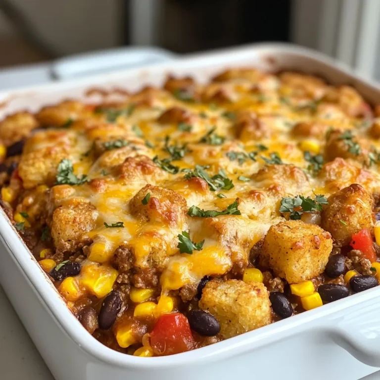 To make Cowboy Casserole, you need fresh and tasty ingredients. Gather the following items for a hearty meal: - 1 lb ground beef - 1 can (15 oz) black beans, drained and rinsed - 1 cup corn kernels (fresh or frozen) - 1 can (10 oz) diced tomatoes with green chilies - 1 cup shredded cheddar cheese - 1 cup diced bell peppers (red and yellow for color) - 1 small onion, finely chopped - 2 cloves garlic, minced - 1 teaspoon chili powder - ½ teaspoon cumin - 1 teaspoon smoked paprika - 1 package (1 lb) frozen tater tots - Olive oil for sautéing - Salt and pepper to taste This mix of ingredients makes the casserole rich and full of flavor. The ground beef provides protein, while black beans add fiber. The vibrant bell peppers give a sweet crunch. Diced tomatoes with green chilies add a spicy kick. The cheddar cheese melts nicely, bringing everything together. Tater tots on top create a crispy finish. For the spices, chili powder, cumin, and smoked paprika give a warm, smoky taste. Olive oil helps sauté the veggies, making them soft and sweet. Don’t forget to add salt and pepper to boost the flavors. Now that you have your ingredients ready, you can move on to the fun part—cooking! Enjoy the process of bringing these flavors together for a dish that everyone will love. {{ingredient_image_1}} Start by chopping your vegetables. Dice one onion and two bell peppers. Choose colors like red and yellow for a bright look. Next, rinse and drain a can of black beans. This step helps remove extra sodium. Finally, preheat your oven to 375°F (190°C). This ensures your casserole cooks evenly. In a large skillet, heat a drizzle of olive oil over medium heat. Add the chopped onion and bell peppers. Sauté them for about 4-5 minutes until they become soft. Then, add two cloves of minced garlic. Cook it for one more minute until you smell the garlic. Next, stir in one pound of ground beef. Break it apart with a spatula as it cooks. Brown the beef for about 5-7 minutes. If there is excess fat, drain it off. Now, add the black beans, one cup of corn, and one can of diced tomatoes with green chilies to the skillet. Mix in one teaspoon of chili powder, half a teaspoon of cumin, and one teaspoon of smoked paprika. Add salt and pepper to taste. Stir everything together until well combined. Transfer the beef mixture into a greased 9x13 inch baking dish. Spread it out evenly. Now, sprinkle one cup of shredded cheddar cheese on top of the beef mixture. Next, layer frozen tater tots over the cheese. Arrange them neatly for a nice look. Bake the casserole in your preheated oven for about 30-35 minutes. The tater tots should turn golden brown and crispy. After baking, let it cool for a few minutes before serving. To ensure perfect browning of beef, use a hot skillet. This helps the beef cook fast. Break the beef apart with a spatula as it cooks. Drain any extra fat after browning. This keeps your casserole lighter. To avoid a soggy casserole, layer ingredients carefully. Make sure the tater tots sit on top. They should be frozen for the best crisp. Avoid adding too much liquid when mixing in the beans and tomatoes. This keeps the bottom from becoming mushy. For garnishing ideas, use freshly chopped cilantro or green onions. These add a nice pop of color. You can also sprinkle more cheese on top right before serving. This makes it look even more delicious. When serving, present the casserole directly from the baking dish. This gives a rustic feel. Pair it with sour cream or guacamole on the side. This adds creaminess and flavor to each bite. Pro Tips Choose Lean Meat: Opt for lean ground beef to reduce excess grease in the casserole, making it healthier without sacrificing flavor. Customize Your Veggies: Feel free to add or substitute any of your favorite vegetables, such as zucchini or mushrooms, to enhance the nutritional value and flavor profile. Layering Cheese: For an extra cheesy experience, mix some of the cheddar cheese into the beef mixture before topping with tater tots. Make It Spicy: If you enjoy heat, consider adding diced jalapeños or a dash of hot sauce to the beef mixture for an extra kick. {{image_2}} You can swap the ground beef for other meats. Try ground turkey or chicken. These options are leaner and cook well. If you want a meatless dish, use lentils or quinoa. They add protein and texture. You can also use canned chickpeas if you prefer. They work great in casseroles too. Boost the flavor with spices. Add a pinch of cayenne for heat. You can also toss in some extra veggies. Try zucchini, carrots, or even spinach. They add nutrients and color to the dish. For cheese, cheddar is delicious, but feel free to mix it up. Monterey Jack or pepper jack add creaminess and a kick. You can even try a blend of different cheeses for a tasty twist. To keep your Cowboy Casserole fresh, cool it down first. Then, transfer it to an airtight container. Store it in the fridge for up to three days. Ensure you cover it well to prevent drying out. If you want to keep it longer, freezing works well. Portion the casserole into smaller containers. This way, you can thaw only what you need. It will stay good in the freezer for up to three months. When ready to eat, thaw it in the fridge overnight before reheating. Reheating Cowboy Casserole can be easy and tasty. The best way is to use the oven. Preheat your oven to 350°F (175°C). Place the casserole in an oven-safe dish and cover it with foil. Bake for about 20-25 minutes until it’s hot. You can also use the microwave for quick reheating. Place a portion on a microwave-safe plate. Cover it with a paper towel to keep moisture in. Heat it for 1-2 minutes, checking often. Stir it halfway through to ensure even heating. Either way, you will enjoy your flavorful meal again! What is Cowboy Casserole? Cowboy Casserole is a hearty dish. It combines ground beef, beans, and corn. You top it with cheese and tater tots. This meal is great for families. It's filling, tasty, and easy to make. Can I make this recipe ahead of time? Yes, you can prepare this dish in advance. Cook the beef and veggies, then layer them in a dish. Cover it and store it in the fridge. Just bake it when you're ready. It saves time on busy nights. What to serve with Cowboy Casserole? This casserole pairs well with simple sides. Try a fresh salad or garlic bread. You can also serve it with sour cream or guacamole. These add creaminess and flavor. Can I use fresh corn instead of frozen? Yes, fresh corn works great in this recipe. Just cook it until tender before adding. It adds a nice crunch and sweetness. Use about one cup of fresh corn kernels. What can I use instead of tater tots? If you want a swap for tater tots, try mashed potatoes. Spread them on top for a creamy finish. You can also use tortilla chips for a different crunch. Each option gives the casserole a fun twist. The Cowboy Casserole combines ground beef, beans, and veggies for a hearty meal. You learned how to prep ingredients, cook, and assemble the dish easily. I shared tips for great flavor and texture. Remember to store leftovers properly for future enjoyment. Explore variations to make it your own. This dish is not just filling; it’s fun to make! Enjoy it with family and friends. Keep experimenting and create your own favorite versions of this comforting casserole.