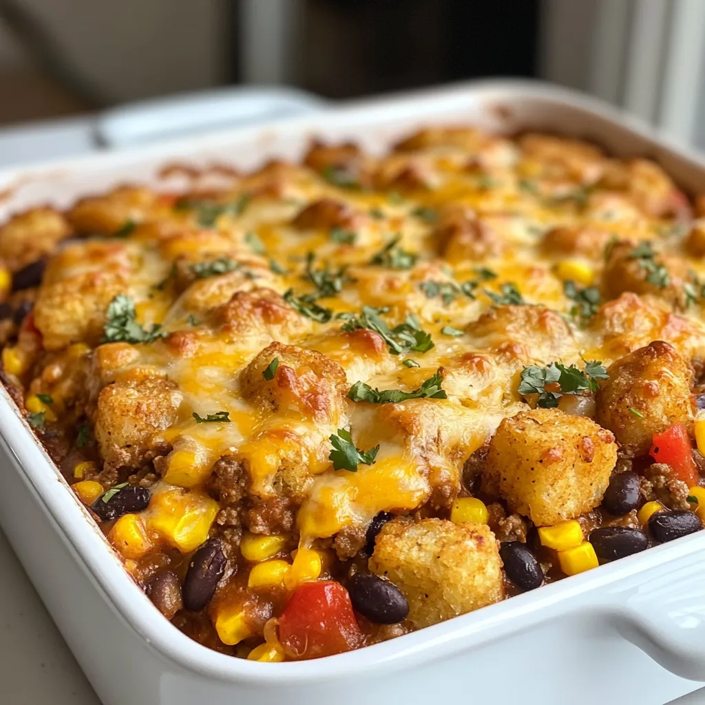 To make Cowboy Casserole, you need fresh and tasty ingredients. Gather the following items for a hearty meal: - 1 lb ground beef - 1 can (15 oz) black beans, drained and rinsed - 1 cup corn kernels (fresh or frozen) - 1 can (10 oz) diced tomatoes with green chilies - 1 cup shredded cheddar cheese - 1 cup diced bell peppers (red and yellow for color) - 1 small onion, finely chopped - 2 cloves garlic, minced - 1 teaspoon chili powder - ½ teaspoon cumin - 1 teaspoon smoked paprika - 1 package (1 lb) frozen tater tots - Olive oil for sautéing - Salt and pepper to taste This mix of ingredients makes the casserole rich and full of flavor. The ground beef provides protein, while black beans add fiber. The vibrant bell peppers give a sweet crunch. Diced tomatoes with green chilies add a spicy kick. The cheddar cheese melts nicely, bringing everything together. Tater tots on top create a crispy finish. For the spices, chili powder, cumin, and smoked paprika give a warm, smoky taste. Olive oil helps sauté the veggies, making them soft and sweet. Don’t forget to add salt and pepper to boost the flavors. Now that you have your ingredients ready, you can move on to the fun part—cooking! Enjoy the process of bringing these flavors together for a dish that everyone will love. {{ingredient_image_1}} Start by chopping your vegetables. Dice one onion and two bell peppers. Choose colors like red and yellow for a bright look. Next, rinse and drain a can of black beans. This step helps remove extra sodium. Finally, preheat your oven to 375°F (190°C). This ensures your casserole cooks evenly. In a large skillet, heat a drizzle of olive oil over medium heat. Add the chopped onion and bell peppers. Sauté them for about 4-5 minutes until they become soft. Then, add two cloves of minced garlic. Cook it for one more minute until you smell the garlic. Next, stir in one pound of ground beef. Break it apart with a spatula as it cooks. Brown the beef for about 5-7 minutes. If there is excess fat, drain it off. Now, add the black beans, one cup of corn, and one can of diced tomatoes with green chilies to the skillet. Mix in one teaspoon of chili powder, half a teaspoon of cumin, and one teaspoon of smoked paprika. Add salt and pepper to taste. Stir everything together until well combined. Transfer the beef mixture into a greased 9x13 inch baking dish. Spread it out evenly. Now, sprinkle one cup of shredded cheddar cheese on top of the beef mixture. Next, layer frozen tater tots over the cheese. Arrange them neatly for a nice look. Bake the casserole in your preheated oven for about 30-35 minutes. The tater tots should turn golden brown and crispy. After baking, let it cool for a few minutes before serving. To ensure perfect browning of beef, use a hot skillet. This helps the beef cook fast. Break the beef apart with a spatula as it cooks. Drain any extra fat after browning. This keeps your casserole lighter. To avoid a soggy casserole, layer ingredients carefully. Make sure the tater tots sit on top. They should be frozen for the best crisp. Avoid adding too much liquid when mixing in the beans and tomatoes. This keeps the bottom from becoming mushy. For garnishing ideas, use freshly chopped cilantro or green onions. These add a nice pop of color. You can also sprinkle more cheese on top right before serving. This makes it look even more delicious. When serving, present the casserole directly from the baking dish. This gives a rustic feel. Pair it with sour cream or guacamole on the side. This adds creaminess and flavor to each bite. Pro Tips Choose Lean Meat: Opt for lean ground beef to reduce excess grease in the casserole, making it healthier without sacrificing flavor. Customize Your Veggies: Feel free to add or substitute any of your favorite vegetables, such as zucchini or mushrooms, to enhance the nutritional value and flavor profile. Layering Cheese: For an extra cheesy experience, mix some of the cheddar cheese into the beef mixture before topping with tater tots. Make It Spicy: If you enjoy heat, consider adding diced jalapeños or a dash of hot sauce to the beef mixture for an extra kick. {{image_2}} You can swap the ground beef for other meats. Try ground turkey or chicken. These options are leaner and cook well. If you want a meatless dish, use lentils or quinoa. They add protein and texture. You can also use canned chickpeas if you prefer. They work great in casseroles too. Boost the flavor with spices. Add a pinch of cayenne for heat. You can also toss in some extra veggies. Try zucchini, carrots, or even spinach. They add nutrients and color to the dish. For cheese, cheddar is delicious, but feel free to mix it up. Monterey Jack or pepper jack add creaminess and a kick. You can even try a blend of different cheeses for a tasty twist. To keep your Cowboy Casserole fresh, cool it down first. Then, transfer it to an airtight container. Store it in the fridge for up to three days. Ensure you cover it well to prevent drying out. If you want to keep it longer, freezing works well. Portion the casserole into smaller containers. This way, you can thaw only what you need. It will stay good in the freezer for up to three months. When ready to eat, thaw it in the fridge overnight before reheating. Reheating Cowboy Casserole can be easy and tasty. The best way is to use the oven. Preheat your oven to 350°F (175°C). Place the casserole in an oven-safe dish and cover it with foil. Bake for about 20-25 minutes until it’s hot. You can also use the microwave for quick reheating. Place a portion on a microwave-safe plate. Cover it with a paper towel to keep moisture in. Heat it for 1-2 minutes, checking often. Stir it halfway through to ensure even heating. Either way, you will enjoy your flavorful meal again! What is Cowboy Casserole? Cowboy Casserole is a hearty dish. It combines ground beef, beans, and corn. You top it with cheese and tater tots. This meal is great for families. It's filling, tasty, and easy to make. Can I make this recipe ahead of time? Yes, you can prepare this dish in advance. Cook the beef and veggies, then layer them in a dish. Cover it and store it in the fridge. Just bake it when you're ready. It saves time on busy nights. What to serve with Cowboy Casserole? This casserole pairs well with simple sides. Try a fresh salad or garlic bread. You can also serve it with sour cream or guacamole. These add creaminess and flavor. Can I use fresh corn instead of frozen? Yes, fresh corn works great in this recipe. Just cook it until tender before adding. It adds a nice crunch and sweetness. Use about one cup of fresh corn kernels. What can I use instead of tater tots? If you want a swap for tater tots, try mashed potatoes. Spread them on top for a creamy finish. You can also use tortilla chips for a different crunch. Each option gives the casserole a fun twist. The Cowboy Casserole combines ground beef, beans, and veggies for a hearty meal. You learned how to prep ingredients, cook, and assemble the dish easily. I shared tips for great flavor and texture. Remember to store leftovers properly for future enjoyment. Explore variations to make it your own. This dish is not just filling; it’s fun to make! Enjoy it with family and friends. Keep experimenting and create your own favorite versions of this comforting casserole.