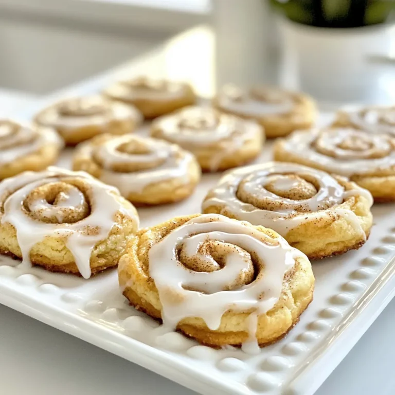 Cinnamon Roll Cookies are simple yet delightful. You will need the following ingredients to make them: - 2 cups all-purpose flour - 1 teaspoon baking powder - 1/2 teaspoon baking soda - 1/2 teaspoon salt - 1 teaspoon ground cinnamon - 3/4 cup unsalted butter, softened - 1 cup brown sugar, packed - 1 large egg - 1 teaspoon vanilla extract - 1/4 cup granulated sugar (for rolling) - 1/2 cup powdered sugar (for glaze) - 1-2 tablespoons milk (for glaze) These ingredients blend to create a sweet treat that captures the essence of cinnamon rolls in a cookie format. The butter gives a rich flavor, while the brown sugar adds sweetness and moisture. Ground cinnamon fills each bite with warmth and comfort. As you gather your ingredients, remember to use fresh spices and quality butter. This will enhance the taste of your cookies. You can also prepare your workspace by measuring everything out beforehand. This will make your baking process smoother and more enjoyable. {{ingredient_image_1}} Set your oven to 350°F (175°C). This step is key to getting the cookies just right. In a medium bowl, whisk together: - 2 cups all-purpose flour - 1 teaspoon baking powder - 1/2 teaspoon baking soda - 1/2 teaspoon salt - 1 teaspoon ground cinnamon This mix gives your cookies flavor and helps them rise. In a large bowl, beat together: - 3/4 cup unsalted butter, softened - 1 cup brown sugar, packed Mix for about 2-3 minutes until it is fluffy. This adds air, making your cookies light. Add one large egg and: - 1 teaspoon vanilla extract Mix these in until they are well combined. This adds moisture and flavor. Gradually add the dry mixture to the wet mixture. Mix until a dough forms. This helps blend all the flavors together. On a clean surface, roll the dough into a log about 1.5 inches in diameter. Wrap it in plastic wrap and chill for at least 30 minutes. Chilling makes the dough easier to slice. After chilling, remove the dough from the wrap. Slice it into 1/2-inch thick rounds. Roll each slice in: - 1/4 cup granulated sugar This adds sweetness and a nice crunch. Place the cookie slices on a baking sheet, leaving space between each. Bake for 10-12 minutes until the edges are lightly golden. You will love the smell as they bake! While the cookies cool, mix: - 1/2 cup powdered sugar - 1-2 tablespoons milk Stir until smooth. Adjust with more milk for a thinner glaze. Drizzle the glaze over the cooled cookies using a spoon or whisk. This adds a sweet finish to your tasty treats. To make your cinnamon roll cookies a hit, focus on mixing. Start by whisking the dry ingredients well. This helps the baking powder and soda blend evenly. It ensures each cookie rises just right. Chilling the dough is key. After you shape the dough into a log, wrap it up and place it in the fridge. Chilling for 30 minutes firms the dough. This makes slicing easier and helps the cookies keep their shape while baking. When serving, think about how to present your cookies. Arrange them on a pretty platter. A sprinkle of cinnamon or a fresh mint leaf adds a nice touch. This makes your cookies look even more tempting! You can also get creative with toppings. Consider adding nuts, chocolate chips, or a drizzle of extra glaze on top. These small changes can make your cookies stand out even more. Pro Tips Use Cold Butter: For a flakier texture, consider chilling your butter before creaming. This helps maintain the structure of the cookies. Chill the Dough: Don’t skip the chilling step! It helps the cookies maintain their shape while baking and enhances the flavors. Adjust Glaze Consistency: If your glaze is too thick, add milk a teaspoon at a time until you reach the desired drizzling consistency. Experiment with Spices: Feel free to add other spices like nutmeg or ginger for a unique twist on the classic cinnamon flavor. {{image_2}} To make gluten-free cinnamon roll cookies, you can use flour alternatives. Here are some great options: - Almond flour - Coconut flour - Gluten-free all-purpose flour Each of these flours has different textures and flavors. Almond flour gives a nutty taste. Coconut flour is sweet and absorbs moisture, so use less. Gluten-free all-purpose flour works well in most recipes. Just check that it has xanthan gum for the best results. If you want to make vegan cinnamon roll cookies, you need to substitute the egg and butter. Here are my favorite swaps: - Use flaxseed meal: Mix one tablespoon of flaxseed meal with three tablespoons of water. Let it sit for five minutes until thick. - For butter, use coconut oil or vegan butter. Both options provide the same rich texture. These swaps keep your cookies soft and tasty while making them plant-based. You can add fun flavors to your cinnamon roll cookies. Here are a few ideas: - Nuts: Chopped pecans or walnuts add crunch and flavor. - Chocolate chips: Mixing in chocolate chips makes the cookies extra sweet and rich. Feel free to experiment with your favorite flavors. Each addition can change the taste and make your cookies unique. To keep your cinnamon roll cookies fresh, store them in an airtight container. Place parchment paper between layers to avoid sticking. This method will help maintain their soft and chewy texture. Keep the container at room temperature. If you live in a hot area, consider placing the container in the fridge. You can freeze these cookies before or after baking. To freeze unbaked dough, roll it into a log and wrap it tightly in plastic wrap. Place the wrapped dough in a freezer bag. To freeze baked cookies, let them cool completely. Then, layer them in an airtight container with parchment paper between layers. When stored properly, cinnamon roll cookies last about 5 to 7 days at room temperature. If you freeze the cookies, they can last for up to 3 months. Just remember to thaw them at room temperature before enjoying them. Cinnamon roll cookies are a sweet treat that taste like cinnamon rolls. They have a soft, chewy texture and a warm, spicy flavor from ground cinnamon. The cookies come together with a buttery base, brightened by a hint of vanilla. When baked, they get a lovely golden edge and a soft center. The glaze on top adds sweetness and richness, making each bite truly delightful. Yes, you can use brown sugar instead of granulated sugar. Brown sugar adds more moisture and a deeper flavor. It enhances the cookie's taste, giving it that classic cinnamon roll sweetness. If you want a lighter cookie, stick with granulated sugar. But for a richer flavor, brown sugar is great! You can tell when the cookies are done by looking at the edges. They should be lightly golden brown. Also, gently touch the top of a cookie; it should feel set and not gooey. If they look puffy and soft, they need a bit more time. Keep an eye on them; they bake quickly! These cinnamon roll cookies combine warm spices and sweet flavors. You’ve learned to mix simple ingredients and follow easy steps. Remember to chill the dough for the best results and get creative with flavors or toppings. Store your cookies well, and enjoy them fresh. Baking can be fun and rewarding, especially when you share your treats. Trust these tips and enjoy every bite of your delicious cookies!
