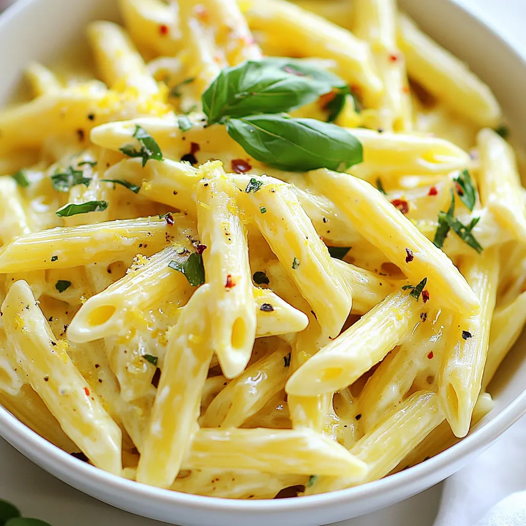 - Pasta: I recommend using 12 oz of penne or fusilli. Both shapes hold sauce well. They give each bite a creamy taste. You can use other pasta types, but these are my favorites. - Dairy: For this dish, you need 1 cup of crumbled feta cheese. It adds a salty flavor that brightens the meal. You will also need 1 cup of heavy cream. This makes the sauce rich and smooth. - Fresh Ingredients: Use 2 lemons for zest and juice. They add a fresh, tangy taste. You can also use fresh basil or parsley for garnish. They make the dish look pretty and tasty. - Seasoning: Include 1/2 teaspoon of red pepper flakes for a little heat. You will also need salt and black pepper to taste. These seasonings bring all the flavors together. This ingredient list is simple but powerful. Each part works together to create a dish that is fresh and creamy. {{ingredient_image_1}} To get that perfect al dente texture, follow these steps: - Boil a large pot of salted water. - Add 12 oz of penne or fusilli pasta. - Cook according to the package for 8-10 minutes. - Test by tasting a piece; it should be firm but not hard. Don't forget to reserve 1 cup of pasta water before you drain it. This water helps make the sauce creamy later. Now, let’s make the sauce that brings everything together. - In the same pot, heat 1/4 cup of olive oil over medium heat. - Add 3 minced garlic cloves and sauté for 1-2 minutes. Watch closely to avoid burning. - Lower the heat and stir in 1 cup of crumbled feta cheese and 1 cup of heavy cream. - Mix until the feta melts and the sauce is creamy. This is where the magic happens. - Add the zest and juice of 2 lemons into the sauce. - If the sauce feels too thick, mix in some reserved pasta water until you reach your desired creaminess. - Stir in 1/2 teaspoon of red pepper flakes, along with salt and black pepper to taste. - Let the sauce simmer for a couple of minutes. Now, toss the drained pasta into the sauce. Make sure every piece of pasta is coated. Serve hot, and garnish with fresh basil or parsley and grated Parmesan cheese if you like. Enjoy your delightful meal! To make your creamy lemon feta pasta shine, start with fresh ingredients. Fresh lemons and herbs bring bright notes to the dish. Use high-quality feta cheese for a rich taste. You can adjust the seasoning to fit your palate. I suggest tasting as you go. A little salt and black pepper can enhance the flavors. Be careful not to overcook the garlic. If you burn it, the dish will taste bitter. Sauté it just until fragrant. Another mistake is using too much pasta water. Adding a little at a time helps you control the sauce's thickness. Remember, it's easy to add more, but hard to take it out. Having the right tools makes cooking easier. Use a large pot for boiling pasta. A sturdy wooden spoon is great for mixing. A microplane works well for zesting lemons. Ensure you have a good knife for chopping garlic and herbs. A measuring cup is key for keeping track of your ingredients. Pro Tips Use Fresh Lemons: Freshly squeezed lemon juice and zest will provide a brighter and more vibrant flavor compared to bottled options. Adjust the Creaminess: If you prefer a lighter sauce, you can substitute half of the heavy cream with low-fat milk or Greek yogurt. Customize the Heat: Adjust the amount of red pepper flakes to control the spiciness of the dish according to your taste. Perfect Pasta Timing: Make sure to drain the pasta just before it reaches al dente, as it will continue to cook when tossed with the sauce. {{image_2}} If you want a dairy-free dish, try using cashew cream instead of heavy cream. Soak raw cashews in water for a few hours, then blend them into a smooth cream. For feta, use crumbled tofu mixed with nutritional yeast and lemon juice. This will give you a similar flavor without dairy. You can make this pasta even better with tasty add-ins. Fresh spinach or cherry tomatoes add color and nutrition. For extra protein, consider grilled chicken or shrimp. Both options work well and make the meal more filling. You can even add cooked chickpeas for a vegetarian protein boost. Pair your creamy lemon feta pasta with a light salad. A simple green salad with olive oil and lemon works well. For drinks, consider a crisp white wine like Sauvignon Blanc. It complements the lemon flavor nicely. You can also serve sparkling water with lemon slices for a refreshing touch. To keep your Creamy Lemon Feta Pasta fresh, store it in the fridge. Use an airtight container. This helps prevent the pasta from drying out. Make sure the pasta cools before you seal it. It will last for about 3-4 days in the fridge. If you want to keep it longer, consider freezing it. Just know that freezing may change the texture a bit. When reheating, you can use a microwave or stove. For the microwave, place the pasta in a bowl. Add a splash of water or cream to keep it moist. Heat it in short bursts, stirring in between. On the stove, gently warm it in a pan. Again, add a little water or cream to keep it from drying. This way, you enjoy the same great flavor and texture! Yes, you can use whole wheat or gluten-free pasta! Whole wheat pasta adds a nutty flavor and extra fiber. Gluten-free pasta works well too. Just make sure to cook it according to the package's instructions for the best texture. To thicken the sauce, you have a few options. First, reduce the sauce by simmering it longer. This cooks off some liquid and makes it thicker. You can also add more feta cheese. As it melts, it will create a creamier sauce. If you want a rich touch, consider adding a bit of cream cheese. I love serving this pasta with a simple green salad. A salad with fresh greens and a light vinaigrette pairs well. You can also serve garlic bread or roasted vegetables on the side. These options round out the meal nicely. Yes, you can make this recipe ahead of time! Cook the pasta and sauce separately. Store them in the fridge. When you're ready to eat, heat them together. If the sauce is too thick, add a bit of pasta water to loosen it. This saves time on busy nights! This blog post covered how to make a delicious Creamy Lemon Feta Pasta. We explored important ingredients, cooking steps, and useful tips. Remember, fresh ingredients enhance flavor. Avoid common mistakes, like overcooking garlic or using too much pasta water. You can customize the dish with various add-ins or alternatives. Don’t forget about proper storage and reheating to keep your pasta tasty. Enjoy trying this recipe, making it your own with every twist!