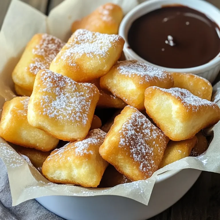 To make vanilla French beignets, you will need: - 2 cups all-purpose flour - 1/4 cup granulated sugar - 1 tablespoon baking powder - 1/2 teaspoon salt - 1/2 teaspoon ground cinnamon - 2 large eggs - 3/4 cup whole milk - 1 teaspoon pure vanilla extract - 2 tablespoons unsalted butter, melted - Oil for frying (vegetable or canola) - Powdered sugar for dusting Using high-quality ingredients makes a huge difference. Fresh flour gives a better texture. Look for pure vanilla extract instead of imitation. It enhances the flavor. Choose whole milk for creaminess, as it helps the beignets taste rich and soft. When frying, use fresh oil. Old oil can change the taste. You can swap some ingredients if needed. For a gluten-free option, use gluten-free flour. You can replace whole milk with almond or oat milk. If you want less sugar, use coconut sugar. You can also try different extracts, like almond or hazelnut, for a twist. {{ingredient_image_1}} Start by taking a large bowl. In it, whisk together the flour, sugar, baking powder, salt, and ground cinnamon. Make sure everything blends well. This step sets the base for your beignets. The flour gives structure, while the sugar adds sweetness. The baking powder helps them puff up, and cinnamon adds warmth. In another bowl, beat the eggs until mixed. Then, add the whole milk, pure vanilla extract, and melted butter. Mix this until fully combined. This mixture brings moisture and flavor to your beignets. The vanilla extract gives a lovely aroma that makes them special. Now, heat the oil in a deep frying pot or large saucepan. Aim for a temperature of 350°F (175°C). You can test this by dropping a bit of batter into the oil. It should bubble and rise. Carefully drop small dollops of batter, about 2 tablespoons each, into the hot oil. Do not overcrowd the pan; this helps them cook evenly. Fry each side until golden brown, about 2-3 minutes. Once done, use a slotted spoon to remove them and place them on a paper towel-lined plate to absorb extra oil. Dust them with powdered sugar before serving. Enjoy the light and fluffy treat! Frying beignets needs the right oil temperature. The ideal heat is 350°F (175°C). If the oil is too hot, they burn quickly. If it’s too cool, they absorb too much oil. Test by dropping a bit of batter into the oil. If it bubbles and floats, you're good! Use a thermometer to be precise. One mistake is overmixing the batter. It’s okay to have lumps! Overmixing makes them tough instead of light. Another common error is overcrowding the pan. Fry only a few at a time. This helps them cook evenly and stay fluffy. Lastly, let them cool slightly before dusting with powdered sugar to avoid melting. To make your beignets extra light and fluffy, use fresh baking powder. This ensures they rise well while frying. Also, try adding a bit more vanilla extract for a richer flavor. Don’t skip the melted butter; it adds moisture and taste! Lastly, serve them warm for the best experience. Enjoy each bite! Pro Tips Use a Candy Thermometer: To ensure your oil is at the perfect frying temperature, use a candy thermometer. This will help you achieve that golden brown color without undercooking or burning your beignets. Rest the Dough: For an even fluffier texture, let the batter rest for about 10 minutes before frying. This allows the baking powder to activate fully, resulting in lighter beignets. Experiment with Flavors: Feel free to infuse your beignets with different flavors by adding citrus zest or flavored extracts like almond or hazelnut to the batter for a unique twist. Keep Them Warm: If you’re frying in batches, keep the cooked beignets warm in a low oven (around 200°F or 95°C) while you finish frying the rest. This ensures they are all served warm and delicious. {{image_2}} You can add fun flavors to your beignets. Try mixing in chocolate or fruit. For chocolate, add mini chocolate chips to the batter. For fruit, mash ripe bananas or berries. This will change the taste and make them special. You can also use flavored extracts, like almond or orange, instead of vanilla. If you want a healthier option, try baking your beignets. Preheat the oven to 375°F (190°C). Shape the dough into small balls and place them on a lined baking sheet. Bake for about 12-15 minutes until golden brown. You won’t get the same crispy texture, but they will still be tasty. Serve your beignets warm for the best experience. Place them in a basket lined with parchment paper. Dust with powdered sugar. You can add a small dish of chocolate sauce or caramel for dipping. Fresh fruit or whipped cream also makes a nice touch. Enjoy them as a snack or dessert! Store leftover beignets in an airtight container. This keeps them fresh. Place parchment paper between layers to avoid sticking. They stay good for about two days at room temperature. If you want them to last longer, refrigeration is an option. Just know they may lose some of their lightness. To reheat, place beignets in a preheated oven at 350°F (175°C). Bake for about 5 to 7 minutes. This makes them warm and slightly crispy again. You can also microwave them for 10 to 15 seconds. However, they may become soft, so the oven is best. You can freeze beignets for up to a month. First, let them cool completely. Then, place them in a single layer on a baking sheet. Freeze until solid, then transfer them to a freezer bag. When ready to eat, thaw them in the fridge overnight. Reheat as mentioned above for the best results. French beignets differ from donuts in their texture and shape. Beignets are light and airy. They use a simple batter that puffs up when fried. Donuts often have a richer dough and may include yeast. Beignets are usually square or rectangular. Donuts come in many shapes, often with holes in the center. The main difference lies in how they feel. Beignets give a soft, pillowy bite, while donuts can be denser. Yes, you can make beignets in advance. However, they are best fresh. If you want to prep ahead, mix the dry and wet ingredients separately. Store them in the fridge. When you are ready to fry, combine them and cook. You could also fry them, cool, and freeze. Just reheat in the oven when ready to serve. This keeps them tasty, but fresh is always better. For frying beignets, use vegetable or canola oil. Both have a high smoke point, which is great for frying. They also have a neutral flavor, letting the vanilla shine through. Avoid oils like olive oil, as they can burn easily. Make sure to heat the oil to 350°F (175°C) for the best results. This helps the beignets cook evenly and become golden brown. You learned the key ingredients for making perfect beignets. Quality matters, and substitutions can save the day. I walked you through mixing, preparing, and frying them just right. Remember to fry at the right temperature and avoid common mistakes for the best results. You can try fun flavors and cooking methods too. Proper storage keeps leftovers fresh, while reheating and freezing tips help you enjoy them later. Keep these tips handy, and you’ll make delicious beignets every time. Enjoy sharing them with family and friends!