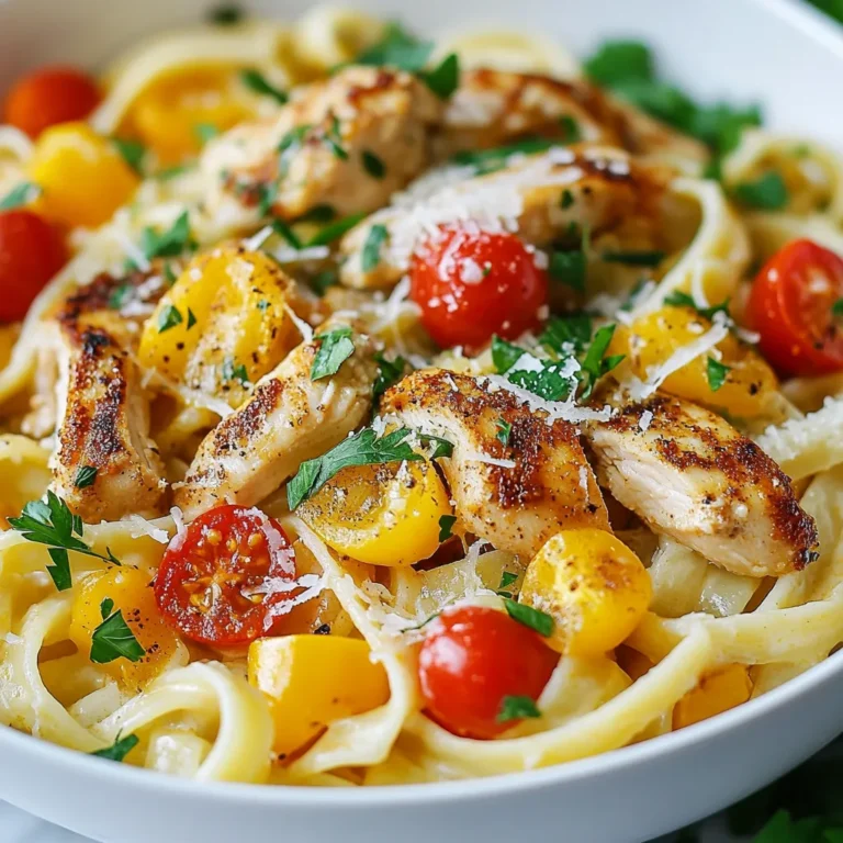 To make creamy Cajun chicken pasta, you will need: - 2 boneless, skinless chicken breasts - 8 oz fettuccine pasta - 2 tablespoons Cajun seasoning - 2 tablespoons olive oil - 1 small onion, diced - 3 cloves garlic, minced - 1 cup heavy cream - 1 cup chicken broth - 1 cup bell peppers (red, yellow, green), sliced - 1 cup cherry tomatoes, halved - ½ cup grated Parmesan cheese - Salt and pepper to taste - Fresh parsley, chopped (for garnish) These ingredients create a bold flavor. The Cajun seasoning gives the dish a spicy kick. The cream adds richness, making it delightful. To elevate your pasta, consider these enhancements: - Smoked paprika for a deeper flavor - Red pepper flakes for extra heat - Fresh herbs like thyme or basil for freshness These options let you customize the dish. You can adjust the spice level to your taste. A little extra seasoning can make a big difference. Garnishing adds a nice touch to your dish. Try these ideas: - Chopped green onions for a fresh bite - Additional grated Parmesan for creaminess - A drizzle of olive oil for richness These garnishes enhance the look and flavor. They make your creamy Cajun chicken pasta even more inviting. Enjoy the bright colors and flavors on your plate! {{ingredient_image_1}} To start, fill a large pot with water. Add a good amount of salt. Bring the water to a boil. Once it boils, add the fettuccine. Cook it according to the package instructions until it is al dente. This usually takes about 8-10 minutes. When done, drain the pasta and set it aside. While your pasta cooks, it’s time to prepare the chicken. Take the two chicken breasts and season both sides with Cajun seasoning, salt, and pepper. This adds great flavor. In a large skillet, heat olive oil over medium-high heat. Once hot, add the seasoned chicken. Cook for about 5-7 minutes on each side, until it is golden brown and fully cooked. After that, remove the chicken from the skillet and let it rest. In the same skillet, add the diced onion. Sauté it for about 2-3 minutes until it turns translucent. Next, toss in the minced garlic and sliced bell peppers. Cook this mix for an additional 3-4 minutes until the peppers soften. Pour in the chicken broth and heavy cream, stirring to combine. Bring the sauce to a gentle simmer. Let it thicken for about 3-5 minutes. Now, slice the grilled chicken into strips. Return it to the skillet along with the cooked fettuccine and halved cherry tomatoes. Toss everything until it’s all coated in the creamy sauce. Finally, stir in the grated Parmesan cheese until it melts. Adjust the seasoning with salt and pepper, if needed. Serve this dish hot, garnished with freshly chopped parsley for a nice touch. To get juicy chicken, start with boneless, skinless breasts. Season both sides well with Cajun seasoning, salt, and pepper. Sear the chicken in olive oil over medium-high heat. Cook for 5-7 minutes on each side. You want a golden brown color. Let the chicken rest after cooking. This keeps it moist inside. Slice it just before adding to the pasta. For a rich and creamy sauce, use heavy cream and chicken broth. After sautéing the vegetables, pour in the broth first. Then add the cream. Stir well to mix. Let it simmer gently for 3-5 minutes. This helps the sauce thicken. If it’s too thick, add a little extra broth. If too thin, let it cook longer. The right consistency should coat the pasta well. To boost flavor, think about adding extra spices. A dash of smoked paprika or cayenne can add more heat. You can also mix in some fresh herbs like thyme or oregano. If you want some tang, squeeze a bit of lemon juice into the sauce. Taste your dish before serving. Adjust the salt and pepper to your liking. Add more Parmesan for a cheesy kick. These tweaks can make your creamy Cajun chicken pasta even better! Pro Tips Use Quality Chicken: Opt for organic or free-range chicken breasts for a more flavorful and tender result. Customize the Spice Level: Adjust the amount of Cajun seasoning to suit your taste; you can add more for extra heat or less for a milder dish. Add More Veggies: Feel free to incorporate other vegetables like zucchini or spinach for added nutrition and color. Let the Sauce Simmer: Allow the sauce to simmer longer for a thicker consistency, which helps it cling better to the pasta. {{image_2}} You can easily make a vegetarian version of this dish. Just swap the chicken for hearty vegetables. Good choices are mushrooms, zucchini, or eggplant. These will soak up the Cajun flavors well. You can also use plant-based cream for a rich texture. Try a mix of bell peppers and spinach to brighten the dish. For seasoning, keep the Cajun spice to maintain that signature kick. If you want to change the protein, you have many tasty options. Shrimp works great in this recipe. Cook the shrimp until pink and tender. You can also try smoked sausage for a different flavor. Slice it and cook it with the veggies. This adds a nice smoky taste. Each protein brings its own twist to the creamy sauce. You can play with the sauce too. Instead of heavy cream, use Greek yogurt for a lighter twist. It adds creaminess with fewer calories. You could also try a tomato-based sauce if you like a tangy kick. Just sauté the garlic and onion first, then add crushed tomatoes. This gives the dish a fresh and vibrant flavor. Don't forget to adjust the seasoning with salt and pepper. To store your creamy Cajun chicken pasta, let it cool first. Then, place it in an airtight container. Make sure to seal it well to keep the flavors fresh. You can store it in the fridge for up to three days. If you think you won’t eat it that fast, freezing is a great option. When reheating, add a splash of chicken broth or cream. This helps keep the pasta creamy. Heat it gently in a skillet over low heat. Stir often to avoid sticking. You can also use a microwave. Just cover it loosely to prevent splatters. Heat in short bursts, stirring each time. To freeze the pasta, divide it into portions. Use freezer-safe bags or containers. Remove as much air as you can before sealing. Label each bag with the date. You can freeze the pasta for up to three months. When ready to eat, thaw it in the fridge overnight. Then, reheat it as mentioned above. Enjoy your delicious meal later! Cajun seasoning is a mix of spices. It usually includes paprika, garlic powder, onion powder, and black pepper. You might also find cayenne pepper for heat. This mix gives food a warm, spicy flavor. It adds a kick to dishes like our creamy Cajun chicken pasta. You can buy it or make your own blend at home. Yes, you can make this recipe ahead of time. Cook the pasta and chicken, then store them separately. Keep the sauce in a container, too. When ready to eat, just reheat everything. This way, you can enjoy a tasty meal anytime. It’s great for busy weeknights or meal prep. If you want a lighter option, use half-and-half or whole milk. Coconut milk works well too for a dairy-free choice. You can also blend silken tofu with a splash of broth for a creamy texture. Each option changes the flavor slightly but keeps the dish rich and delicious. In this article, I covered how to make creamy Cajun chicken pasta. We discussed key ingredients, step-by-step cooking tips, and creative variations. You learned the secret to a perfect sauce and texture for the chicken. Storing leftovers and reheating options were also shared. I hope you feel confident to try this dish. Enjoy the cooking process and make it your own!