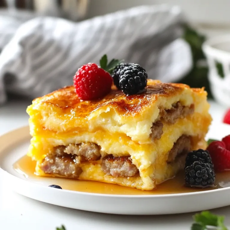 - 8 breakfast sausage links - 6 large eggs - 2 cups milk - 1 teaspoon vanilla extract - 2 cups pancake mix - 1/4 cup brown sugar - 1 teaspoon baking powder - 1/2 teaspoon cinnamon - 1/4 teaspoon salt - Maple syrup (for drizzling) - Fresh berries (for garnish, optional) For breakfast sausage, I love using brands like Johnsonville or Jimmy Dean. They offer great flavor. For pancake mix, you can't go wrong with Bisquick or Aunt Jemima. They make preparation simple. If you prefer organic or higher-quality options, check out Bob's Red Mill products. They focus on wholesome ingredients. If you have egg allergies, try a flaxseed meal or chia seed mix. Combine one tablespoon of flaxseed or chia seeds with three tablespoons of water. Let it sit for five minutes to thicken. For milk, use almond milk or oat milk for a dairy-free option. If gluten is a concern, opt for a gluten-free pancake mix. There are many good brands available today. {{ingredient_image_1}} First, set your oven to 350°F (175°C). This heat helps the casserole cook evenly. While it heats, take a 9x13-inch baking dish and lightly grease it. I like to use cooking spray for easy cleanup. This step stops the casserole from sticking. Next, grab some breakfast sausage links. Heat a skillet over medium heat. Place the sausage links in the skillet. Cook them for about 8-10 minutes. You want them to be browned and fully cooked. Once done, remove them from the heat. Slice the sausages into bite-sized pieces. This makes it easy to mix in later. Now, it's time to make the batter. In a large bowl, crack 6 large eggs. Add 2 cups of milk and 1 teaspoon of vanilla extract. Then, sprinkle in 1/4 cup of brown sugar. Whisk these ingredients together until they blend well. Next, add the dry ingredients. Pour in 2 cups of pancake mix, 1 teaspoon of baking powder, 1/2 teaspoon of cinnamon, and 1/4 teaspoon of salt. Mix gently until combined. Don’t worry if there are lumps. Finally, fold in the cooked sausage pieces. This gives the batter a hearty flavor. Now, pour this mixture into your greased baking dish. Spread it evenly. Your casserole is ready for the oven. To make your casserole light and fluffy, do not overmix the batter. A few lumps are fine. This keeps the pancakes airy. Use fresh ingredients, especially eggs and milk, for the best results. Make sure the sausage is cooked through, so it adds flavor without making the dish greasy. Add a pinch of nutmeg along with the cinnamon for warmth. You can also mix in some chopped herbs, like chives or parsley, for a fresh taste. If you like a bit of heat, try adding crushed red pepper flakes. This creates a fun flavor twist that surprises your guests. Serve the casserole warm, drizzled with maple syrup for sweetness. Fresh berries add color and freshness to the plate. You can also pair it with yogurt for creaminess. For a brunch with friends, consider adding a fruit salad or a simple green salad on the side. Enjoy your meal with a hot cup of coffee or tea! Pro Tips Use Fresh Sausage: For the best flavor, opt for fresh breakfast sausage instead of pre-cooked links. It adds a savory richness to your casserole. Let It Rest: After baking, allow the casserole to rest for about 5-10 minutes before slicing. This helps it set and makes for cleaner cuts. Customize Your Toppings: Feel free to add your favorite toppings like shredded cheese or chopped green onions for extra flavor and texture. Check for Doneness: To ensure your casserole is fully cooked, check that the center is set and a toothpick comes out clean when inserted. {{image_2}} You can easily make a meatless version of this dish. Swap out the sausage for veggie sausage. You can also add in some sautéed vegetables. Spinach, bell peppers, or mushrooms work well. They add flavor and nutrients. You can also use a plant-based milk to keep it dairy-free. To change the flavor, try adding spices. For a spicy kick, mix in some diced jalapeños. You can also add shredded cheese for a cheesy twist. Cheddar or pepper jack blends nicely with the pancake batter. Herbs like chives or parsley can add freshness. Experiment with different flavors that you enjoy. If you need a gluten-free option, use a gluten-free pancake mix. Many good brands are available in stores. Just follow the package instructions for the best results. You can also make your own mix from gluten-free flour, baking powder, and salt. This way, you can enjoy this dish without the gluten. To store leftovers, let the casserole cool down first. Then, cut it into pieces. Place the slices in an airtight container. Refrigerate the container for up to three days. This keeps the casserole fresh and safe to eat. When you are ready to eat, take a slice from the fridge. Place it on a microwave-safe plate. Heat it in the microwave for about one minute. Check to see if it is warm. If not, heat it for an additional 30 seconds. You can also reheat it in the oven. Preheat the oven to 350°F. Cover the slice with foil and bake for about 10 minutes. You can freeze this casserole for later meals. First, let it cool completely. Cut it into individual portions. Wrap each slice tightly in plastic wrap. Then, place the wrapped slices in a freezer-safe bag. Label the bag with the date. You can freeze the casserole for up to three months. When you are ready to eat, thaw it in the fridge overnight before reheating. Yes, you can make this casserole ahead of time. Prepare it up to the baking step. Cover it and keep it in the fridge for about 24 hours. When you are ready, bake it straight from the fridge. You might need to add a few extra minutes to the baking time. This makes mornings easier and more fun! To check if your casserole is done, look for a golden top. Insert a toothpick into the center. If it comes out clean, it is ready. The edges should also pull away slightly from the dish. This means it baked perfectly. Yes! You can use different sausages to change the flavor. Try spicy sausage for a kick. Chicken or turkey sausage are great lighter options. Even veggie sausage works well for a meatless dish. Just cook them first before adding to the mix. This keeps everything tasty and safe to eat. This blog post covered the key steps to make a tasty pancake sausage breakfast casserole. We discussed essential ingredients, cooking methods, and useful tips for perfecting the dish. You learned about different variations, storage tips, and answered common questions. As you cook, remember to have fun and make it your own. Adjust flavors and try new ingredients. Enjoy sharing this cozy dish with family and friends for breakfast any day!