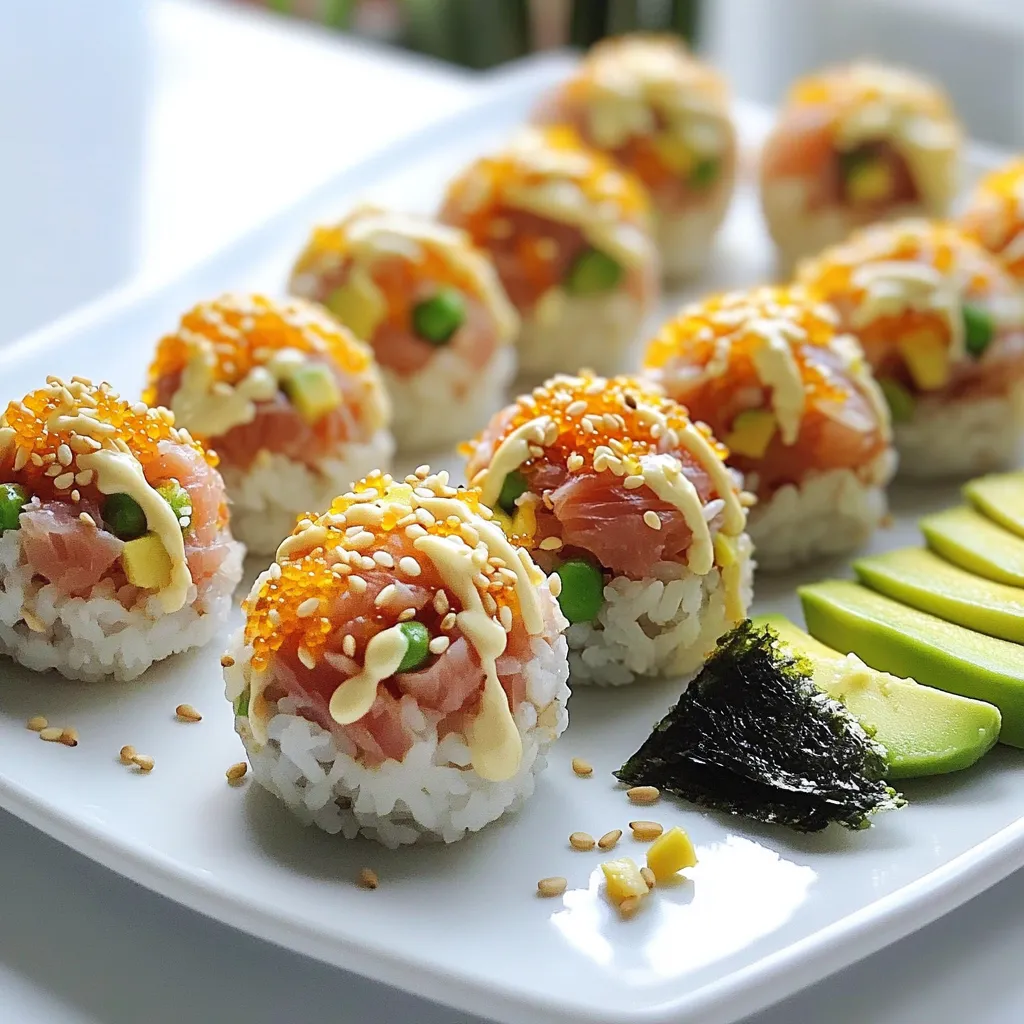 - 1 cup sushi rice - ½ pound sushi-grade tuna, diced - 2 tablespoons mayonnaise - 1 tablespoon Sriracha sauce - 1 tablespoon soy sauce - 1 teaspoon sesame oil - 1 green onion, finely chopped - 1 sheet nori, cut into small squares - Sesame seeds for garnish - Avocado slices for serving (optional) - Medium saucepan - Mixing bowls - Measuring cups and spoons - Rolling surface Gather these ingredients and tools for your spicy tuna sushi balls. Each item plays a key role in making this dish simple and tasty. Sushi rice is the base. It gives a nice texture. Sushi-grade tuna is a must. It ensures safety and flavor. Mayonnaise adds creaminess. Sriracha gives the kick. Soy sauce brings saltiness. Sesame oil adds depth. Green onion gives a fresh bite. Nori adds a fun wrap. Sesame seeds are great for garnish, and avocado slices add a cool touch. With these ingredients ready, you will be set to make a delicious meal. - Rinse the sushi rice under cold water until it runs clear. This step is key. It removes extra starch and gives you great texture. - In a medium saucepan, mix the rinsed rice with 1 ¼ cups of water. Bring it to a boil over medium-high heat. Once it boils, turn the heat down low. Cover it and simmer for 15 minutes. The water should be gone at this point. Remove it from heat and leave it covered for 10 more minutes. - While the rice rests, let’s make the spicy tuna mixture. In a bowl, add ½ pound of diced sushi-grade tuna. Then, stir in 2 tablespoons of mayonnaise, 1 tablespoon of Sriracha sauce, 1 tablespoon of soy sauce, and 1 teaspoon of sesame oil. - Don’t forget the green onion! Add 1 finely chopped green onion. Mix it all well. You can adjust the Sriracha for more or less heat based on your taste. - Once the rice is cool enough to touch, wet your hands. This stops the rice from sticking. Take about 2 tablespoons of rice and flatten it in your palm. - Place a small spoonful of the spicy tuna mixture in the center. Carefully fold the rice around the filling. Roll it into a ball shape, ensuring the filling is fully encased. - Keep repeating this until you form all the sushi balls. - For the final touch, sprinkle sesame seeds on each sushi ball. Place a small square of nori on the side for a nice presentation. - You can serve these sushi balls on a plate. Adding avocado slices on the side is a great option. Rinsing the sushi rice is key. It removes excess starch. This step helps the rice become fluffy and not sticky. After rinsing, cover the rice and let it rest. This helps the rice absorb steam and become tender. You can adjust the Sriracha to your taste. If you want more heat, add more Sriracha. If you prefer less spice, use less. You can also try other spicy ingredients like chili oil or wasabi. These will give your sushi balls a unique kick. Wetting your hands while shaping the sushi balls is helpful. It stops the rice from sticking to your hands. Use a non-stick surface when rolling the balls. This makes it easier to shape them without mess. {{image_2}} You can switch the tuna for different fish. Salmon or crab works great. Both add unique flavors and textures. If you want a vegetarian option, use creamy avocado or crunchy cucumber. These choices keep the sushi balls fresh and tasty. Mix sesame seeds into the sushi rice for extra crunch. This simple change adds a nutty flavor. You can also try using other sauces. Teriyaki sauce gives a sweet and savory kick. Feel free to experiment with flavors to find your favorite. Dipping sauces are a must for sushi balls. Try soy sauce or spicy mayo for a flavor boost. These sauces complement the sushi perfectly. For side dishes, serve with seaweed salad or pickled ginger. These sides add freshness and balance to your meal. To keep your leftover sushi balls fresh, place them in the fridge. Use an airtight container to protect them from drying out. They are best enjoyed within one to two days. If you plan to keep them longer, consider freezing. You can freeze sushi balls for longer storage. Wrap each ball in plastic wrap and place them in a freezer-safe bag. This will help avoid freezer burn. When ready to eat, thaw them in the fridge overnight. For best results, eat them within one month. To reheat sushi balls, avoid using a microwave. Instead, place them in a warm oven for a few minutes. This helps maintain their texture and flavor. You can also warm them gently on a skillet. Enjoy them fresh for the best taste! Yes, you can use regular tuna, but it’s not the best choice. Sushi-grade tuna is safe to eat raw. It comes from healthy fish and is handled with care. Regular tuna may not be safe for raw use. It might taste different too. If you choose regular tuna, cook it first to avoid any health risks. If you need a substitute for Sriracha, try these options: - Chili garlic sauce offers heat and flavor. - Hot sauce can work too, but adjust the amount. - You can blend red pepper flakes with mayo for a quick fix. These alternatives can add spice without changing the dish too much. These sushi balls can last about 1 to 2 days in the fridge. Store them in an airtight container. Keep them away from strong smells to maintain fresh taste. The rice may get a little hard, so eat them soon for the best flavor. Yes, you can make these sushi balls ahead of time! Prepare the sushi balls and store them in the fridge. Just wait to add garnishes until you serve. It helps keep them fresh and tasty. This makes meal prep easy and fun. In this article, we explored how to make delicious spicy tuna sushi balls. You learned about the key ingredients, important kitchen tools, and followed step-by-step instructions. We also covered tips for perfect sushi rice and various filling options. In conclusion, making sushi balls at home is fun and easy. Customize them to your taste and enjoy. Don’t forget to share your creations and try different variations!