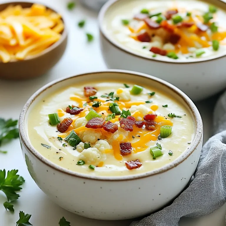 To make this tasty soup, you need some key ingredients. Here is what you will need: - 1 large head of cauliflower, chopped into florets - 4 cups vegetable broth - 1 cup heavy cream - 1 cup shredded sharp cheddar cheese - 4 oz cream cheese, softened - 1/2 cup cooked crispy bacon bits (optional) - 1 cup green onions, sliced (reserve some for garnish) - 2 cloves garlic, minced - 1 teaspoon onion powder - 1 teaspoon garlic powder - Salt and pepper to taste - 1 tablespoon olive oil - Fresh parsley, chopped (for garnish) These ingredients work together to create a rich and creamy flavor. The cauliflower serves as the base, giving a nice texture. The cheese adds a wonderful taste and creaminess. You can change this soup to suit your taste. Here are some optional ingredients: - Cooked sausage or ham for added protein - Different types of cheese, like gouda or mozzarella - Additional herbs, like thyme or rosemary - Spices, like paprika or cayenne for heat Feel free to mix and match these options. Each addition can give a new twist. If you have dietary needs, you can still enjoy this soup. Here are some easy swaps: - Use almond milk or coconut cream instead of heavy cream for dairy-free - Replace cream cheese with cashew cream for a vegan option - Use vegetable broth made from scratch for a low-sodium choice - Skip the bacon or use tempeh bacon for a vegetarian option These substitutes help keep the soup delicious while fitting your diet. Adjusting ingredients makes it easy for anyone to enjoy this meal. {{ingredient_image_1}} First, gather all your ingredients. You need a large head of cauliflower, vegetable broth, heavy cream, and shredded cheddar cheese. Don’t forget the cream cheese, bacon bits, green onions, garlic, and spices. Chop the cauliflower into florets. Slice the green onions, keeping some for garnish. Mince the garlic. This prep makes cooking easier and faster. In a large pot, heat the olive oil on medium heat. Add the minced garlic and stir for one minute. The smell will be amazing! Next, add the cauliflower florets and stir for 2-3 minutes. Pour in the vegetable broth and bring it to a gentle boil. Cover and let it simmer for 15-20 minutes. The cauliflower should be tender when done. Once the cauliflower is soft, use an immersion blender to purée the soup until smooth. If you don’t have one, carefully transfer the soup to a regular blender in batches. Return the smooth soup to the pot. Stir in the heavy cream, cream cheese, onion powder, garlic powder, salt, and pepper. Heat it on low, stirring often. Add the shredded cheddar cheese and let it melt. Finally, mix in the bacon bits and sliced green onions. Taste it, and adjust the seasoning if needed. Serve hot, garnished with extra green onions, parsley, and cheese if you want. Enjoy! To get a super creamy soup, start with the right cauliflower. Use fresh florets for the best taste. Steam the cauliflower until it is soft. This helps it blend well. Use an immersion blender for a smooth mix. If you don’t have one, a regular blender works, too. Just make sure to let it cool a bit before blending. Always add heavy cream and cream cheese slowly. This helps them mix in better. Adding herbs can boost the soup's taste. Fresh parsley adds brightness. Green onions give a nice crunch. For more depth, sauté the garlic until golden. Onion powder and garlic powder are must-haves for flavor. If you want a smoky touch, add crispy bacon bits. They pair great with the creamy base. Don’t forget to taste as you cook. Adjust salt and pepper to make it perfect. One common mistake is overcooking the cauliflower. It should be tender but not mushy. If you blend it too long, the soup can become too thin. Avoid adding all the cheese at once. It can clump together and not melt well. Always taste before serving. You might need more seasoning. Lastly, don’t skip garnishing. A sprinkle of green onions or parsley makes a big difference. Pro Tips Use Fresh Cauliflower: Fresh cauliflower gives the best flavor and texture. Look for firm, white heads without blemishes. Adjust Thickness: If you prefer a thicker soup, add less vegetable broth or blend for a longer time to achieve your desired consistency. Flavor Boost: For an added depth of flavor, consider roasting the cauliflower florets before adding them to the soup. Customize Toppings: Feel free to get creative with toppings! Try adding avocado, jalapeños, or a drizzle of olive oil for extra flavor. {{image_2}} To make a vegetarian version, simply leave out the bacon bits. This soup tastes great without them. You can still enjoy the creamy texture and rich flavors. Add more green onions for a nice crunch. You can also toss in some mushrooms for added depth. They pair well with the cauliflower and add umami flavor. If you need a dairy-free soup, swap the heavy cream and cream cheese for coconut cream. Use a plant-based cheese that melts well. Check labels to ensure they fit your diet. You can also use almond milk instead of heavy cream. This keeps the soup creamy without dairy. Adjust the spices to balance the coconut flavor. You can add various ingredients to enhance the flavor. Consider adding roasted red peppers for sweetness. They add a nice color and taste to the soup. A dash of smoked paprika gives a warm, smoky flavor. For some heat, toss in red pepper flakes. You can also mix in spinach or kale for added nutrients. These greens blend well and boost the overall healthiness of the meal. To keep your Keto Loaded Cauliflower Soup fresh, store it in airtight containers. Make sure to let the soup cool down to room temperature first. This step helps prevent condensation inside the container. You can keep it in the fridge for about 3 to 4 days. If you want to store it for longer, freezing is a great option. When you are ready to enjoy your leftover soup, reheat it on the stove over low heat. Stir it often to keep it smooth and creamy. You can also microwave it in a bowl. Just cover it loosely, so steam can escape. Heat it in short bursts, stirring between each. This method helps keep the flavors bright and fresh. For freezing, pour the cooled soup into freezer-safe bags or containers. Leave some space at the top, as soup expands when frozen. Label the bags with the date and type of soup. You can freeze it for up to 3 months. When you're ready to eat it, thaw it overnight in the fridge. After that, reheat it on the stove or in the microwave. To add heat to your Keto Loaded Cauliflower Soup, try these options: - Add red pepper flakes for a kick. - Stir in some hot sauce to suit your taste. - Use diced jalapeños for a fresh, spicy flavor. You can also sauté the minced garlic with diced chili peppers. This will infuse the soup with heat right from the start. Just be careful not to overdo it. You can always add more spice later. This soup packs a nutritious punch while keeping it low in carbs. Here’s a quick breakdown per serving: - Calories: Approximately 350 - Total Fat: 30g - Saturated Fat: 18g - Carbohydrates: 9g - Fiber: 3g - Protein: 12g These numbers may vary based on exact ingredients and portions. The soup is rich in healthy fats, making it perfect for a keto diet. It's both filling and satisfying. Yes, you can make this soup ahead of time! The flavors deepen as it sits. To prepare in advance: - Cook the soup and let it cool. - Store it in an airtight container in the fridge for up to three days. When ready to serve, reheat gently on the stove. Stir well to bring the soup back to life. If you find it too thick, add a splash of broth or cream to adjust the consistency. Keto Loaded Cauliflower Soup offers rich flavor and easy prep. We covered the key ingredients, preparation steps, and tips for a creamy texture. Don't forget the variations to cater to different diets. Store leftovers properly to keep them tasty for later. Overall, this soup is versatile and satisfying. You can enjoy it hot or cold, making it great for any meal. Now, it’s time to get cooking and enjoy every spoonful!
