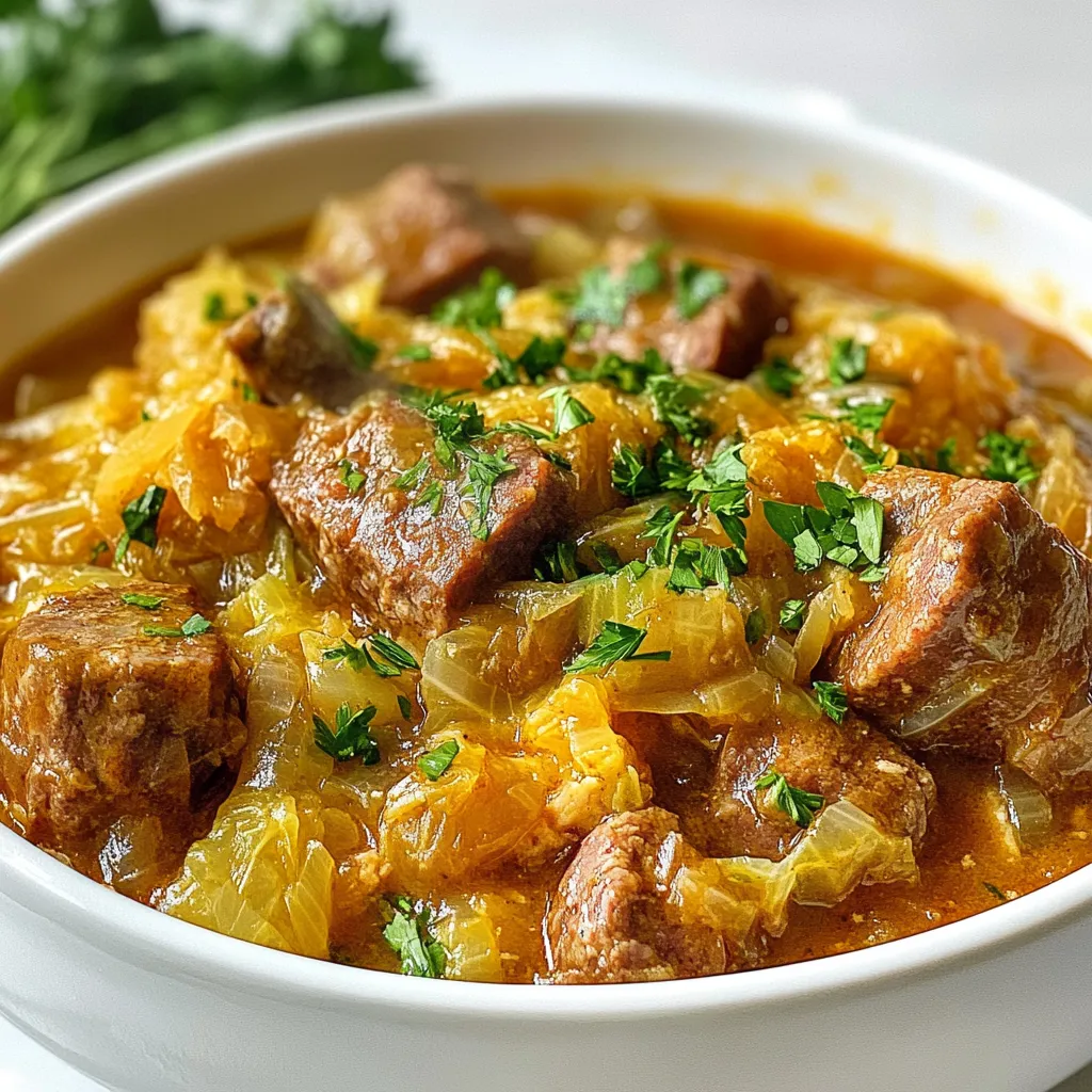 - 1 lb sauerkraut, drained and rinsed - 1 lb fresh green cabbage, chopped - 1 lb beef chuck, diced - 1 lb smoked sausage, sliced - 1 large onion, finely chopped - 3 cloves garlic, minced - 2 carrots, grated - 1 tbsp tomato paste - 2 bay leaves - 1 tsp dried thyme - 1 tsp caraway seeds - 4 cups beef or vegetable broth - 2 tbsp vegetable oil - Salt and pepper to taste - Fresh parsley, for garnish I love using sauerkraut and green cabbage for Bigos. They add a great tang and crunch. The beef chuck gives a rich flavor. Smoked sausage adds depth and a nice smokiness. Onions and garlic bring sweetness and aroma. Carrots add color and mild sweetness. Tomato paste enhances the stew’s taste. Bay leaves, thyme, and caraway seeds bring warm herbs to the dish. Broth adds moisture and flavor. I prefer fresh ingredients for Bigos. Fresh cabbage and carrots taste better. They hold up well during cooking. Canned sauerkraut is fine, but rinse it well. It helps reduce the saltiness. If you use canned broth, check the label for sodium levels. Fresh parsley brightens the dish. It adds a pop of color and freshness when served. {{ingredient_image_1}} 1. Start by gathering your ingredients. You need sauerkraut, fresh cabbage, beef chuck, and smoked sausage. 2. Chop the onion finely and mince the garlic cloves. Grate the carrots and set them aside. 3. Rinse the sauerkraut under cold water and drain it well. This helps reduce the sour taste. 4. Cut the beef chuck into small, even cubes. This helps it cook evenly. 5. Slice the smoked sausage into bite-sized pieces. This allows for great flavor in each bite. 1. Heat the vegetable oil in a large pot over medium heat. Add the chopped onion and sauté until soft. This takes about 5 minutes. 2. Next, add the minced garlic and cook for about one minute. You want it fragrant but not burnt. 3. Add the diced beef chuck to the pot. Cook it until all sides are browned, about 6 to 7 minutes. 4. Stir in the sliced smoked sausage. Cook for another 5 minutes to let its flavors mix in. 5. Mix in the grated carrots and tomato paste. Stir well to combine all the ingredients. 6. Add the chopped green cabbage and rinsed sauerkraut. Mix everything together until well combined. 7. Pour in the beef or vegetable broth. Add bay leaves, thyme, caraway seeds, salt, and pepper. Stir to mix. 8. Bring the stew to a gentle simmer. Cover the pot and reduce the heat to low. 9. Let it cook for about 1.5 to 2 hours. Stir occasionally to prevent sticking. 10. Before serving, taste the Bigos. Adjust the seasoning if needed. - For the stovetop, follow the steps above. Keep an eye on it and stir often. - For a slow cooker, brown the meat and onions first. Then transfer everything to the slow cooker. - Set the slow cooker on low for 6 to 8 hours. This makes the flavors even better! - Always taste the Bigos before serving. Adjust seasoning for the best flavor. To make Polish Bigos stew truly shine, focus on layering flavors. Start with good quality meat. Use beef chuck and smoked sausage for rich taste. Sauté onions until soft. This brings out their natural sweetness. Add garlic next; it adds depth. Don't rush this step. Let the stew simmer slowly. This helps all the flavors meld together beautifully. Use fresh herbs when possible. They elevate the dish. For a touch of brightness, add a splash of vinegar before serving. One common mistake is cooking the stew too fast. This can lead to tough meat. Always simmer on low heat for the best results. Another mistake is not seasoning enough. Taste as you cook. Adjust salt and pepper to your liking. Avoid using too much liquid. You want a hearty consistency, not soup. Lastly, don’t skip the resting time. Letting the stew sit enhances the flavors even more. Serve your Bigos in deep bowls. Garnish with fresh parsley for color. Pair it with crusty bread for dipping. This adds texture and flavor. If you want a side, try pickles. They bring a nice crunch. For a drink, a light beer or cider works well. It balances the stew's richness. Enjoy your meal with family and friends. Bigos is all about sharing! Pro Tips Choose Your Meats Wisely: Using a combination of beef chuck and smoked sausage adds depth of flavor to the stew. Feel free to experiment with other meats, like pork or turkey, for different tastes. Let It Simmer: The longer you let the Bigos stew simmer, the better the flavors meld together. If you have the time, consider making it a day in advance and reheating it for an even richer taste. Adjust the Sourness: Depending on your preference, you can adjust the amount of sauerkraut used. For a milder flavor, use less; for a tangier dish, add more. Taste as you go! Perfect Pairing: Bigos pairs wonderfully with crusty bread or rye bread. Serve with a side of pickles or a light salad to balance the hearty stew. {{image_2}} You can create a tasty vegetarian version of Bigos. Replace the meat with hearty veggies. Use mushrooms for a rich flavor. Add lentils or beans for protein. This keeps the stew filling and healthy. Don't forget to use vegetable broth instead of beef broth. You can also add tofu for extra texture. Bigos is flexible with meats. You can mix different types for new flavors. Try using pork, turkey, or even chicken. Each meat brings its own taste. If you want a smoky flavor, use smoked sausage. I love adding a mix of meats for depth in taste. The more variety, the better! Feel free to experiment with seasonings. Besides thyme and caraway seeds, try adding paprika for warmth. You can also use bay leaves for added depth. Some people enjoy a dash of hot sauce for a kick. Want more veggies? Toss in bell peppers or potatoes. These changes can make your Bigos unique! After enjoying your Bigos stew, let it cool down. Use airtight containers to keep it fresh. Store leftovers in the fridge for up to three days. Make sure to label your containers with the date. This way, you can track how long it has been stored. Want to save some for later? Bigos freezes well! Pour the cooled stew into freezer-safe bags or containers. Remove as much air as you can before sealing. Label your bags with the date. You can freeze Bigos for up to three months. When you’re ready to eat it, just pull it out of the freezer. To reheat Bigos, use a pot on the stove. Add a splash of broth or water to keep it moist. Heat it over medium-low heat, stirring occasionally. You can also use the microwave. Place it in a microwave-safe dish and cover it. Heat in short bursts, stirring in between. Make sure it reaches a safe temperature before serving. Enjoy your hearty meal again! Bigos is a traditional Polish stew. It blends sauerkraut and meat for rich flavor. You can find it made with different meats, like beef and sausage. The mix of cabbage and spices adds depth. This stew warms you up on cold days. It's also known as "hunter's stew" for its hearty nature. Yes, you can make Bigos ahead of time. In fact, it tastes better after a day. The flavors meld and become more intense. Store it in the fridge for up to three days. You can also freeze it for longer storage. Just let it cool before packing it up. To make Bigos spicier, add hot sausage or chili flakes. You can also mix in some diced jalapeños. Adjust the heat to your taste. Start with small amounts and taste as you go. This stew is flexible, so feel free to experiment with spices. Bigos can be gluten-free, depending on the meat and broth you use. Check labels on packaged broth and sausage. Use gluten-free broth and sausage for a safe option. The vegetables and sauerkraut are naturally gluten-free. Always confirm ingredients if you're sensitive to gluten. Bigos pairs well with crusty bread or rye bread. You can also serve it with boiled potatoes or dumplings. A side of pickles or a fresh salad adds crunch. For drinks, try a light beer or a glass of red wine. Enjoy the stew in deep bowls for a cozy meal. In this article, we explored the rich world of Bigos. We covered essential ingredients, preparation steps, and cooking methods. I shared tips for flavor perfection and common mistakes to avoid. You learned about variations, storage tips, and answered FAQs. Bigos is a dish full of flavor and history. With these steps and insights, you can create your own version. Enjoy the cooking journey and flavor your table with Bigos!