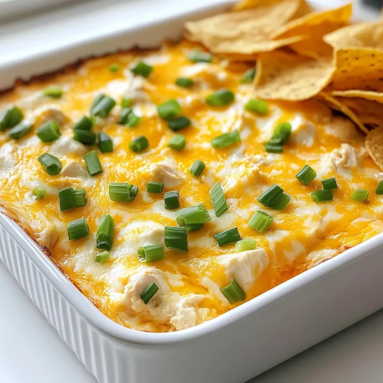 For the best buffalo chicken dip, you need key ingredients. Here’s what you will need: - 2 cups cooked shredded chicken - 1 cup cream cheese, softened - 1 cup shredded cheddar cheese - 1/2 cup ranch dressing - 1/2 cup buffalo sauce These ingredients create a creamy and spicy dip that everyone loves. The cream cheese adds richness. The shredded chicken gives it body. The ranch dressing cools the heat from the buffalo sauce. You can make the dip even better with a few optional items. Consider adding: - 1/4 cup blue cheese crumbles - 2 green onions, chopped (for garnish) Blue cheese adds a sharp flavor that pairs well with the buffalo sauce. Chopped green onions give a fresh taste and color to the dip. To serve the dip, I suggest using: - Tortilla chips - Celery sticks Tortilla chips add crunch and salt. Celery sticks bring a fresh crunch and help balance the dip's richness. You can also use carrots or crackers if you prefer. Enjoy your dip warm for the best flavor! {{ingredient_image_1}} Start by preheating your oven to 350°F (175°C). In a large mixing bowl, add the softened cream cheese, ranch dressing, and buffalo sauce. Use a fork or mixer to blend these until smooth. This base is key to a creamy dip. Next, fold in the cooked shredded chicken, shredded cheddar cheese, and blue cheese crumbles if you like that extra zing. Make sure everything mixes well. You want every bite to be full of flavor. Once your mixture is ready, transfer it to a baking dish. Spread the dip evenly to ensure it heats through. Place it in the preheated oven and bake for about 20 to 25 minutes. You’ll know it’s done when it bubbles and smells amazing. Remove the dip from the oven and let it cool for a few moments. This will help avoid burns when serving. Garnish your dip with chopped green onions for a fresh crunch. Serve it warm with tortilla chips or celery sticks. The crunch of the chips pairs perfectly with the creamy dip. This dish is a crowd-pleaser and makes any party fun. Enjoy sharing this tasty treat at your next gathering! When making buffalo chicken dip, some errors can ruin the dish. Here are key tips to avoid those mistakes: - Do not skip softening the cream cheese. If it’s cold, the dip won't mix well. - Mix all ingredients evenly. This helps each bite taste great. - Watch the baking time. Overbaking can dry out the dip. Check often. You can adjust the spice level to fit your taste. To make it spicier: - Add more buffalo sauce. Start with a tablespoon and taste. - Mix in diced jalapeños or hot sauce. This will give it a nice kick. For a milder dip: - Use less buffalo sauce. You can also add more cream cheese. - Try a mild ranch dressing. It balances the flavor without adding heat. Finding the right snacks to serve with your dip makes it even better. Here are my top picks: - Tortilla chips: These are classic. They add crunch and pair well with the dip. - Celery sticks: They provide a fresh and crunchy contrast. - Veggie sticks: Carrots and bell peppers add color and taste. - Crackers: They offer a different texture and flavor. Experiment with these options to find your favorite! Pro Tips Choose the Right Chicken: For the best flavor and texture, use rotisserie chicken. It's already seasoned and saves you time on cooking. Adjust the Heat: If you prefer a milder dip, reduce the amount of buffalo sauce or opt for a milder variety. You can also add more ranch dressing to balance the heat. Make it Ahead: Prepare the dip a day in advance and store it in the refrigerator. Just bake it when you're ready to serve for a stress-free appetizer. Experiment with Cheese: Feel free to mix in different cheeses like pepper jack for a spicy kick or mozzarella for a creamier texture. {{image_2}} If you want to change the cream cheese, consider Greek yogurt. It adds a tangy taste and keeps it creamy. You can also use sour cream. This option gives a rich flavor. Silken tofu is a great dairy-free choice. It blends well and keeps the dip smooth. Cheddar cheese is a classic choice, but you can mix it up! Try pepper jack for a spicy kick. Monterey Jack adds a nice creaminess. You can even use a blend of cheeses for more depth. Mozzarella gives a stretchy texture, which is fun. Want to add more flavor? Try adding diced jalapeños for heat. You can include garlic powder or onion powder for extra taste. Hot sauce intensifies the buffalo flavor. A splash of lime juice brightens the dip. Fresh herbs like cilantro or parsley can add a fresh touch, too. After your party, you might have some dip left. First, let it cool to room temperature. Then, transfer the dip to an airtight container. This helps keep it fresh. Store it in the fridge for up to four days. Always make sure it is sealed well to avoid any strange smells. Freezing your dip is easy and smart. To freeze, place the cooled dip in a freezer-safe container. Leave some space at the top, as it may expand when frozen. You can freeze it for up to three months. Label the container with the date. This way, you can enjoy it later! To reheat, start by taking the dip out of the fridge or freezer. If frozen, let it thaw in the fridge overnight. For reheating, place it in an oven-safe dish. Heat it at 350°F (175°C) for about 20 minutes. Stir it halfway through to warm evenly. You can also use a microwave. Heat in short bursts, stirring in between, until hot. Enjoy it warm with your favorite chips or veggies! Yes, you can make Buffalo Chicken Dip ahead of time. Prepare the dip and store it in the fridge. Cover it well to keep it fresh. You can bake it later when you need it. Just remember to let it sit at room temp for a bit before baking. Buffalo Chicken Dip pairs well with many tasty options. Here are some ideas: - Tortilla chips - Celery sticks - Carrot sticks - Pita bread - Crackers These sides add crunch and freshness to each bite. You can mix and match to please your guests. Buffalo Chicken Dip lasts about 3 to 4 days in the fridge. Make sure to store it in an airtight container. If it smells off or looks strange, it's best to toss it. Enjoy it while it’s fresh for the best taste! Buffalo chicken dip is a tasty, fun dish that many love. We explored key ingredients, useful tips, and easy steps for making it. You learned about variations and storage options too. By following these insights, you can whip up a tasty dip every time. Experiment with flavors and enjoy this crowd-pleaser at your next gathering!