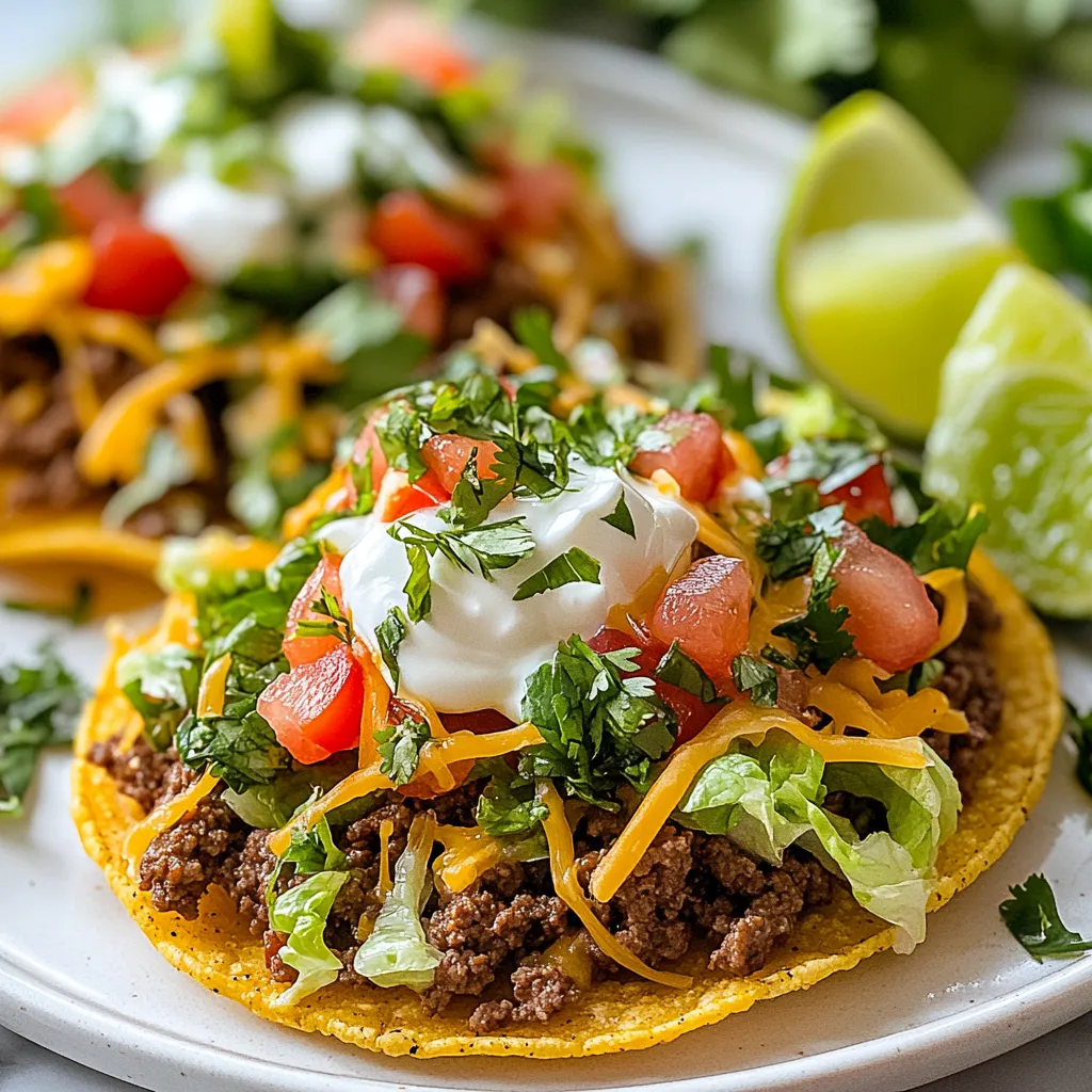 To make these tasty ground beef tostadas, you will need: - 1 pound ground beef - 1 tablespoon olive oil - 1 small onion, finely chopped - 2 cloves garlic, minced - 2 teaspoons ground cumin - 1 teaspoon chili powder - Salt and pepper to taste - 8 corn tostada shells - 1 cup shredded lettuce - 1 cup diced tomatoes - 1 cup grated cheese (cheddar or Mexican blend) - 1/2 cup sour cream or Greek yogurt These key ingredients give the tostadas their good flavor and texture. You can add some optional ingredients to suit your taste. Consider these: - Avocado slices for creaminess - Jalapeños for heat - Black beans for extra protein - Corn for sweetness Feel free to mix and match based on what you enjoy! Garnishes can make a big difference in presentation and flavor. Here are some great choices: - Fresh cilantro, chopped - Lime wedges for zest - Sliced radishes for crunch - Hot sauce for added spice These garnishes will elevate your tostadas and add freshness. {{ingredient_image_1}} Start by heating 1 tablespoon of olive oil in a large skillet over medium heat. Add a small, finely chopped onion and 2 cloves of minced garlic. Sauté until the onion turns clear, about 3-4 minutes. Next, add 1 pound of ground beef. Break it apart with a wooden spoon as you cook it. Keep cooking until the beef is brown, which takes about 5-7 minutes. Now, stir in 2 teaspoons of ground cumin, 1 teaspoon of chili powder, and salt and pepper to taste. Mix well, letting it cook for another 2 minutes. This helps all the flavors blend together. While the beef cooks, prepare your tostada shells. Check the package instructions, as some need baking or frying. If you bake them, preheat the oven to the right temperature. Place the tostada shells on a baking sheet and bake until they are crispy, usually about 5-7 minutes. If frying, heat oil in a pan and fry each shell until golden brown. Once done, set them aside to cool. Now it’s time to put everything together! Start with a crispy tostada shell. Place a generous layer of the beef mixture on top. Next, add 1 cup of shredded lettuce and 1 cup of diced tomatoes over the beef. Sprinkle 1 cup of grated cheese on top, either cheddar or a Mexican blend. Finish with a dollop of sour cream or Greek yogurt. For the final touch, garnish with fresh cilantro. Serve with lime wedges on the side for a zesty flavor burst. Enjoy your delicious creation! To cook ground beef well, start with a hot pan. Use medium heat and add olive oil. This helps prevent sticking. When the oil is hot, add chopped onions and garlic. Sauté until the onions are soft. Then, add the ground beef. Break it apart with a wooden spoon. Keep stirring as it cooks. Cook until it turns brown, about 5 to 7 minutes. This step adds great flavor. Season it well with salt, pepper, cumin, and chili powder. Let the spices mix in for extra taste. While the beef is cooking, you can enhance its flavor. Try these simple marinades and seasonings. Use ground cumin and chili powder for a classic taste. Add paprika for a smoky touch. A splash of lime juice brightens the dish. If you like heat, add cayenne pepper or hot sauce. Just a pinch will do! Mix the seasonings into the beef as it cooks. This will make every bite burst with flavor. When serving your tostadas, think about balance. Start with a thick layer of seasoned beef. This is your base. Next, add fresh toppings like lettuce and tomatoes. They provide a nice crunch. Sprinkle some cheese on top for creaminess. A dollop of sour cream or Greek yogurt adds tang. Finish with fresh cilantro for a pop of color and flavor. Serve with lime wedges on the side. Squeezing lime over the tostadas adds freshness. Enjoy the mix of textures and tastes in each bite! Pro Tips Make it Spicy: Add diced jalapeños or a splash of hot sauce to the ground beef for an extra kick. Customize Your Toppings: Feel free to add avocado, black beans, or corn to your tostadas for added texture and flavor. Keep it Crispy: If you like your tostadas extra crispy, bake them for a few minutes after assembling to ensure they hold up under the toppings. Fresh Herbs: Experiment with different herbs like parsley or green onion for a unique twist on the garnish. {{image_2}} You can swap ground beef for plants. Use lentils or black beans as a base. Cook them with the same spices. This gives you great flavor and texture. You can also use store-bought plant-based meat. The cooking steps remain the same. This option is tasty and healthy. Tostadas are fun because they let you mix and match. Try adding sliced avocados for creaminess. Pickled jalapeños add a nice kick. You can also use corn or roasted peppers for sweetness. For extra crunch, consider radishes or cucumbers. Each topping changes the flavor and feel. Do you like heat? Here’s how to spice things up. Add more chili powder to the ground beef. You can also mix in diced jalapeños while cooking. For an extra layer, try a spicy salsa on top. This will give your tostadas a fiery twist. Adjust the heat to suit your taste. To keep your leftover tostadas fresh, store each part separately. Place the beef in a sealed container. Keep the tostada shells in a dry spot, away from moisture. Store toppings like lettuce and tomatoes in their own containers. This prevents sogginess and keeps everything tasty. You can enjoy leftovers for up to three days. When it's time to reheat, use an oven or toaster oven. Preheat it to 350°F (175°C). Place the tostada shells on a baking sheet. Bake them for about 5-7 minutes. This method keeps them crispy. For the beef, heat it in a skillet on medium heat. Stir often until it’s hot. Avoid the microwave since it can make the shells soft. You can freeze the beef for later use. Let it cool completely before placing it in a freezer-safe bag. Remove as much air as possible to avoid freezer burn. Seal it tight and label the bag with the date. The beef can last for up to three months in the freezer. When you're ready to use it, thaw it overnight in the fridge before reheating. Yes, you can use other meats. Ground turkey, chicken, or pork work well. Each meat has a unique flavor. Make sure to adjust the cooking time as needed. For example, turkey cooks faster than beef. You can also use plant-based meat for a vegetarian option. Just follow the same steps as with ground beef. Making tostadas is easy! Start with corn tortillas. Heat oil in a pan over medium heat. Fry each tortilla until golden and crispy, about 1-2 minutes per side. Drain on paper towels to remove excess oil. Let them cool before topping. You can also bake them in the oven for a healthier option. Bake at 400°F (200°C) for 8-10 minutes, flipping halfway. Several side dishes go great with tostadas. Here are a few ideas: - Refried beans for a creamy texture - Spanish rice for a flavorful bite - Grilled corn for sweetness - Fresh guacamole for creaminess - A simple salad for crunch These sides balance the meal and add variety. You can mix and match to find your favorites. We explored the key ingredients for tasty tostadas and how to prepare them. You learned how to cook beef, what toppings to use, and even some fun variations. Remember, customizing your tostadas lets you create your own favorite flavors. Don't forget about storage, so you can enjoy leftovers later. These dishes are easy and fun to make. Now, it's time to gather your ingredients and start cooking! Enjoy making delicious tostadas that everyone will love.