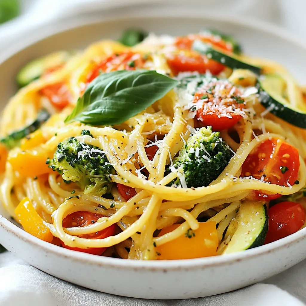 - 12 oz spaghetti or fettuccine - 1 tablespoon olive oil - 1 medium onion, chopped - 2 cloves garlic, minced - 1 bell pepper (red or yellow), sliced - 1 zucchini, sliced - 1 cup cherry tomatoes, halved - 1 cup broccoli florets - 4 cups vegetable broth - 1 teaspoon dried Italian herbs (oregano, basil, thyme) - Salt and pepper to taste - ½ cup grated Parmesan cheese (or nutritional yeast for a vegan option) - Fresh basil leaves for garnish Gather these fresh and vibrant ingredients to create a tasty dish. I love using spaghetti or fettuccine for this recipe. Both types of pasta work well and soak up the flavors nicely. Olive oil adds richness and helps the veggies cook. Onion and garlic bring a sweet and savory base. I prefer using a medium onion for the right amount of flavor. The minced garlic adds a nice punch. Next, I always choose a mix of colorful vegetables. Bell peppers, zucchini, cherry tomatoes, and broccoli are my favorites. They add different textures and flavors to the dish. Vegetable broth is key for extra depth. It helps cook the pasta while adding savory notes. Dried Italian herbs like oregano, basil, and thyme enhance the taste too. Lastly, I finish the dish with grated Parmesan cheese or nutritional yeast for a vegan twist. Fresh basil leaves bring a fresh touch on top. These ingredients come together to create a bright and flavorful One Pot Pasta Primavera! {{ingredient_image_1}} 1. Heat one tablespoon of olive oil in a large pot over medium heat. 2. Add one chopped onion and two minced garlic cloves. Sauté for about three to four minutes. 3. When the onion looks clear and smells good, it is time for the veggies. 4. Add one sliced bell pepper, one sliced zucchini, one cup of halved cherry tomatoes, and one cup of broccoli florets. 5. Cook this mix for five minutes. Stir often to help the veggies soften. 1. Pour in four cups of vegetable broth. 2. Add 12 ounces of spaghetti or fettuccine to the pot. 3. Sprinkle in one teaspoon of dried Italian herbs, salt, and pepper. 4. Turn the heat to high and bring the mix to a boil. 5. Once it boils, lower the heat to medium-low. Cover and let it simmer for about ten to twelve minutes. 6. Stir occasionally until the pasta is soft and the broth is mostly gone. 1. Remove the pot from heat. 2. Stir in half a cup of grated Parmesan cheese or nutritional yeast. This will add creaminess. 3. Taste your dish. Adjust the salt and pepper as needed for better flavor. 4. Serve your pasta primavera warm. Add fresh basil leaves on top for a nice touch. To get your pasta just right, aim for al dente. This means the pasta should be firm but not hard. Cook the spaghetti or fettuccine for about 10 to 12 minutes. Stir occasionally to keep it from sticking. If you notice the pasta clumping, add a splash of broth or water. This helps keep each piece separate. Choosing seasonal vegetables makes this dish fresh and tasty. Look for bright, colorful veggies at your local market. Bell peppers, zucchini, and cherry tomatoes are great choices. If you want to swap the cheese, use nutritional yeast for a vegan option. It adds a nice flavor without dairy. Pasta primavera pairs well with a crisp salad or warm bread. A light vinaigrette adds a nice touch. If you have leftovers, store them in an airtight container. They taste great reheated the next day. You can also mix in some extra vegetables or protein for variety. Pro Tips Use Seasonal Vegetables: Opt for vegetables that are in season for the best flavor and freshness. You can substitute or add any seasonal produce you prefer! Adjust Cooking Time: Depending on the type of pasta you use, the cooking time may vary. Check the pasta package instructions for al dente results. Enhance Flavor: Consider adding a splash of lemon juice or a sprinkle of red pepper flakes just before serving to brighten up the flavors. Make It Creamy: For a creamier texture, you can stir in a splash of heavy cream or plant-based cream alternatives along with the cheese. {{image_2}} To make this dish vegan, you can swap out the cheese. Use nutritional yeast instead of Parmesan. Nutritional yeast gives a cheesy taste without dairy. It also adds B vitamins. Just sprinkle about half a cup into the pot with your veggies. Stir it in until it melts nicely. This keeps the dish creamy and rich. If you need a gluten-free dish, you can switch the pasta. Use gluten-free spaghetti or fettuccine. There are many good options available now. Look for ones made from rice, quinoa, or lentils. These alternatives cook well in the same way. Just follow the package instructions for cooking times. Want to add protein? You can toss in cooked chicken or tofu. Chicken goes well with the veggies and herbs. Tofu is a great plant-based choice. Cut it into cubes and add it with the vegetables. You can also play with spices. Try adding red pepper flakes for heat or lemon zest for brightness. Each tweak makes the dish more exciting! Store your One Pot Pasta Primavera in an airtight container. Glass or plastic containers work well. Make sure the pasta is cool before sealing it. This helps keep the texture nice. You can keep it in the fridge for about three days. To reheat, use a microwave or a stovetop. If using a microwave, heat in short bursts. Stir after each burst to warm evenly. On the stovetop, add a splash of broth or water. Heat it over low heat, stirring often. This keeps the pasta from drying out. You can freeze this dish for later enjoyment. Let it cool completely before freezing. Use freezer-safe containers or bags. Store in portions for easy meals. To defrost, move it to the fridge overnight. Reheat on the stove or in the microwave as needed. This way, you can enjoy your tasty pasta primavera anytime! One Pot Pasta Primavera is a simple, colorful dish. It blends pasta with fresh veggies. You cook everything in one pot, which saves time and clean-up. The dish features spaghetti or fettuccine, tossed with bell peppers, zucchini, cherry tomatoes, and broccoli. The veggies add bright flavors and nutrients. You finish the dish with cheese and fresh basil for taste and aroma. It is perfect for a quick weeknight meal. Yes, you can make One Pot Pasta Primavera ahead of time. To prep, cook the pasta and veggies as per the recipe. Once cooked, let it cool before storing. Keep it in an airtight container in the fridge. This dish tastes great the next day. If you want to save time, chop the vegetables the night before too. One Pot Pasta Primavera lasts about 3 to 4 days in the fridge. Make sure to store it in a sealed container. Check for any signs of spoilage before eating. If it looks or smells off, it’s best to toss it out. To keep it fresh, eat it within a few days for the best taste and texture. This blog post explored how to make a delicious One Pot Pasta Primavera. You learned about the key ingredients and step-by-step instructions, from sautéing vegetables to cooking pasta. We shared tips for perfecting your dish and how to store leftovers effectively. One Pot Pasta Primavera is simple and flexible. You can make it vegan or gluten-free. Enjoy experimenting with flavors and seasonal veggies. Cooking this dish is a great way to enjoy fresh ingredients while saving time in the kitchen. Now, you’re ready to create your own masterpiece!