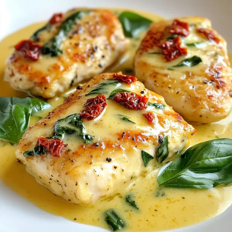 - 4 boneless, skinless chicken breasts - 1 tablespoon olive oil - 1 teaspoon garlic powder - 1 teaspoon onion powder - 1 teaspoon paprika - Salt and pepper to taste - 1 cup heavy cream - 1 cup chicken broth - ½ cup grated Parmesan cheese - 1 cup sun-dried tomatoes, chopped - 1 cup fresh spinach - Fresh basil leaves, for garnish For this recipe, I prefer using boneless, skinless chicken breasts. They cook evenly and stay moist. You can also use thighs if you like more flavor and fat. Just adjust cooking times as needed. If you're out of chicken broth, you can use vegetable broth. This adds a nice flavor without the meat. For a lighter option, swap heavy cream for half-and-half or coconut cream. You can use feta cheese instead of Parmesan for a salty twist. Here are some quick conversions: - 1 tablespoon = 3 teaspoons - 1 cup = 8 ounces - ½ cup = 4 ounces These conversions help when adjusting the recipe for different servings. Always keep these handy when cooking! {{ingredient_image_1}} Seasoning the Chicken Breasts First, take four chicken breasts. Place them in a large bowl. Sprinkle garlic powder, onion powder, paprika, salt, and pepper on both sides. Use your hands to coat the chicken well. Cooking Techniques for Chicken Heat a large skillet over medium-high heat. Pour in one tablespoon of olive oil. Wait for the oil to shimmer. This means it is hot enough to cook. Searing Tips for Optimal Flavor Carefully add the seasoned chicken breasts to the skillet. Sear them for about 5 to 7 minutes on each side. Look for a golden brown color. This will give your chicken a nice flavor. Once cooked, remove the chicken and set it aside. Deglazing and Building Flavor Lower the heat to medium. Pour in one cup of chicken broth. Use a wooden spoon to scrape the browned bits from the skillet. This adds great flavor. Let it simmer for 2-3 minutes. Adding Cream and Cheese to the Sauce Now stir in one cup of heavy cream and half a cup of grated Parmesan cheese. Mix until the cheese melts and the sauce is smooth and creamy. Incorporating Vegetables into the Sauce Add one cup of chopped sun-dried tomatoes and one cup of fresh spinach. Stir until the spinach wilts. This adds color and nutrients to your dish. Combining Chicken with the Sauce Return the chicken to the skillet. Spoon the creamy sauce over each piece. This helps the chicken soak up the flavor. Simmering for Proper Temperature Let the chicken simmer in the sauce for about 3 to 5 minutes. This warms the chicken through and melds all the flavors. Presentation Techniques Plate the chicken with the sauce drizzled on top. For a stunning look, serve it on a bed of mashed potatoes or pasta. Sprinkle extra Parmesan cheese and add fresh basil leaves for garnish. - Overcooking or Undercooking Chicken: Use a meat thermometer. Chicken is safe at 165°F. This helps keep it juicy and tender. - Balancing Seasoning for the Sauce: Taste as you go. Add salt and pepper slowly. This helps you avoid a bland or overly salty sauce. - Texture Tips for Creaminess: Stir the sauce gently. This keeps it smooth. If it gets too thick, add a splash of chicken broth. - Suggested Spices and Herbs: Try adding Italian seasoning or a pinch of red pepper flakes. These add depth and warmth to the dish. - Adding Extra Ingredients for Variety: Consider mushrooms or bell peppers. They bring extra flavor and texture. You can also swap sun-dried tomatoes for fresh ones if you prefer. - Pairing with Side Dishes: Serve it over pasta or rice. Fluffy mashed potatoes work great, too. This helps soak up the delicious sauce. For a fresh touch, add a side salad with tangy dressing. Pro Tips Perfectly Cooked Chicken: Ensure the chicken reaches an internal temperature of 165°F (75°C) for safety and juiciness. Flavor Boosting: Marinate the chicken in olive oil, garlic, and herbs for at least 30 minutes before cooking for enhanced flavor. Thickening the Sauce: If the sauce is too thin, let it simmer for a few extra minutes to help it thicken up nicely. Serving Suggestions: Pair this dish with crusty bread or a side salad to balance the richness of the creamy sauce. {{image_2}} Alternatives for Heavy Cream If you want a lighter dish, use half-and-half or coconut milk. These options still create a creamy texture. For a dairy-free version, try cashew cream or silken tofu blended until smooth. Variations Using Different Proteins You can swap chicken for turkey, pork, or tofu. Each protein brings its own flavor. If using pork, adjust cooking time, as it cooks faster than chicken. For tofu, press it to remove excess water, then sauté until golden brown. Other Vegetable Options Feel free to add bell peppers, zucchini, or mushrooms. Each vegetable adds color and flavor. You can also use frozen spinach if fresh is not available. Just thaw and squeeze out water before adding to the sauce. Slow Cooker Method To use a slow cooker, season the chicken and place it in the pot. Pour the broth and cream over it. Add the sun-dried tomatoes and spinach on top. Cook on low for 4-5 hours or high for 2-3 hours. The chicken will be tender and soak up all the flavors. Oven-Baking Instructions For oven-baking, preheat the oven to 375°F (190°C). After searing the chicken, place it in a baking dish. Pour the creamy sauce over it. Cover with foil and bake for 25-30 minutes. This method keeps the chicken juicy and lets the sauce thicken. Instant Pot Version Using an Instant Pot can save time. Sear the chicken in the pot first. Then, add the broth and cream. Seal the lid and cook on high pressure for 8-10 minutes. Quick-release the steam and stir in the sun-dried tomatoes and spinach. Enjoy a quick, tasty meal! - Refrigerating Leftovers: After cooking, let the chicken cool down. Place it in a sealed container. Store it in the fridge. It stays fresh for about 3 to 4 days. Always check for any odors before eating. - Freezing Instructions for Longevity: For longer storage, freeze the chicken. Wrap it tightly in plastic wrap and then foil. Use a freezer bag for extra protection. It can last up to 3 months in the freezer. Label the bag with the date. - Reheating Tips for Best Results: To reheat, use the microwave or the stove. If using the stove, add a splash of chicken broth to keep it moist. Heat on low to avoid drying out the chicken. Stir the sauce to keep it creamy. - How Long Will It Last in the Fridge? Properly stored, Creamy Marry Me Chicken lasts about 3 to 4 days in the fridge. Enjoy it within this time for the best taste. - Signs of Spoilage to Look For: Check for any off smells or changes in color. If the chicken feels slimy, it's time to discard it. Always trust your senses when it comes to food safety. To add heat, use crushed red pepper flakes. Start with half a teaspoon and adjust. You can also add diced jalapeños for a fresh kick. If you want a smoky flavor, try smoked paprika. It gives a nice depth while adding some spice. Yes! You can swap Parmesan for mozzarella, cheddar, or goat cheese. Each cheese changes the flavor. Mozzarella gives a creamy stretch, while cheddar adds sharpness. Goat cheese brings a tangy twist. Feel free to mix and match for fun! This dish pairs well with fluffy mashed potatoes or pasta. Both soak up the sauce nicely. You can also serve it with rice or a fresh green salad. Add some crusty bread to scoop up the sauce. Enjoy the meal! In this post, we explored how to create Creamy Marry Me Chicken. We covered the ingredients, step-by-step cooking methods, and tips to avoid common mistakes. You learned how to make a rich sauce while ensuring the chicken stays juicy. Don't forget to try different variations and sides to make it your own. With proper storage techniques, you can enjoy leftovers too. Follow these simple steps for a flavorful dish that impresses. Happy cooking!