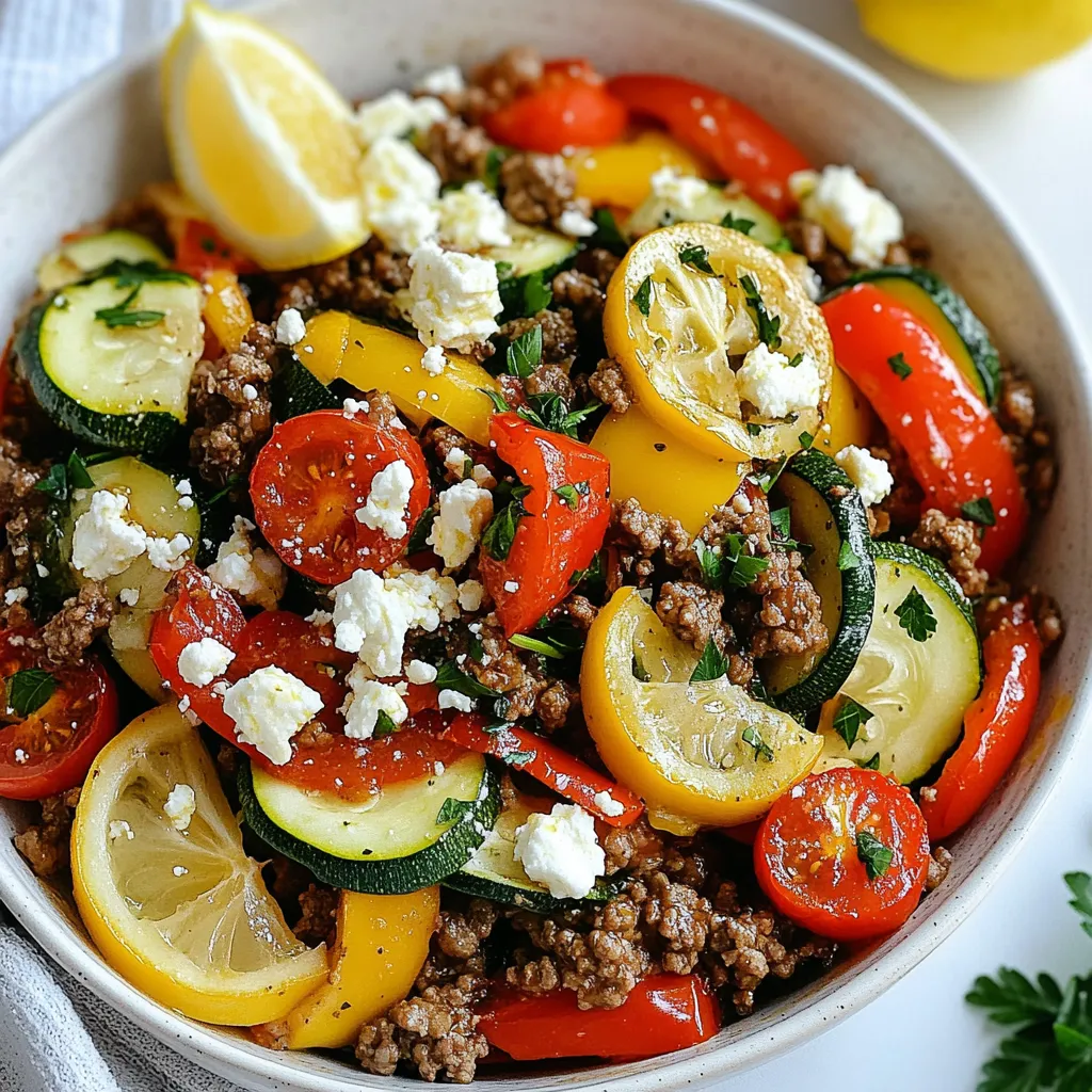 To make a tasty Mediterranean ground beef stir fry, gather these ingredients: - 1 lb ground beef - 2 tablespoons olive oil - 1 medium onion, chopped - 3 cloves garlic, minced - 1 red bell pepper, sliced - 1 zucchini, sliced - 1 cup cherry tomatoes, halved - 1 teaspoon dried oregano - 1 teaspoon ground cumin - Salt and pepper to taste - ½ cup feta cheese, crumbled - Fresh parsley, chopped for garnish - Lemon wedges for serving You can swap ingredients for what you have. Use ground turkey or chicken instead of beef. If you don't have feta, try goat cheese or omit it. For the veggies, you can use bell peppers of any color. Spinach or kale can replace zucchini. Fresh herbs like basil or mint can add flavor too. When picking fresh produce, look for vibrant colors. The skin should be firm and smooth. For tomatoes, choose ones that feel heavy for their size. For bell peppers, look for shiny skin. Avoid any with soft spots or wrinkles. Always check the smell; it should be fresh and sweet. This simple care helps your dish taste great! {{ingredient_image_1}} Start by gathering your ingredients. You need ground beef, onion, garlic, bell pepper, zucchini, cherry tomatoes, and spices. Chop the onion and slice the red bell pepper and zucchini. Halve the cherry tomatoes. This makes cooking easy and fun. Next, measure out your spices: oregano, cumin, salt, and pepper. Heat two tablespoons of olive oil in a large skillet on medium heat. Add the chopped onion and sauté for 3-4 minutes. Wait until it turns translucent. Then, stir in the minced garlic. Cook for one more minute until the smell fills your kitchen. Increase the heat to medium-high and add the ground beef. Break it up with a spatula. Cook until it’s browned, which takes about 5-7 minutes. Next, season the beef with oregano, cumin, salt, and pepper. This gives it a rich flavor. Toss in the sliced bell pepper and zucchini. Stir-fry these vegetables for 4-5 minutes until they are tender. Lastly, gently fold in the halved cherry tomatoes. Cook for another 2-3 minutes until they are warm. Once your stir fry is done, take it off the heat. Sprinkle crumbled feta cheese over the top. The cheese will warm slightly from the heat. To finish, garnish with chopped fresh parsley. Serve with lemon wedges on the side for a zesty kick. You can put the stir fry in a big bowl or on a platter for a nice look. Enjoy! For a great stir fry, use a hot skillet. Start by heating olive oil over medium heat. Add the onion and cook until it is soft. This step builds flavor. Next, add the garlic for a minute. The garlic makes the dish fragrant. When you add the ground beef, break it apart with your spatula. Cook it until it turns brown and is no longer pink. This takes about 5 to 7 minutes. Be sure to keep stirring so nothing burns. To make your stir fry pop, add some fresh herbs. Fresh parsley works well as a garnish. You can also squeeze lemon juice on top before serving. This adds a bright, zesty taste. If you like heat, add red pepper flakes or a dash of hot sauce. For a touch of sweetness, try using a splash of balsamic vinegar. This will balance the savory notes from the beef and spices. One common mistake is overcrowding the skillet. If you add too many ingredients at once, the food will steam instead of fry. This can make your veggies mushy. Another mistake is not seasoning enough. Always taste as you cook and adjust the salt and pepper. Lastly, don’t forget the final touches. A sprinkle of feta adds creaminess, while fresh parsley gives color and flavor. Always serve with lemon wedges for that fresh kick! Pro Tips Quality of Beef: Use high-quality ground beef for better flavor and texture. Grass-fed or organic options are excellent choices. Vegetable Variations: Feel free to swap in your favorite vegetables such as spinach or eggplant to enhance the stir fry. Cheese Alternatives: If you prefer a different cheese, try using goat cheese or Parmesan for a unique twist. Serving Suggestions: This stir fry pairs beautifully with couscous or quinoa for a complete meal. Consider adding a side salad for extra freshness. {{image_2}} If you want a vegetarian dish, use lentils or chickpeas. They add protein and fiber. You can also try crumbled tofu for a vegan option. Tofu soaks up flavors well. Add some soy sauce for extra taste. Swap beef for these options in equal parts. You can use turkey or chicken instead of beef. Ground turkey is leaner, and it cooks fast. Chicken also works and stays juicy. For a seafood twist, try shrimp or scallops. Both add a nice flavor and cook quickly. Adjust cooking time based on the protein you choose. Use what you find fresh in the market. In spring, add asparagus or peas. Summer is great for eggplant or bell peppers. In fall, use squash or root veggies like carrots. Winter is perfect for hearty greens like kale. Mix these seasonal veggies into the stir fry for variety. To store your Mediterranean Ground Beef Stir Fry, let it cool first. Place it in an airtight container. This keeps the dish fresh and safe. Your leftovers should last about 3 to 4 days in the fridge. Always label the container with the date. This way, you know when to eat it by. When you are ready to eat your leftovers, reheat them on the stove. Use a medium heat and stir often. This helps the food warm evenly. You can also microwave it for about 2 to 3 minutes. Stir halfway through for best results. The goal is to reach a safe temperature of 165°F. If you want to freeze the stir fry, use a freezer-safe container. It’s best to freeze it within 2 days of cooking. This keeps the flavors fresh. The stir fry can last for about 2 to 3 months in the freezer. When you are ready to eat, thaw it in the fridge overnight. Reheat it on the stove or in the microwave. Enjoy a quick and tasty meal later! You can serve Mediterranean Ground Beef Stir Fry with several tasty sides. Here are a few ideas: - Rice: White or brown rice works well and soaks up the juices. - Pita Bread: Warm pita adds a nice crunch and is great for scooping. - Salad: A fresh Greek salad adds a crisp contrast to the dish. - Quinoa: This healthy grain pairs well with the beef and veggies. Each of these sides complements the flavors of the stir fry and makes your meal complete. Yes, you can make Mediterranean Ground Beef Stir Fry ahead of time. Here’s how: - Cook the Beef: Prepare the stir fry as per the recipe. - Cool Properly: Let it cool down before storing. - Store in Fridge: Keep it in an airtight container. This dish stays fresh in the fridge for up to three days. Just reheat before serving. Absolutely! You can easily adjust the spice level to suit your taste. Here are some options: - Add Chili Flakes: Sprinkle in some red chili flakes for heat. - Use Hot Sauce: A dash of your favorite hot sauce can spice things up. - Remove Spices: If you prefer milder flavors, skip the cumin or oregano. Feel free to experiment until you find the right balance for your palate! This post shared all you need for a great Mediterranean Ground Beef Stir Fry. We discussed essential ingredients, steps for cooking, and handy tips. You can adjust the flavors and try new proteins for variety. Remember to store leftovers right and use the reheating tips to keep them tasty. With this knowledge, you can create a fun and flavorful dish. Enjoy cooking and happy eating!