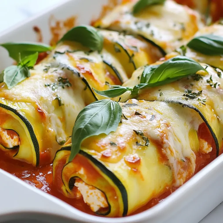 To make Ricotta Zucchini Lasagna Roll-Ups, gather these fresh ingredients: - 3 medium zucchinis, sliced thinly lengthwise - 2 cups ricotta cheese - 1 cup grated mozzarella cheese - 1 cup grated Parmesan cheese - 1 egg - 2 cups marinara sauce (homemade or store-bought) - 2 cloves garlic, minced - 1 teaspoon dried Italian herbs (oregano, basil, thyme) - Salt and pepper to taste - Fresh basil leaves for garnish Each serving of Ricotta Zucchini Lasagna Roll-Ups has about: - Calories: 350 - Protein: 22g - Fat: 18g - Carbohydrates: 28g - Fiber: 3g This dish is a great way to enjoy veggies while getting enough protein and flavor. To elevate your dish, consider adding: - Fresh spinach leaves for extra greens - Sliced mushrooms for umami flavor - Chopped bell peppers for sweetness - Fresh herbs like parsley or thyme for brightness These fresh ingredients can make your roll-ups even more delicious and colorful. {{ingredient_image_1}} Start by preheating your oven to 375°F (190°C). Take three medium zucchinis and slice them thinly lengthwise. Aim for about 1/8 inch thick. A mandoline slicer works best for this. After slicing, sprinkle salt on the zucchini strips. Let them rest for 10 to 15 minutes. This step helps draw out excess moisture. Pat the slices dry with a paper towel to remove any liquid. In a mixing bowl, combine 2 cups of ricotta cheese with half a cup of grated mozzarella and half a cup of grated Parmesan. Add one egg, two minced garlic cloves, one teaspoon of dried Italian herbs, salt, and pepper. Mix everything until it’s well combined. Taste the mixture; it should be creamy and flavorful. This filling is the heart of your roll-ups. Spread a thin layer of marinara sauce on the bottom of a 9x13 inch baking dish. This keeps the rolls from sticking. Take one zucchini slice, place a generous tablespoon of the ricotta mixture at one end, and roll it tightly. Place the roll seam-side down in the dish. Repeat this for all zucchini slices. Arrange the rolls snugly next to each other. Once done, pour the remaining marinara sauce over the rolls. Sprinkle the rest of the mozzarella and Parmesan on top. Cover the dish with foil to avoid burning the cheese. Bake for 25 minutes. After that, remove the foil and bake for another 15 minutes until the cheese is melted and bubbly. Let the roll-ups sit for 5 minutes before garnishing with fresh basil leaves. Enjoy! To cut zucchini right, use a sharp knife or a mandoline slicer. Slice the zucchini lengthwise into thin strips about 1/8 inch thick. This size helps them roll easily. If you cut them too thick, they won't bend. After slicing, lightly salt the zucchini. Let it sit for 10-15 minutes to remove extra moisture. This step keeps your roll-ups from getting soggy. To get the best cheese melt, use fresh cheeses. Grate your mozzarella and Parmesan just before mixing. This gives better flavor and texture. Cover the dish with foil for the first part of baking. This keeps the cheese from burning. Remove the foil later to let the cheese bubble and brown nicely. Watch it closely so it doesn’t burn. For a great look, serve the roll-ups on a big plate. Pour some marinara sauce on the bottom before placing the roll-ups. This adds color and flavor. Garnish with fresh basil leaves for a pop of green. You can also sprinkle extra cheese on top for flair. Serve it warm, and enjoy the smiles! Pro Tips Use a Mandoline Slicer: For perfectly uniform zucchini slices, a mandoline slicer will save time and ensure even cooking. Salt Your Zucchini: Salting the zucchini before rolling helps draw out moisture, preventing a soggy lasagna. Pat dry to remove excess salt. Experiment with Cheeses: Feel free to mix in other cheeses like feta or goat cheese for a unique flavor twist in your filling. Let it Rest: Allow the roll-ups to sit for a few minutes after baking; this helps the cheese set and makes serving easier. {{image_2}} You can change the cheese mix for different flavors. Try goat cheese for a tangy twist. Cream cheese will add creaminess, while feta gives a salty bite. You can also mix in some cheddar for a sharper taste. Each cheese brings a unique flavor to the roll-ups. Feel free to use what you love or have at home. Want to make your roll-ups heartier? Add protein! Cooked, shredded chicken works well. Just mix that into the ricotta filling. Ground beef is another great option. Brown it in a pan before mixing it in. This will add more flavor and make the dish more filling. You can even use turkey for a leaner choice. You can make these roll-ups gluten-free easily. Just use gluten-free marinara or avoid any wheat products. For a vegan version, swap ricotta with a cashew cream or tofu blend. Nutritional yeast can give a cheesy flavor. Use vegan cheese for topping. These swaps keep the roll-ups delicious while meeting dietary needs. Enjoy experimenting with what works for you! After you enjoy your Ricotta Zucchini Lasagna Roll-Ups, store any leftovers in an airtight container. This keeps them fresh. Place the container in your fridge. Leftovers stay good for about 3 to 5 days. When you’re ready to eat again, check for any signs of spoilage. If you want to save some for later, freezing works well. First, let the roll-ups cool completely. Then, place them in a freezer-safe container or wrap them in plastic wrap. Use a layer of foil for extra protection. They last up to 3 months in the freezer. When ready to use, thaw them overnight in the fridge before reheating. To reheat your Ricotta Zucchini Lasagna Roll-Ups, preheat your oven to 350°F (175°C). Place the roll-ups in a baking dish. Cover them with foil to keep moisture in. Heat for about 20 minutes. You can also microwave them if you're in a hurry. Just warm them for 2 to 3 minutes on high, checking frequently. Enjoy your meal just like it was fresh! Yes, you can prepare these roll-ups in advance. Just follow all the steps until you bake them. Once you have assembled the roll-ups, cover the dish with foil and store it in the fridge. You can keep them for up to 24 hours before baking. When you are ready to enjoy them, bake as directed. You may need to add a few extra minutes to the baking time if they are cold. If you don’t have zucchini, there are great alternatives. Thin slices of eggplant work well for a similar texture. You can also use bell peppers or thin sheets of butternut squash. These options add unique flavors and colors to your dish. Just make sure to slice them thinly for easy rolling. Leftover Ricotta Zucchini Lasagna Roll-Ups can stay fresh in the fridge for about 3 to 4 days. Store them in an airtight container to keep them from drying out. When reheating, use the oven for best results. This way, the cheese will melt nicely again, and the roll-ups will taste just as good. This blog post explored how to make delicious Ricotta Zucchini Lasagna Roll-Ups. We covered the full list of ingredients, step-by-step instructions, and helpful tips for the best results. You learned how to mix flavors, layer ingredients, and present your dish beautifully. I shared variations to suit different diets and preferences, plus storage tips to keep your leftovers fresh. With all this info, you can confidently prepare and enjoy this tasty meal. Now, go ahead and make these roll-ups your own!