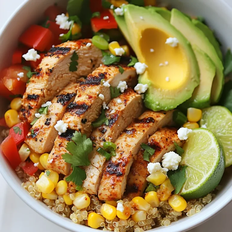 For this tasty Street Corn Chicken Bowl, you will need: - 2 cups cooked quinoa - 1 cup grilled chicken breast, diced - 1 cup corn kernels (frozen or fresh) - 1 red bell pepper, diced - 1 avocado, sliced - 1/2 cup crumbled feta cheese - 1/4 cup fresh cilantro, chopped - 2 tablespoons lime juice - 1 tablespoon olive oil - 1 teaspoon chili powder - Salt and pepper to taste These ingredients come together to create a mix of flavors and textures. The quinoa adds a hearty base, while the chicken gives protein. The corn adds sweetness, and the bell pepper brings a nice crunch. You can customize your Street Corn Chicken Bowl with these additions: - Hot sauce for drizzling - Black beans for more protein - Cherry tomatoes for extra freshness - Jalapeños for heat Adding these options can change the flavor and make it your own. Feel free to play with different toppings! If you need to swap ingredients, here are some good choices: - Use brown rice or farro instead of quinoa - Try shrimp or tofu in place of chicken - Use goat cheese if you don’t have feta - Substitute lime juice with lemon juice These substitutions can still keep your bowl delicious while meeting your needs. Keep exploring different combinations! {{ingredient_image_1}} First, grab a medium bowl. Add the corn and diced red bell pepper. Pour in the olive oil and lime juice. Sprinkle in chili powder, salt, and pepper. Mix it all up well. Let this sit for 10 minutes. This waiting time helps the flavors blend nicely. You will love how fresh it tastes! Next, take a large serving bowl. Spoon in the cooked quinoa as your base. Spread it out evenly. The quinoa adds a nice texture. It also packs in protein, making your meal filling. Now, add the grilled chicken on top of the quinoa. Make sure to spread it evenly. Then, spoon the corn and bell pepper mixture over the chicken. This step brings all the flavors together. Now, slice the avocado and arrange it around the bowl. This adds color and creaminess. Finally, sprinkle crumbled feta cheese and chopped cilantro on top. If you like heat, drizzle some hot sauce for extra spice. Enjoy your bowl right away or chill it for later! To cook quinoa, rinse it first. Rinsing removes bitterness. Use two cups of water for every cup of quinoa. Bring the water to a boil. Then, add the quinoa. Lower the heat to a simmer. Cover it and cook for about 15 minutes. The quinoa should be fluffy when done. Let it rest for five minutes before you fluff it with a fork. This makes it light and tasty. Start with chicken breast that is even in thickness. This helps it cook evenly. Season it with salt, pepper, and your favorite spices. Preheat the grill to medium-high heat. Cook the chicken for about six to eight minutes on each side. Use a meat thermometer to check for doneness; it should reach 165°F. Let the chicken rest for a few minutes before you dice it. This keeps it juicy and full of flavor. For added flavor, try marinating the chicken. A mix of lime juice, olive oil, and chili powder works great. You can also add smoked paprika for a deeper taste. For the corn mixture, add diced jalapeños for some heat. Fresh herbs like cilantro and parsley brighten up the dish. Lastly, a drizzle of hot sauce adds a fun kick. Don’t be afraid to play around with spices. Each tweak can make the bowl your own! Pro Tips Fresh Corn is Best: If using fresh corn, grill the ears for a smoky flavor before cutting the kernels off and adding them to the bowl. Customize Your Protein: Swap out grilled chicken for shrimp or black beans for a vegetarian option to suit your dietary preferences. Make it Spicy: If you enjoy heat, add diced jalapeños or a sprinkle of cayenne pepper to the corn mixture for an extra kick. Meal Prep Friendly: This dish stores well in the fridge for up to 2 days, making it a great option for meal prep or quick lunches. {{image_2}} You can easily make a vegetarian version of the street corn bowl. Simply swap the grilled chicken for black beans or chickpeas. Both options add protein and flavor. You still get all the tasty corn, bell pepper, and avocado. The feta cheese adds a creamy touch. This dish stays just as colorful and satisfying. If you love heat, add some spice to your dish. You can mix in diced jalapeños with the corn and bell pepper. This will give your bowl a nice kick. Drizzling hot sauce on top boosts the spice even more. Use a spicy cheese, like pepper jack, for an extra layer of flavor. Your taste buds will thank you! For a low-carb option, use cauliflower rice instead of quinoa. You can make cauliflower rice by pulsing fresh cauliflower in a food processor. It gives a light, fluffy base for your bowl. The flavors from the corn, bell pepper, and lime juice shine through. This way, you enjoy a hearty meal while keeping carbs low. Store your Street Corn Chicken Bowl in an airtight container. This helps keep it fresh. Make sure to cool it down before sealing. You can keep it in the fridge for up to two days. If you want to save it longer, consider freezing it. When you're ready to eat leftovers, reheating is key. I recommend using a microwave. Heat it in short bursts of 30 seconds. Stir between each burst for even warming. If you prefer the oven, preheat to 350°F and heat for about 15 minutes. Just make sure it’s hot all the way through. You can keep your leftovers in the fridge for two days. If you freeze it, enjoy within three months. Make sure to label your containers with the date. This way, you know when to eat it by. Always check for changes in smell or color before eating any leftovers. You can add many tasty items to your Street Corn Chicken Bowl. Here are some ideas: - Black beans for extra protein and fiber. - Cherry tomatoes for a sweet burst of flavor. - Jalapeños for some heat. - Sliced radishes for crunch and color. - A squeeze of extra lime for brightness. Feel free to get creative with your toppings. The goal is to find what you love! Yes, you can make this recipe ahead of time. You can prepare the corn mixture and cook the quinoa in advance. Store them in the fridge for up to two days. Assemble the bowl right before serving. This keeps everything fresh and tasty. If you want a chilled dish, let it sit in the fridge for up to two hours before serving. Many Mexican and Tex-Mex restaurants serve Street Corn Chicken Bowls. Look for places that focus on fresh ingredients. You may also find it on food trucks that offer street food. Some chains might have their version of the dish. Always check the menu for options featuring corn, chicken, and fresh toppings. Enjoying this bowl at a restaurant can inspire your homemade version! In this post, I shared how to build a tasty Street Corn Chicken Bowl. You learned about the key ingredients, step-by-step instructions, and useful tips for cooking. I also offered fun variations and storage advice for leftovers. Street corn bowls are simple yet delightful. You can mix and match to fit your taste. Try adding your favorite ingredients or spices. Enjoy your delicious creation whenever you want!