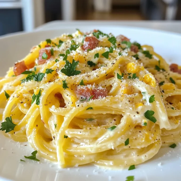 To make Classic Creamy Spaghetti Carbonara, you need the following ingredients: - 400g spaghetti - 150g pancetta or guanciale, diced - 2 large eggs - 1 cup heavy cream - 1 cup grated Parmesan cheese - 2 cloves garlic, minced - Salt and freshly ground black pepper to taste - Fresh parsley, chopped (for garnish) These ingredients work together to create a rich and creamy sauce. The pancetta or guanciale adds a nice salty flavor. The eggs and heavy cream blend well to make the sauce creamy. Parmesan cheese gives it a sharp taste. Garlic adds depth, while parsley brightens the dish. Stock your kitchen with these items before you start. Fresh ingredients make the best dishes. You can find pancetta or guanciale at most grocery stores. If you can’t find them, bacon is a good substitute. Prepare your workspace by gathering all these ingredients. This way, you will cook more smoothly. Enjoy the cooking process! {{ingredient_image_1}} To cook the spaghetti, start by filling a large pot with water. Add a good amount of salt to the water. This helps flavor the pasta as it cooks. Place the pot on the stove over high heat. Wait until the water boils. That should take a few minutes. Once boiling, add the spaghetti. Cook it according to the package instructions. Aim for al dente, which means firm to the bite. This usually takes around 8 to 10 minutes. Before draining, reserve about 1 cup of the pasta water. This water will help make your sauce creamy later. After that, drain the spaghetti and set it aside. For the pancetta, heat a large skillet over medium heat. Once hot, add the diced pancetta or guanciale. Cook it for about 3 to 5 minutes. You want it crispy and golden brown. Stir it occasionally to cook evenly. Then, add the minced garlic and cook for another minute. This will make your kitchen smell amazing. The crispy texture of the pancetta adds great flavor to the dish. In a mixing bowl, crack the two eggs. Then, add the heavy cream and grated Parmesan cheese. Whisk them together until they blend well. This mixture gives carbonara its creamy base. Season it with salt and freshly ground black pepper to taste. Be careful with the salt; the cheese and pancetta add flavor, too. Now, reduce the heat on your skillet to low. Add the drained spaghetti to the skillet with the crispy pancetta. Quickly pour the cream mixture over the pasta. Toss the spaghetti continuously to coat the noodles. This helps the sauce stick well. If the sauce seems too thick, add some reserved pasta water. Gradually mix it in until you reach your desired creamy texture. Serve your spaghetti carbonara right away for the best taste. Use a large fork or tongs to plate it neatly. Garnish with chopped fresh parsley for color. You can also sprinkle more grated Parmesan cheese on top. This makes your dish look yummy and inviting. To make creamy spaghetti carbonara, control the heat. If the pan is too hot, the eggs can cook too fast. This makes them scramble rather than blend smoothly. Keep your heat low when adding the cream mixture. Stir it in quickly to coat the pasta well. This helps achieve a rich and creamy texture. To avoid clumps in your sauce, whisk the eggs and cream together well. Add the grated cheese slowly while mixing. This helps it melt evenly. If the sauce seems thick, use reserved pasta water to loosen it up. Just a little bit at a time can make a big difference. If you can't find pancetta or guanciale, you can use bacon. It adds a nice flavor too. For a lighter version, you can try turkey bacon. Dairy-free options are also available. Use coconut cream instead of heavy cream. Nutritional yeast can replace Parmesan cheese for a cheesy flavor without dairy. These swaps keep the dish tasty while catering to different diets. One big mistake is overcooking the pasta. Follow the package directions and cook until al dente. This will keep the pasta firm and prevent it from turning mushy when mixed with the sauce. Another error is not saving enough pasta water. Always reserve at least one cup before draining the pasta. This starchy water is key to adjusting the sauce's consistency. It adds flavor and helps the sauce stick to the noodles. Pro Tips Choose Quality Ingredients: For the best flavor, opt for high-quality pancetta or guanciale. The richness of the meat enhances the overall taste of your carbonara. Mix Quickly: After adding the cream mixture to the pasta, work quickly to prevent the eggs from scrambling. The residual heat from the pasta should gently cook the eggs to create a creamy sauce. Adjust the Thickness: If your sauce is too thick, gradually mix in the reserved pasta water until you reach the desired creamy consistency. This also helps to better coat the spaghetti. Garnish Creatively: Besides parsley, consider adding a sprinkle of cracked black pepper or a zest of lemon for a fresh finish that balances the richness of the dish. {{image_2}} You can make carbonara more colorful and healthy by adding vegetables. Seasonal veggies like peas or asparagus work wonders. Just toss them in with the pancetta. The sweet peas add a pop of color, while asparagus gives a nice crunch. You can sauté them for a few minutes before adding to the pasta. This way, you can enjoy veggies along with that creamy sauce. If you want a twist, use chicken or shrimp instead of pancetta. Chicken adds a mild flavor that many like. Just cook it until golden brown, then mix in the garlic. Shrimp cooks fast and gives a sweet taste. Both options keep the dish light but satisfying. You can still follow the same steps for the creamy sauce. Switching up your cheese can change the whole dish. Pecorino Romano is a great option. It gives a salty kick that many love. You can mix it with Parmesan for a richer taste. Other cheeses like gouda or even a sharp cheddar can work too. Experimenting can lead to new favorite flavors! To keep your spaghetti carbonara fresh, follow these tips: - Cool the dish: Let it cool to room temperature before storage. - Use airtight containers: Store leftovers in airtight containers to prevent drying. - Refrigerate promptly: Place in the fridge within two hours of cooking. For best results, eat the leftovers within 2-3 days. To reheat spaghetti carbonara without losing its creamy texture, do this: - Use low heat: Heat on the stove over low heat, adding a splash of reserved pasta water. - Stir gently: Stir the pasta often to ensure even heating. For a refreshing touch, add a bit more grated Parmesan cheese before serving. Enjoy! The best pasta for carbonara is spaghetti. It holds the sauce well and has a nice bite. You can also use fettuccine or bucatini for a twist. Each type gives a different feel but spaghetti is the classic choice. Yes, you can make carbonara without cream. Traditional recipes use just eggs, cheese, and pasta water. This method creates a rich sauce without added cream. It’s all about the emulsification of the eggs and cheese with the heat from the pasta. To make your carbonara less rich, reduce the amount of heavy cream. You can replace it with half-and-half or use more pasta water. You can also adjust the cheese quantity. These changes will lighten the dish while still keeping it tasty. If you need a substitute for Parmesan cheese, try Pecorino Romano. It has a similar texture and flavor but is saltier. Nutritional yeast can also work for a dairy-free option. It adds a cheesy flavor without the dairy. Spaghetti carbonara lasts about 3 to 4 days in the fridge. Store it in an airtight container to keep it fresh. If you notice it getting dry, add a splash of water or cream when reheating to restore the sauce’s creaminess. You learned how to make a classic spaghetti carbonara with simple steps and ingredients. We discussed cooking pasta, sautéing pancetta, and preparing a creamy sauce. I shared tips for perfect creaminess and variations to try. Now, you can impress others with a delicious, homemade carbonara. Keep experimenting and enjoy your meal. Happy cooking!
