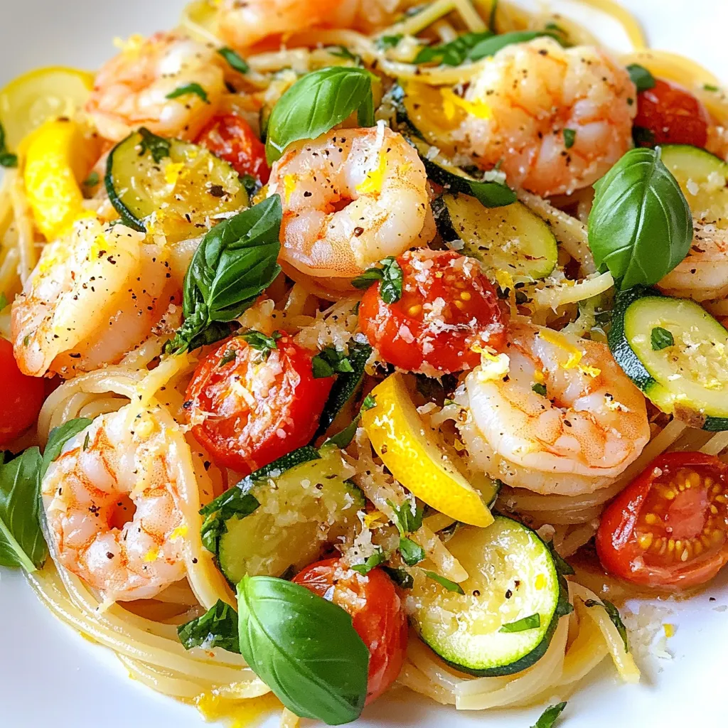 - 8 oz spaghetti or linguine - 2 medium zucchinis, sliced into half moons - 1 lb large shrimp, peeled and deveined - 2 cups cherry tomatoes, halved - 3 cloves garlic, minced - 1 teaspoon red pepper flakes - 3 tablespoons olive oil - 1 lemon, juiced and zested - Fresh basil leaves, for garnish - Salt and pepper, to taste - Grated Parmesan cheese, for serving When I make Tomato Zucchini Shrimp Pasta, I love choosing fresh ingredients. For the main ingredients, I prefer using spaghetti or linguine. These pastas hold the sauce well. Zucchini adds a nice crunch and color. The shrimp brings a sweet and savory flavor. Cherry tomatoes add a juicy burst in every bite. Garlic gives a depth of flavor that makes it all come together. Now, let’s talk about seasonings. Red pepper flakes add just the right kick. You can adjust the heat based on your taste. Olive oil is great for sautéing and adds richness. The zest and juice of a fresh lemon brighten the dish. Finally, fresh basil leaves are perfect for garnish. They add a lovely aroma and fresh taste. You may also want to add salt and pepper to taste. Grated Parmesan cheese is optional, but it brings a wonderful creaminess. This simple blend of ingredients makes Tomato Zucchini Shrimp Pasta a delightful and tasty meal. {{ingredient_image_1}} To cook the pasta, start by boiling a large pot of salted water. Once it boils, add 8 oz of spaghetti or linguine. Stir it gently. Cook according to the package instructions until the pasta is al dente. This means it should be firm but not hard. When done, save 1/2 cup of the pasta water. Drain the pasta and set it aside. In a large skillet, heat 2 tablespoons of olive oil over medium heat. Add the shrimp. Cook for about 2-3 minutes. You want them to turn pink and opaque. This shows they're fully cooked. Season with salt and pepper for extra taste. Once done, remove the shrimp from the skillet and set them aside. In the same skillet, add the last tablespoon of olive oil. Now, add 3 cloves of minced garlic and 1 teaspoon of red pepper flakes. Sauté for about 30 seconds. You want to smell the garlic but not burn it. Then, add the sliced zucchinis and 2 cups of halved cherry tomatoes. Cook for about 4-5 minutes. The zucchinis should be tender but still bright. This step makes the dish colorful and tasty. To prevent overcooking shrimp, watch the color closely. They should turn pink and opaque. This takes about 2 to 3 minutes. Remove them from the heat as soon as they change color. You can always add them back later. Reserving pasta water is key for the sauce. Save about ½ cup before draining. This starchy water helps bind the pasta and sauce. It adds creaminess without extra fat. Try fresh herbs like parsley or thyme for extra flavor. They can brighten the dish. You might also use dried herbs if fresh ones are not available. Different types of pasta work well too. You can swap spaghetti for penne or fettuccine. Each pasta brings a new texture and feel to the dish. For plating, use a large bowl to show off the colors. Twirl the pasta with a fork for a neat look. Top with fresh basil and a sprinkle of cheese. Pair the dish with a simple side salad. A mix of greens with a light vinaigrette works great. You can also serve it with garlic bread for a hearty meal. Pro Tips Perfect Pasta: Always cook your pasta al dente for the best texture. It will continue to cook slightly after being combined with the other ingredients. Fresh Shrimp: Use fresh or high-quality frozen shrimp for optimal flavor. Always ensure they are peeled and deveined for convenience. Zucchini Tips: Try not to overcook the zucchini; it should be tender but still have a slight crunch to add texture to your dish. Lemon Zest: Don't skip the lemon zest! It adds a bright, fresh flavor that elevates the entire dish. {{image_2}} You can switch out zucchini for other tasty veggies. Bell peppers add color and crunch. Asparagus gives a nice texture and flavor. Both options work well in this dish. If you want to try different seafood, scallops or fish can be great choices. They cook quickly and add unique tastes. Feel free to mix and match based on what you have at home. To make this dish gluten-free, swap regular pasta for gluten-free pasta. Many brands offer good options that cook well. Just check the package for cooking times. If you're looking for a vegan version, skip the shrimp and cheese. Use chickpeas or tofu instead for protein. You can also add more vegetables for extra flavor and nutrition. To add depth, consider using white wine or broth in the skillet. These liquids bring out the flavors of the shrimp and veggies. Just add them after sautéing the garlic. Experimenting with cheeses can also change the dish. Try feta for a tangy kick or mozzarella for a creamy touch. Each cheese brings a unique flavor to the meal. To store your Tomato Zucchini Shrimp Pasta, let it cool first. Use an airtight container to keep it fresh. Place the container in the fridge. It can last for up to three days. If you want to keep it longer, freezing is a great option. When reheating pasta, the best method is using the stovetop. Add a splash of water or olive oil to a pan. Heat on low and stir often. This will help keep the pasta from sticking. You can also refresh the flavors by adding a squeeze of lemon juice or a sprinkle of fresh herbs. To freeze the dish, make sure it cools completely first. Portion it into freezer-safe bags or containers. Remove as much air as possible to avoid freezer burn. It can stay frozen for about three months. When you want to eat it, thaw in the fridge overnight. Then, reheat it on the stovetop as mentioned above. Can I use frozen shrimp? Yes, you can use frozen shrimp. Just thaw them first. Place them in cold water for about 15 minutes. This method keeps them from cooking unevenly. What type of pasta works best for this recipe? Spaghetti or linguine works best. They hold the sauce well. You can also try penne or fettuccine if you prefer. How can I make this dish spicy? Add more red pepper flakes for heat. You can also mix in sliced jalapeños. Adjust the spice to fit your taste. Caloric content per serving Each serving has about 400 calories. This includes the shrimp, pasta, and veggies. Breakdown of macronutrients - Protein: 25 grams - Carbohydrates: 55 grams - Fat: 10 grams This breakdown helps you track your intake. Can I prepare this dish without shrimp? Yes, you can leave out the shrimp. You can add more veggies instead. Mushrooms or bell peppers work well. What are the best vegetarian substitutions? Use chickpeas or tofu for protein. Both options add texture and flavor. You can also add more zucchini or spinach for extra nutrients. In this blog post, you learned how to make a delicious tomato zucchini shrimp pasta. We covered the main ingredients and seasonings, with easy steps for perfect cooking. I shared tips on enhancing flavors and serving ideas to impress your guests. You can also explore variations and smart storage methods. Cooking should be fun, so don’t hesitate to try new flavors. Whether you stick to the basics or make swaps, enjoy this dish your way! Happy cooking!