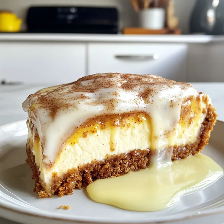 To make Cinnamon Roll Cheesecake, gather these ingredients: - 1 ½ cups graham cracker crumbs - ½ cup unsalted butter, melted - 2 tablespoons sugar - 3 (8 oz) packages cream cheese, softened - 1 cup sugar - 1 teaspoon vanilla extract - 3 large eggs - 1 teaspoon ground cinnamon - ½ cup sour cream - ¼ cup heavy cream - ½ cup brown sugar - 1 tablespoon ground cinnamon (for swirl) - 1 cup powdered sugar (for glaze) - 2 tablespoons milk (for glaze) Each ingredient plays a key role in the final taste and texture. The graham cracker crumbs create a crunchy base. Use 1 ½ cups for the crust. Melt ½ cup of unsalted butter to bind the crumbs. The sugar adds sweetness, with 2 tablespoons for the crust and 1 cup for the filling. For the cheesecake filling, you need three packages of 8 oz cream cheese. These must be softened for easy mixing. Add 1 teaspoon of vanilla extract for flavor. Use three large eggs to bind everything together. The ground cinnamon enhances the warm, cozy vibe of the dessert. Sour cream (½ cup) and heavy cream (¼ cup) add richness and creaminess. Brown sugar (½ cup) and 1 tablespoon of ground cinnamon create the sweet swirl. Finally, the glaze uses 1 cup of powdered sugar and 2 tablespoons of milk for a smooth finish. You can swap some ingredients if needed. If you want a gluten-free crust, use gluten-free graham crackers. You can replace unsalted butter with coconut oil for a dairy-free option. If you don't have sour cream, plain yogurt works well. For a lighter cheesecake, use low-fat cream cheese. You can skip the heavy cream and add more sour cream. If you want a sweeter glaze, add more powdered sugar. Feel free to mix and match based on what you have on hand! {{ingredient_image_1}} Start by setting your oven to 325°F (165°C). This temperature helps the cheesecake bake evenly. While the oven warms up, gather your baking tools. You will need a 9-inch springform pan for easy release. A medium bowl and a large mixing bowl will also come in handy. In a medium bowl, mix 1 ½ cups of graham cracker crumbs, ½ cup of melted unsalted butter, and 2 tablespoons of sugar. Stir until the mixture is crumbly. Press this mix into the bottom of your springform pan. Bake it for 10 minutes, then let it cool. This crust is a sweet base for your cheesecake. Take a large mixing bowl and add 3 packages of softened cream cheese, 1 cup of sugar, and 1 teaspoon of vanilla extract. Beat these ingredients until they are smooth and creamy. This step is key for a rich filling. Next, add 3 large eggs one at a time, mixing well after each addition. Then stir in 1 teaspoon of ground cinnamon, ½ cup of sour cream, and ¼ cup of heavy cream. Mix until everything is well combined. In a small bowl, mix together ½ cup of brown sugar and 1 tablespoon of ground cinnamon. Pour half of the cheesecake batter over the cooled crust. Sprinkle half of the cinnamon-sugar mix over it. Use a knife to swirl gently. Pour the rest of the cheesecake batter on top and repeat the swirl with the remaining cinnamon-sugar mixture. The swirls create a beautiful look and add flavor. Place your springform pan into a larger baking dish filled with hot water. This water bath helps the cheesecake bake without cracking. Bake for about 60 to 70 minutes. The edges should be set, but the center should jiggle slightly. Once done, turn off the oven and crack the door open. Let the cheesecake cool inside for one hour. After that, move it to the fridge to chill for at least 4 hours or overnight. This cooling time makes it firm and delicious. To avoid cracks in your cheesecake, use a water bath. This method keeps moisture in the oven. It helps the cheesecake bake evenly. Wrap the springform pan in foil. Set it in a larger pan filled with hot water. Bake it gently at 325°F. This way, the edges cook without drying out. For a smooth and creamy texture, start with softened cream cheese. Beat it well with sugar. Mix on low speed to avoid air bubbles. Add eggs one at a time, mixing just until combined. Overmixing can make it dense. Sour cream and heavy cream add richness, so don’t skip them. Check for doneness by looking at the edges. They should be set, but the center should jiggle slightly. It will continue to firm up while cooling. Turn off the oven and crack the door open. Let it cool slowly for an hour in the oven. This helps prevent sudden temperature changes that cause cracks. Pro Tips Ensure Cream Cheese is Softened: Let the cream cheese sit at room temperature for at least an hour before using. This will help achieve a smooth and creamy texture in your cheesecake filling. Use a Water Bath: Baking your cheesecake in a water bath helps regulate temperature and prevents cracks. Wrap the bottom of your springform pan in aluminum foil to avoid any water leaks. Chill Overnight: For the best texture and flavor, allow your cheesecake to chill in the fridge overnight. This allows the flavors to meld and the cheesecake to set perfectly. Drizzle Glaze Just Before Serving: To keep the glaze from soaking into the cheesecake, drizzle it just before serving. This ensures it remains visually appealing and adds a fresh touch. {{image_2}} You can easily change the flavor of your Cinnamon Roll Cheesecake. To add vanilla, just mix in an extra teaspoon of vanilla extract. This boosts the sweet taste and makes it richer. For a fall twist, try pumpkin spice. Add one teaspoon of pumpkin spice to the cheesecake mix instead of cinnamon. This gives your dessert a warm, cozy flavor. The crust can also change to suit your taste. Instead of graham crackers, you can use crushed Oreos for a chocolatey kick. Just mix the crushed Oreos with melted butter and press it into the pan. Another option is a nut crust. Blend almonds or pecans with butter and sugar for a crunchy base. This adds texture and flavor to your cheesecake. You don’t have to make a big cheesecake. You can make mini cheesecakes using a muffin tin. Just divide the crust and filling into the cups. Bake them for about 20-25 minutes. For cheesecake bars, pour the batter into a lined baking dish. Bake it the same way. Once it cools, cut it into squares. These options are fun for parties or small servings! To keep your cinnamon roll cheesecake fresh, store it in the fridge. Place leftovers in an airtight container. If you use plastic wrap, make sure it covers the cheesecake well. It will last for about five days in the fridge. You can freeze this cheesecake for longer storage. First, slice the cheesecake into pieces. Wrap each piece tightly in plastic wrap. Then, place the wrapped slices in a freezer-safe bag. It will stay good for up to three months in the freezer. When you are ready to eat, let it thaw overnight in the fridge. To enjoy your cheesecake warm, reheat it gently. Place a slice on a microwave-safe plate. Heat it in the microwave for about 15-20 seconds. Check to see if it’s warm enough. Avoid overheating, as it can change the texture. Enjoy your delicious cinnamon roll cheesecake! Cinnamon Roll Cheesecake is a sweet treat that combines cheesecake and cinnamon rolls. It has a creamy filling with rich cinnamon flavor. The cheesecake sits on a crumbly graham cracker crust. A swirl of cinnamon-sugar adds a special touch. It’s a dessert that pleases many palates. Yes, you can make this recipe ahead of time. I often prepare it a day before serving. This allows the flavors to meld and improve. Just remember to chill it for at least four hours. It will taste even better after resting in the fridge. You can serve it with whipped cream for extra creaminess. Fresh fruits like berries also work well. A drizzle of caramel or chocolate sauce adds a nice flair. These options enhance the flavor and presentation of your cheesecake. Cinnamon Roll Cheesecake lasts about five to seven days in the fridge. Store it in an airtight container to keep it fresh. If you notice any changes in texture or smell, it’s best to toss it. Enjoy your dessert while it’s at its best! We explored the full process of making Cinnamon Roll Cheesecake. We covered the ingredients you need and how to measure them. You learned how to make the crust and filling, swirl the mixture, and bake it perfectly. I shared tips to avoid cracks and keep your cheesecake creamy. We also looked at fun variations and storage ideas to keep it fresh. With this knowledge, you can create a delicious dessert that impresses everyone. Enjoy baking and sharing this tasty treat!