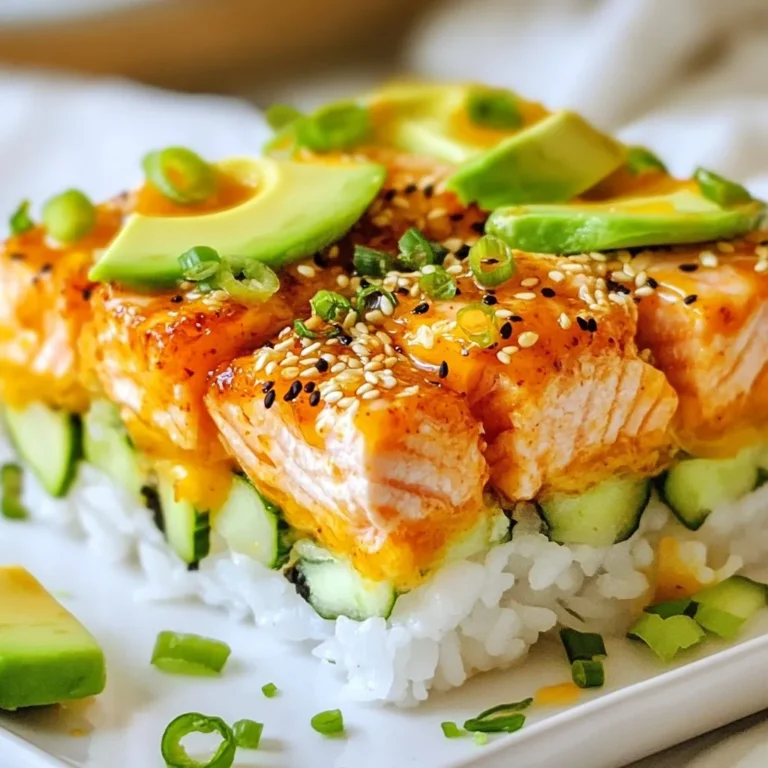 - 2 cups sushi rice - 1 lb fresh salmon, skinless and diced - 2 tablespoons sriracha - 2 tablespoons mayonnaise - 1 tablespoon rice vinegar - 1 tablespoon sugar - 1 teaspoon salt - 1 avocado, sliced - 1 cucumber, thinly sliced - ½ cup green onions, finely chopped - 1 tablespoon sesame seeds - Nori sheets, cut into squares for serving The main ingredients form the heart of this dish. Sushi rice brings the perfect sticky texture. Fresh salmon adds a rich flavor. Sriracha gives it a spicy kick, while mayonnaise makes it creamy. Additional ingredients enhance the dish. Rice vinegar adds tang, while sugar and salt balance the flavors. Toppings like avocado and cucumber add freshness, and green onions provide a nice crunch. Sesame seeds finish it off with a nutty touch. Finally, nori sheets are essential for serving. They allow you to wrap each bite, making it fun to eat. You can customize your sushi bake with these ingredients to suit your taste. Enjoy your cooking! {{ingredient_image_1}} First, rinse the sushi rice under cold water. Keep rinsing until the water runs clear. This step removes extra starch and helps the rice cook better. Next, place the rice in a rice cooker and add 2 ½ cups of water. Cook the rice according to the rice cooker instructions. Once it finishes, let it sit for 10 minutes. This resting time helps the rice to firm up. While the rice cools, mix the vinegar, sugar, and salt in a small bowl. Stir these together until they dissolve. Once the rice is warm, gently fold this mixture into it. This adds flavor and gives the rice a nice shine. Set the seasoned rice aside to cool completely. Now, let's make the spicy salmon mixture. In a large bowl, combine the diced salmon, sriracha, mayonnaise, and soy sauce. Use a spoon to mix everything well. Make sure the salmon gets coated evenly. This mixture is what gives the bake its bold flavor. Preheat your oven to 375°F (190°C). In a baking dish, spread the seasoned sushi rice evenly on the bottom. Make sure it covers the whole dish. Next, spoon the spicy salmon mixture on top of the rice. Spread it out evenly so every bite has salmon. Place the baking dish in the preheated oven. Bake for 15 to 20 minutes. You want the salmon to be cooked through and the top to become slightly golden. Keep an eye on it to avoid overcooking. Once the bake is done, take it out of the oven. Let it cool for a few minutes. Now, it's time to add some toppings! Layer on sliced avocado, cucumber, and chopped green onions. Don’t forget to sprinkle sesame seeds on top for crunch. Cut the bake into squares and serve it warm with nori sheets. These make for easy wrapping and add a fun touch! To make great sushi rice, rinse it well. Rinse the sushi rice under cold water until it runs clear. This removes excess starch. You want fluffy rice, not sticky rice. Use a rice cooker for best results. Combine 2 cups of sushi rice with 2 ½ cups of water. Cook it according to the rice cooker’s instructions. After cooking, let it sit for 10 minutes. This resting time helps the rice firm up. Then, mix in rice vinegar, sugar, and salt while it's warm. If you love heat, sriracha is your friend. Start with 2 tablespoons in your spicy salmon mix. If you want less heat, use less sriracha. You can always add more later. Taste as you mix. This way, you can control the spice level. Make it milder for kids or guests who prefer less heat. Serving matters! Slice the sushi bake into squares. Use nori sheets as fun wraps. Cut the nori into squares for easy handling. Place a square of sushi bake on a nori piece. Then, add your favorite toppings like avocado or cucumber. Roll it up and enjoy! This adds a nice touch and makes eating fun. Pro Tips Use Fresh Ingredients: Always opt for the freshest salmon and vegetables for the best flavor and texture in your sushi bake. Adjust Spiciness: Feel free to modify the amount of sriracha in the salmon mixture to match your spice tolerance or preference. Cooling the Rice: Allow the seasoned sushi rice to cool completely before layering; this helps it hold together better when baked. Experiment with Toppings: Try adding other toppings like pickled ginger or sesame oil for an extra layer of flavor. {{image_2}} You can switch up the protein in your Spicy Salmon Sushi Bake. Try using shrimp or crab for a different taste. If you want a lighter option, consider using cooked chicken. For sauces, you can replace sriracha with gochujang or even a spicy garlic sauce. Each option adds a unique flavor while keeping the dish delicious. If you want a vegetarian take, tofu works great. Use firm tofu and cube it. Marinate the tofu with soy sauce, a bit of sriracha, and mayonnaise. You can also add vegetables, like bell peppers or carrots. This gives the bake a fresh crunch and keeps it filling. To elevate your dish, think about toppings. Consider adding jalapeños for heat or pickled ginger for a tangy kick. A sprinkle of furikake brings umami to the mix. You can also drizzle extra mayonnaise or sriracha on top after baking. These extras make the bake even more exciting and flavorful. To keep your Spicy Salmon Sushi Bake fresh, store leftovers properly. First, let it cool to room temperature. Then, place the leftovers in an airtight container. This helps lock in flavor and moisture. You can keep it in the fridge for up to three days. Make sure to cover it well to avoid any drying out. When you want to enjoy leftovers, reheating is key. The best way is to use the oven. Preheat your oven to 350°F (175°C). Place the sushi bake in an oven-safe dish. Cover it with foil to keep it moist. Heat for about 15-20 minutes. Check that it’s warmed through before serving. If you want to save some for later, freezing works well. Cut the sushi bake into portions. Wrap each piece tightly in plastic wrap, then place them in a freezer bag. This way, you can pull out just what you need. It can stay frozen for up to three months. When ready to eat, let it thaw in the fridge overnight before reheating. To make sushi rice, start with 2 cups of sushi rice. Rinse the rice under cold water until the water runs clear. This removes excess starch. Next, combine the rinsed rice with 2 ½ cups of water in a rice cooker. Cook it according to the manufacturer's instructions. After cooking, let the rice sit for 10 minutes. This step helps it steam and become fluffy. Now, mix 1 tablespoon of rice vinegar, 1 tablespoon of sugar, and 1 teaspoon of salt in a small bowl. Stir until dissolved. Gently fold this mixture into the warm rice. This adds flavor and makes the rice sticky, perfect for sushi. Yes, you can prepare parts of the Spicy Salmon Sushi Bake ahead of time. Make the sushi rice and let it cool. You can store it in the fridge for up to one day. For the spicy salmon mixture, combine the diced salmon, sriracha, mayonnaise, and soy sauce in advance as well. Store this mixture in the fridge until you are ready to bake. Just remember to layer the rice and salmon mixture right before baking. This will ensure it stays fresh and delicious. You can pair Spicy Salmon Sushi Bake with several tasty side dishes. A fresh salad with mixed greens and a light vinaigrette works well. Serve some pickled vegetables for a tangy crunch. Edamame is also a great choice. It adds protein and a nice texture. If you want something warm, miso soup is a lovely option. Don't forget the nori sheets! They are perfect for wrapping each bite of the sushi bake. Enjoy your meal! In this post, I covered how to make a delicious Spicy Salmon Sushi Bake. You learned about the essential ingredients, like sushi rice and fresh salmon, and the key steps to prepare and bake it. I shared tips for perfecting the rice and ideas for customizing flavor. Remember, feel free to adjust the spice and explore variations, like vegetarian options. This dish is simple and fun to make, whether for a meal or a gathering. Enjoy your sushi bake and impress your friends and family!