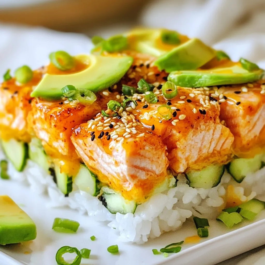 - 2 cups sushi rice - 1 lb fresh salmon, skinless and diced - 2 tablespoons sriracha - 2 tablespoons mayonnaise - 1 tablespoon rice vinegar - 1 tablespoon sugar - 1 teaspoon salt - 1 avocado, sliced - 1 cucumber, thinly sliced - ½ cup green onions, finely chopped - 1 tablespoon sesame seeds - Nori sheets, cut into squares for serving The main ingredients form the heart of this dish. Sushi rice brings the perfect sticky texture. Fresh salmon adds a rich flavor. Sriracha gives it a spicy kick, while mayonnaise makes it creamy. Additional ingredients enhance the dish. Rice vinegar adds tang, while sugar and salt balance the flavors. Toppings like avocado and cucumber add freshness, and green onions provide a nice crunch. Sesame seeds finish it off with a nutty touch. Finally, nori sheets are essential for serving. They allow you to wrap each bite, making it fun to eat. You can customize your sushi bake with these ingredients to suit your taste. Enjoy your cooking! {{ingredient_image_1}} First, rinse the sushi rice under cold water. Keep rinsing until the water runs clear. This step removes extra starch and helps the rice cook better. Next, place the rice in a rice cooker and add 2 ½ cups of water. Cook the rice according to the rice cooker instructions. Once it finishes, let it sit for 10 minutes. This resting time helps the rice to firm up. While the rice cools, mix the vinegar, sugar, and salt in a small bowl. Stir these together until they dissolve. Once the rice is warm, gently fold this mixture into it. This adds flavor and gives the rice a nice shine. Set the seasoned rice aside to cool completely. Now, let's make the spicy salmon mixture. In a large bowl, combine the diced salmon, sriracha, mayonnaise, and soy sauce. Use a spoon to mix everything well. Make sure the salmon gets coated evenly. This mixture is what gives the bake its bold flavor. Preheat your oven to 375°F (190°C). In a baking dish, spread the seasoned sushi rice evenly on the bottom. Make sure it covers the whole dish. Next, spoon the spicy salmon mixture on top of the rice. Spread it out evenly so every bite has salmon. Place the baking dish in the preheated oven. Bake for 15 to 20 minutes. You want the salmon to be cooked through and the top to become slightly golden. Keep an eye on it to avoid overcooking. Once the bake is done, take it out of the oven. Let it cool for a few minutes. Now, it's time to add some toppings! Layer on sliced avocado, cucumber, and chopped green onions. Don’t forget to sprinkle sesame seeds on top for crunch. Cut the bake into squares and serve it warm with nori sheets. These make for easy wrapping and add a fun touch! To make great sushi rice, rinse it well. Rinse the sushi rice under cold water until it runs clear. This removes excess starch. You want fluffy rice, not sticky rice. Use a rice cooker for best results. Combine 2 cups of sushi rice with 2 ½ cups of water. Cook it according to the rice cooker’s instructions. After cooking, let it sit for 10 minutes. This resting time helps the rice firm up. Then, mix in rice vinegar, sugar, and salt while it's warm. If you love heat, sriracha is your friend. Start with 2 tablespoons in your spicy salmon mix. If you want less heat, use less sriracha. You can always add more later. Taste as you mix. This way, you can control the spice level. Make it milder for kids or guests who prefer less heat. Serving matters! Slice the sushi bake into squares. Use nori sheets as fun wraps. Cut the nori into squares for easy handling. Place a square of sushi bake on a nori piece. Then, add your favorite toppings like avocado or cucumber. Roll it up and enjoy! This adds a nice touch and makes eating fun. Pro Tips Use Fresh Ingredients: Always opt for the freshest salmon and vegetables for the best flavor and texture in your sushi bake. Adjust Spiciness: Feel free to modify the amount of sriracha in the salmon mixture to match your spice tolerance or preference. Cooling the Rice: Allow the seasoned sushi rice to cool completely before layering; this helps it hold together better when baked. Experiment with Toppings: Try adding other toppings like pickled ginger or sesame oil for an extra layer of flavor. {{image_2}} You can switch up the protein in your Spicy Salmon Sushi Bake. Try using shrimp or crab for a different taste. If you want a lighter option, consider using cooked chicken. For sauces, you can replace sriracha with gochujang or even a spicy garlic sauce. Each option adds a unique flavor while keeping the dish delicious. If you want a vegetarian take, tofu works great. Use firm tofu and cube it. Marinate the tofu with soy sauce, a bit of sriracha, and mayonnaise. You can also add vegetables, like bell peppers or carrots. This gives the bake a fresh crunch and keeps it filling. To elevate your dish, think about toppings. Consider adding jalapeños for heat or pickled ginger for a tangy kick. A sprinkle of furikake brings umami to the mix. You can also drizzle extra mayonnaise or sriracha on top after baking. These extras make the bake even more exciting and flavorful. To keep your Spicy Salmon Sushi Bake fresh, store leftovers properly. First, let it cool to room temperature. Then, place the leftovers in an airtight container. This helps lock in flavor and moisture. You can keep it in the fridge for up to three days. Make sure to cover it well to avoid any drying out. When you want to enjoy leftovers, reheating is key. The best way is to use the oven. Preheat your oven to 350°F (175°C). Place the sushi bake in an oven-safe dish. Cover it with foil to keep it moist. Heat for about 15-20 minutes. Check that it’s warmed through before serving. If you want to save some for later, freezing works well. Cut the sushi bake into portions. Wrap each piece tightly in plastic wrap, then place them in a freezer bag. This way, you can pull out just what you need. It can stay frozen for up to three months. When ready to eat, let it thaw in the fridge overnight before reheating. To make sushi rice, start with 2 cups of sushi rice. Rinse the rice under cold water until the water runs clear. This removes excess starch. Next, combine the rinsed rice with 2 ½ cups of water in a rice cooker. Cook it according to the manufacturer's instructions. After cooking, let the rice sit for 10 minutes. This step helps it steam and become fluffy. Now, mix 1 tablespoon of rice vinegar, 1 tablespoon of sugar, and 1 teaspoon of salt in a small bowl. Stir until dissolved. Gently fold this mixture into the warm rice. This adds flavor and makes the rice sticky, perfect for sushi. Yes, you can prepare parts of the Spicy Salmon Sushi Bake ahead of time. Make the sushi rice and let it cool. You can store it in the fridge for up to one day. For the spicy salmon mixture, combine the diced salmon, sriracha, mayonnaise, and soy sauce in advance as well. Store this mixture in the fridge until you are ready to bake. Just remember to layer the rice and salmon mixture right before baking. This will ensure it stays fresh and delicious. You can pair Spicy Salmon Sushi Bake with several tasty side dishes. A fresh salad with mixed greens and a light vinaigrette works well. Serve some pickled vegetables for a tangy crunch. Edamame is also a great choice. It adds protein and a nice texture. If you want something warm, miso soup is a lovely option. Don't forget the nori sheets! They are perfect for wrapping each bite of the sushi bake. Enjoy your meal! In this post, I covered how to make a delicious Spicy Salmon Sushi Bake. You learned about the essential ingredients, like sushi rice and fresh salmon, and the key steps to prepare and bake it. I shared tips for perfecting the rice and ideas for customizing flavor. Remember, feel free to adjust the spice and explore variations, like vegetarian options. This dish is simple and fun to make, whether for a meal or a gathering. Enjoy your sushi bake and impress your friends and family!