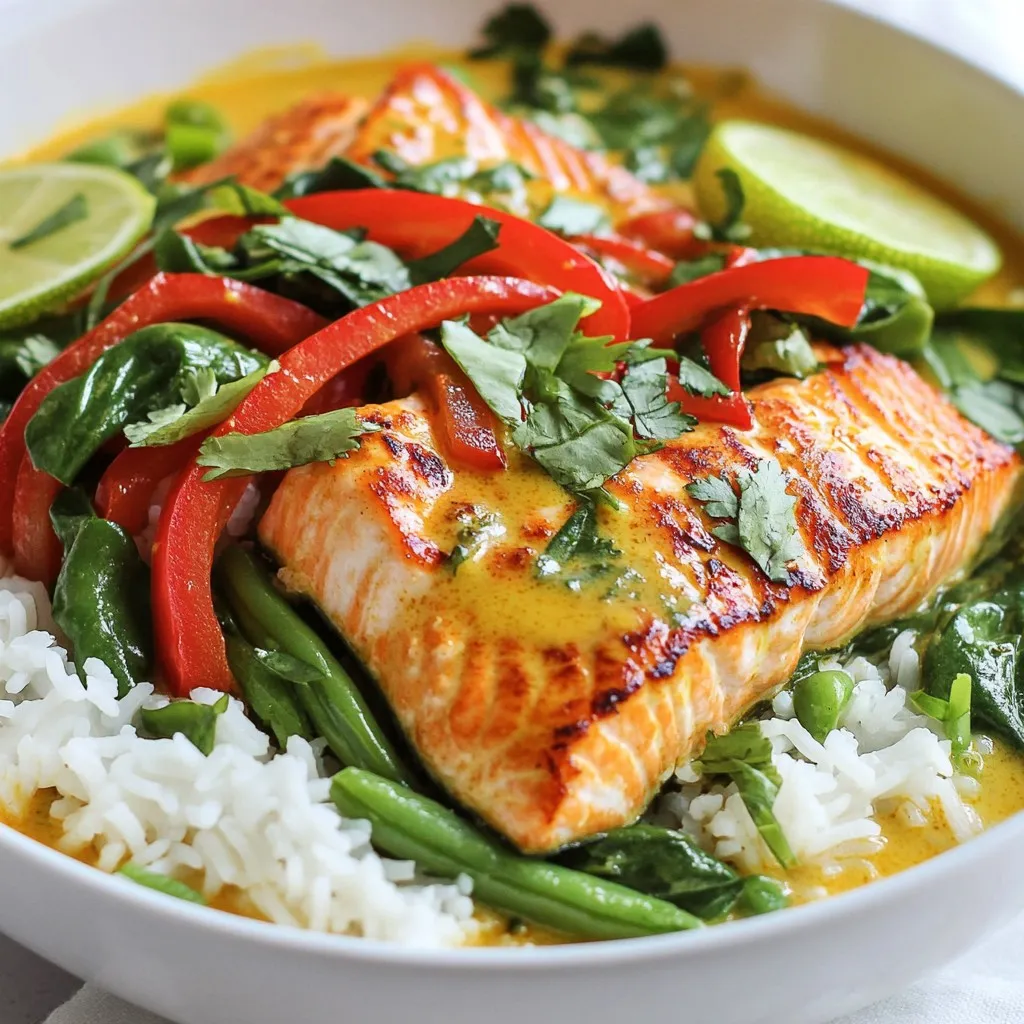 To make Thai Salmon Coconut Curry, you will need: - 2 salmon fillets, skinless and boneless - 1 can (400ml) coconut milk - 2 tablespoons red curry paste - 1 tablespoon fish sauce - 1 tablespoon brown sugar - 1 cup vegetable broth - 1 red bell pepper, sliced - 1 cup green beans, trimmed - 1 cup baby spinach - 2 tablespoons fresh lime juice - Fresh basil and cilantro for garnish - Cooked jasmine rice for serving You can swap some ingredients if needed: - Use chicken or tofu instead of salmon. - Swap coconut milk with almond or soy milk for a lighter option. - If you dislike red curry paste, try yellow or green curry paste. - Replace fish sauce with soy sauce for a vegetarian dish. - Use honey instead of brown sugar for a different sweetness. To cook this dish, you will need: - A medium saucepan for the curry. - A cutting board and knife for chopping. - A measuring cup for liquids. - A spatula or spoon for stirring. - A serving bowl for rice and curry. These tools make your cooking easier and help you create a tasty meal. {{ingredient_image_1}} To start, heat a bit of oil in a medium saucepan over medium heat. Add 2 tablespoons of red curry paste. Sauté this for about 1 minute until it smells great. Next, pour in 1 can of coconut milk and 1 cup of vegetable broth. Stir well to mix everything together. Bring this mixture to a gentle simmer. Now, add 1 tablespoon of fish sauce and 1 tablespoon of brown sugar. Stir until the sugar dissolves. This base gives your curry a rich flavor. Once the base is ready, bring the curry to a simmer again. Now, add 1 sliced red bell pepper and 1 cup of trimmed green beans. Cook these for about 5 minutes. You want the vegetables to soften but still have a nice crunch. This step adds color and texture to your dish. Gently add 2 skinless and boneless salmon fillets into the pan. Cook for 5 to 7 minutes. The salmon should be cooked through and flake easily with a fork. After that, stir in 1 cup of baby spinach. Cook until just wilted, which takes about 1 to 2 minutes. This adds a fresh taste. Remove the pan from heat and add 2 tablespoons of fresh lime juice. This brightens all the flavors. Serve your curry over cooked jasmine rice and garnish with fresh basil and cilantro. Enjoy your Thai salmon coconut curry! To make your Thai salmon coconut curry shine, focus on the balance of flavors. Use a good quality red curry paste, as this is your base. The richness of coconut milk adds creaminess. Fish sauce gives a salty kick, while brown sugar adds sweetness. Always taste as you go; adjust with lime juice for brightness. You want a dance of sweet, salty, and spicy. Cook the salmon until it flakes easily with a fork. Start by adding it gently to the simmering curry. Keep the heat medium-low to avoid overcooking. Salmon cooks quickly, so check after 5 minutes. If you prefer a firmer texture, cook it a minute longer. Remember, salmon continues to cook after you take it off the heat. Garnishing adds flair to your dish. Use fresh basil and cilantro for a vibrant touch. They bring a burst of color and flavor. Serve the curry over jasmine rice for a clean look. A lime wedge on the side adds a pop of color. This will impress your guests and make the dish even more inviting. Pro Tips Fresh Ingredients: Using fresh salmon and vegetables elevates the flavor of your curry and enhances its nutritional value. Adjust Spice Level: If you prefer a milder curry, reduce the amount of red curry paste or add more coconut milk to balance the heat. Garnish for Freshness: Adding fresh basil and cilantro not only adds color but also a burst of fresh flavor that complements the dish beautifully. Make it Ahead: This curry can be made in advance and stored in the fridge for up to 2 days, making it a great meal prep option. {{image_2}} You can switch out salmon for other proteins. Chicken works well in this dish. It cooks fast and absorbs flavors nicely. Shrimp is another great choice. It cooks quickly and adds a sweet taste. Tofu is perfect for a plant-based option. It soaks up the curry and gives a nice texture. To make this dish vegan, replace salmon with tofu or tempeh. Use vegetable broth instead of fish sauce. You can also skip the fish sauce altogether. Add more veggies like carrots or zucchini for extra flavor. This makes the curry colorful and fun. If you like heat, add more red curry paste. You can also add sliced fresh chilies. For a milder dish, start with less curry paste. Taste as you cook to find the right heat level. A little lime juice can also help balance the spice. Enjoy your perfect level of heat! After cooking Thai salmon coconut curry, let it cool first. Place leftovers in an airtight container. You can store it in the fridge for up to three days. This keeps the flavors fresh and tasty. To reheat, use a medium saucepan over low heat. Add a splash of water or broth if it seems thick. Heat until it's warm, stirring gently. You can also use the microwave. Heat in a microwave-safe bowl for about 1-2 minutes, stirring halfway through. If you want to save the curry for later, freezing works great. Portion it into freezer-safe containers. Leave some space at the top, as it may expand when frozen. It can last up to three months in the freezer. When ready to eat, thaw it overnight in the fridge before reheating. You can serve Thai Salmon Coconut Curry with cooked jasmine rice. This rice soaks up the curry's rich flavors well. You might also try serving it with quinoa for a nutty taste. A side of steamed broccoli or a fresh salad adds a nice crunch. Fresh herbs like basil or cilantro on top can brighten the dish. Yes, you can make this curry in advance. It tastes great after sitting for a while. Store it in an airtight container in the fridge. It will stay fresh for about three days. When you are ready to eat, just reheat it on the stove. Add a splash of vegetable broth to keep it creamy. Coconut milk has both good and bad aspects. It is creamy and full of flavor. It has healthy fats that give you energy. But it also has a lot of calories. Use it in moderation. Balance it with fresh veggies and lean proteins for a healthy meal. This blog post covered everything you need for a tasty Thai Salmon Coconut Curry. You learned about the key ingredients and how to swap them if needed. I shared handy tips to make your dish flavorful and beautiful. We discussed variations for different tastes and how to store leftovers. Involve your senses and enjoy the cooking process. With practice, your curry will be a go-to meal! Now, dive into the kitchen and create your delicious dish!