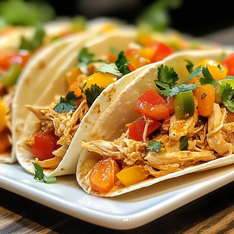 For this tasty dish, you need a few key items: - 2 lbs boneless, skinless chicken thighs - 1 packet taco seasoning (or a mix of chili powder, cumin, garlic powder, and onion powder) - 1 can (15 oz) diced tomatoes with green chilies, undrained - 1 cup frozen corn - 1 cup low-sodium chicken broth - 1 bell pepper, sliced - 1 onion, sliced - Salt and pepper to taste - Corn or flour tortillas for serving These ingredients create a flavorful base for your chicken tacos. I love using chicken thighs because they stay juicy during cooking. The diced tomatoes add a nice kick with the green chilies. Toppings make your tacos fun and colorful. Here are some ideas: - Fresh cilantro, chopped - Diced avocado - Shredded lettuce - Cheese (like cheddar or queso fresco) - Sour cream I recommend serving your tacos on a large platter. This lets everyone add their favorite toppings. You can also offer lime wedges for a zesty squeeze. Enjoy making your tacos unique! {{ingredient_image_1}} First, you want to layer the chicken in your crockpot. Place the boneless chicken thighs at the bottom. Next, sprinkle the taco seasoning evenly over the chicken. Make sure every piece gets a good coat for full flavor. After that, it’s time to add the vegetables. Pour in the can of diced tomatoes, including all the juices. This adds moisture and flavor. Then, toss in the frozen corn, sliced bell pepper, and onion. These veggies add great texture and taste. Finally, pour the low-sodium chicken broth over everything. This will help the chicken cook and keep it moist. Don’t forget to season with salt and pepper to taste. For cooking, you can choose between low and high settings. If you go low, cook for 6 to 8 hours. If you are in a hurry, the high setting works well too. Cook for 3 to 4 hours. The chicken should be tender and easy to shred when done. When it’s time to shred the chicken, use two forks. Shred the chicken right in the crockpot. Mix it well with the sauce and veggies. This step makes sure every bite is packed with flavor. To get the best flavor in your tacos, use boneless chicken thighs. They stay juicy and tender during cooking. Taco seasoning adds spice, but feel free to make your own. A mix of chili powder, cumin, garlic powder, and onion powder works great. Common mistakes include not seasoning enough. Taste your mix before serving. Overcooking can also dry out the chicken. Follow the time guidelines closely. Shredding the chicken in the crockpot keeps it moist and flavorful. When serving tacos, presentation matters. Use a large platter to show off your tacos. Arrange bowls of toppings like diced avocado, cheese, and fresh cilantro. Guests love to customize their meals. For side dishes, consider serving rice or beans. These pair well with the tacos. You can also add a fresh salad. Lime wedges are a nice touch for a zesty kick. Pro Tips Use Thighs for Flavor: Chicken thighs are more flavorful and tender than chicken breasts, making them ideal for slow cooking. Customize Your Seasoning: Feel free to adjust the taco seasoning based on your taste preferences or spice tolerance. Homemade blends allow for more control. Let the Chicken Rest: After cooking, let the chicken rest for a few minutes before shredding to retain moisture and flavor. Serve with Lime: A squeeze of fresh lime juice over the tacos adds brightness and enhances the flavors of the dish. {{image_2}} If you want to swap the chicken, try using turkey or pork. Both meats work well in tacos. You can even use tofu for a plant-based option. If you need a taco seasoning swap, mix your spices. Combine chili powder, cumin, garlic powder, and onion powder. This mix gives you a fresh flavor. You can adapt this recipe for an Instant Pot. Just follow these steps: 1. Add the chicken and spices to the pot. 2. Pour in the tomatoes, corn, bell pepper, onion, and broth. 3. Seal the lid and cook on high for 15 minutes. 4. Release the pressure and shred the chicken. For a skillet version, heat a large pan over medium heat. Cook the chicken with spices until browned. Then, add the rest of the ingredients. Cover and simmer for about 20-30 minutes, or until the chicken is tender. This method is quick and still delicious! To store your leftover Crockpot chicken tacos, cool the mixture first. Place it in an airtight container. This keeps the chicken moist and tasty. You can refrigerate it for up to three days. If you want to keep it longer, freeze it. Use freezer bags or containers made for freezing. Squeeze out extra air before sealing. This helps prevent freezer burn. To reheat your chicken tacos, use the stovetop for best results. Place the chicken in a skillet over medium heat. Stir often until it’s hot. You can also use a microwave. Put the chicken in a microwave-safe bowl. Cover it with a damp paper towel. Heat in short bursts, stirring in between, until hot. This keeps the flavor and texture just right. Add a splash of chicken broth if it seems dry. Enjoy your tacos like they were fresh! Can I use frozen chicken? Yes, you can use frozen chicken in this recipe. Just place the frozen chicken thighs directly in the crockpot. You may need to cook the chicken a bit longer. Cooking on low for 8-10 hours works well. How can I make it spicier? To spice things up, add more taco seasoning. You can also include sliced jalapeños or a dash of hot sauce. If you like heat, try adding diced chipotle peppers in adobo sauce. What to serve with chicken tacos? These tacos pair well with rice, beans, or a simple salad. You might also add chips and salsa for a crunchy side. Fresh guacamole is always a hit too. Can I make these tacos ahead of time? Yes, you can prepare the filling ahead of time. Just cook it in the crockpot and store it in the fridge. When you are ready, heat it up and serve it in warm tortillas. This blog post shared how to make tasty crockpot chicken tacos. We covered the main ingredients like chicken thighs and taco seasoning. You learned step-by-step cooking instructions and smart tips to perfect your tacos. We also explored tasty variations and how to store leftovers well. Now, you have all the tools to create great meals at home. Enjoy making these flavorful tacos and share them with friends or family! Your cooking can be fun and easy.