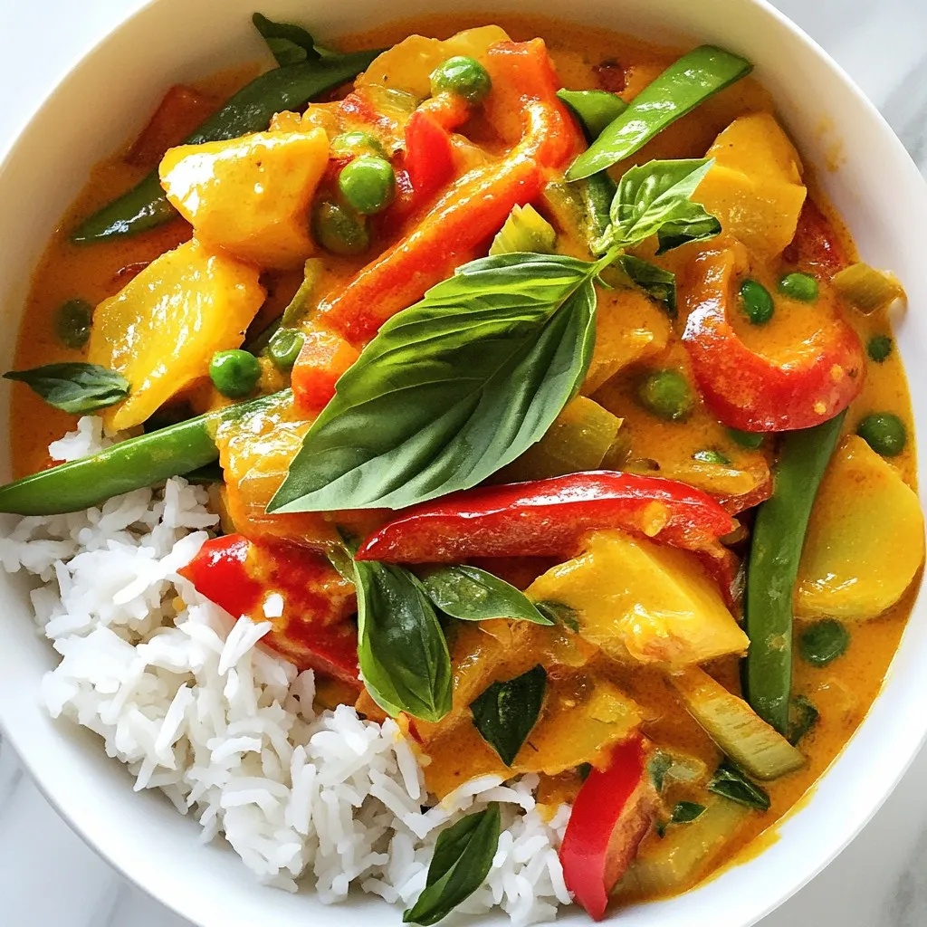 - 1 tablespoon coconut oil - 1 onion, sliced - 2 cloves garlic, minced - 1 inch ginger, grated - 1 red bell pepper, sliced - 1 cup bamboo shoots, drained - 1 can (14 oz) coconut milk - 3 tablespoons Thai red curry paste - 1 tablespoon brown sugar - 2 tablespoons soy sauce - 1 cup snap peas - 1 cup fresh spinach - Fresh basil leaves for garnish - Cooked jasmine rice for serving If you cannot find coconut oil, use vegetable oil. For a lighter taste, swap coconut milk for almond or oat milk. Thai red curry paste gives strong flavor. If you don’t have it, use curry powder or red chili paste, but the taste will differ. Bamboo shoots can be replaced with sliced carrots for crunch. If snap peas are not available, green beans or bell peppers work well. Choose firm, shiny bell peppers. They should feel heavy for their size. For onions, pick those that are smooth and dry. Look for bright green snap peas. They should snap easily when bent. Fresh spinach should be vibrant and crisp. Avoid any leaves that are wilted or yellow. When buying ginger, select firm pieces with smooth skin for the best flavor. {{ingredient_image_1}} 1. First, heat 1 tablespoon of coconut oil in a large skillet over medium heat. 2. Next, add 1 sliced onion. Sauté for about 3-4 minutes until it looks clear. 3. Then, stir in 2 minced cloves of garlic and 1 inch of grated ginger. Cook for 1 minute. 4. Now, add 1 sliced red bell pepper and 1 cup of drained bamboo shoots. Cook for 2-3 minutes until they soften a bit. 5. Pour in 1 can (14 oz) of coconut milk. Add 3 tablespoons of Thai red curry paste, 1 tablespoon of brown sugar, and 2 tablespoons of soy sauce. Mix well. 6. Bring the mix to a simmer, then add 1 cup of snap peas and 1 cup of fresh spinach. Cook for 4-5 minutes until the snap peas are bright green and the spinach wilts. 7. Taste the curry and adjust the seasoning if needed. 8. Remove from heat and garnish with fresh basil leaves. 9. Serve the curry hot over cooked jasmine rice. The total time for this dish is about 30 minutes. Prep takes 10 minutes and cooking takes 20 minutes. For best results, have all your ingredients ready before you start cooking. This makes the process smooth and easy. Always keep an eye on the heat. You want a gentle simmer, not a boil. To get the best flavor, use fresh ingredients. Fresh basil adds a bright taste. Adjust the curry paste for your spice level. If you like it spicier, add more paste. For a sweeter touch, add a little more brown sugar. Tasting as you go helps you find the perfect balance. To get true Thai taste, use fresh ingredients. Fresh garlic, ginger, and herbs bring bright flavors. Always choose high-quality red curry paste. Look for one with natural ingredients. Coconut milk must be full-fat for creaminess. Heat coconut oil well before adding onions. This step unlocks the aroma. Sauté slowly for a sweet base. Avoid using low-quality curry paste; it lacks flavor. Don’t skip the brown sugar; it balances the spice. Overcooking vegetables makes them mushy. Ensure snap peas stay crisp and colorful. Do not rush the simmering process; it’s key for depth. Using too much water can dilute flavors. Taste often and adjust as needed. If you prefer less heat, reduce curry paste. Start with one tablespoon and taste. You can add more later if desired. For extra spice, add sliced fresh chili peppers. Mix in a dash of chili flakes for warmth. Remember, serving with jasmine rice cools heat. Adjusting spice is all about balance. Pro Tips Use Fresh Ingredients: Fresh vegetables and herbs will enhance the flavor of your curry, making it more vibrant and delicious. Adjust Spice Level: If you prefer a milder curry, start with less red curry paste and gradually add more to taste. Make it Creamier: For a creamier texture, you can add an extra can of coconut milk or a splash of heavy cream. Customize Your Veggies: Feel free to substitute or add your favorite vegetables like carrots, zucchini, or broccoli for variety. {{image_2}} You can make this Thai red curry vegetarian or vegan. Swap out the chicken or shrimp for tofu or tempeh. Both options soak up the flavors well. Use vegetable broth instead of chicken broth. This dish stays tasty and filling. You can add more veggies, too. Consider mushrooms or zucchini for extra texture. If you like meat, chicken and shrimp work great. Cut chicken into bite-sized pieces. Cook it after the onions. For shrimp, add them when you add the coconut milk. They cook fast and are juicy. You can also use beef or pork. Just ensure they are cut thin. Switching up the veggies can change the dish each time. In spring, try asparagus or green beans. In summer, use corn or eggplant. Fall and winter veggies like squash or carrots add warmth. Feel free to mix and match. This way, you can enjoy fresh flavors year-round. To store leftovers of Easy Thai Red Curry, let it cool first. Use an airtight container for best results. Place the curry in the container and seal it tightly. Store it in the fridge for up to 4 days. This keeps the flavors fresh and ready for your next meal. You can also freeze this curry for longer storage. Use freezer-safe containers or bags. Make sure to leave some space for expansion when freezing. Label the containers with the date and name. You can freeze it for up to 3 months. When ready to eat, just thaw it overnight in the fridge. To reheat, use a skillet over medium heat. Add a splash of water or coconut milk to keep it creamy. Stir occasionally until it’s heated through. You can also use the microwave. Heat it in short bursts, stirring in between. This will help keep the flavors bright and tasty. Enjoy your delicious curry! Thai red curry is a rich and flavorful dish. It uses coconut milk and red curry paste. The paste blends herbs and spices like chili, garlic, and ginger. You can add many vegetables and proteins, making it versatile. The taste is creamy, spicy, and aromatic. Each bite offers a burst of flavor that warms the soul. Yes, you can make Thai red curry in advance. It stores well in the fridge for up to three days. The flavors deepen over time, making it even better. Just reheat it on the stove when ready to eat. Avoid overcooking the veggies during reheating for best results. Thai red curry pairs well with jasmine rice. The rice soaks up the sauce nicely. You can also serve it with rice noodles or quinoa. Fresh herbs like cilantro or basil add a nice touch. Adding a side salad can make the meal more refreshing. This recipe can be adjusted for spice levels. The Thai red curry paste gives it a nice kick. If you prefer less heat, use less paste. For more spice, add fresh chili or extra paste. Always taste as you go to find your perfect balance. We explored how to make a tasty Thai red curry. I shared key ingredients and their substitutes. You learned tips for picking fresh produce. We covered cooking steps, timing, and flavor tips for great results. For authenticity, I included tricks to avoid common mistakes and adjust spice levels. You also discovered variations for different diets and storage tips for leftovers. With these insights, you can now create your perfect dish. Enjoy the cooking journey!