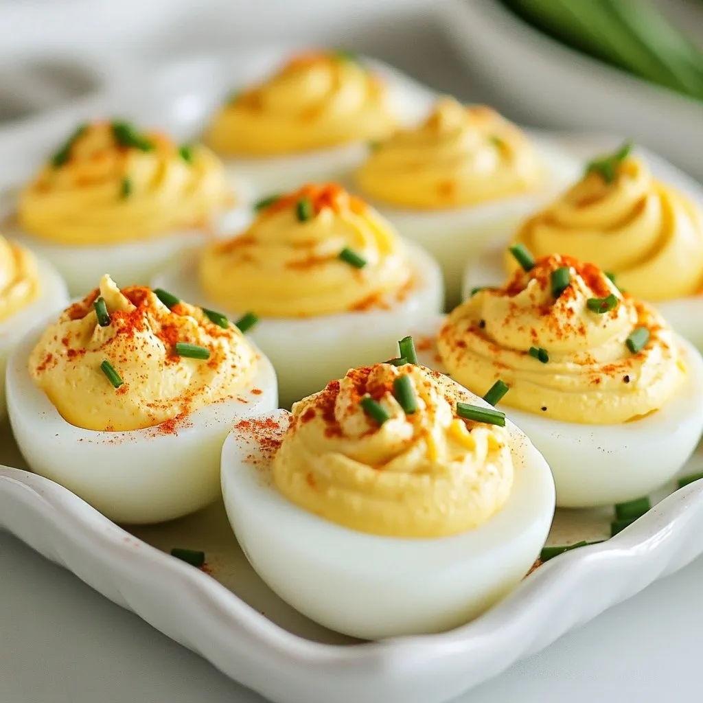 - 6 large eggs - 3 tablespoons mayonnaise - 1 teaspoon Dijon mustard - 1 teaspoon white vinegar - 1/4 teaspoon smoked paprika - Salt and pepper to taste - Fresh chives or parsley, finely chopped (for garnish) - Optional: 1/2 teaspoon pickle relish Classic deviled eggs start with simple, fresh ingredients. The main star is the large eggs. They give us that creamy filling we love. Mayonnaise adds richness. Dijon mustard brings a nice tang. White vinegar helps balance the flavors. Smoked paprika adds a subtle kick. It also gives a beautiful color. Salt and pepper make everything pop. Fresh chives or parsley add a touch of green. They are perfect for garnishing. If you want extra zest, pickle relish is a great choice. It adds a nice crunch and flavor. These ingredients come together to create a delightful and classic appetizer. {{ingredient_image_1}} To start, I place six large eggs in a saucepan. I cover them with cold water, ensuring they are submerged by about an inch. Next, I put the pan over medium-high heat. I bring the water to a boil, then cover it with a lid. After that, I remove the pan from heat and let the eggs sit for 12 minutes. This method helps create a firm yolk without overcooking. Once the time is up, I transfer the eggs to an ice bath. I let them cool for about 5 to 10 minutes. This step makes peeling easier. When the eggs are cool, I gently tap each egg on the counter. I then peel the shells under running water if needed. This helps remove any stubborn bits of shell. Next, I slice each peeled egg in half lengthwise. I carefully remove the yolks and place them in a mixing bowl. I mash the yolks with a fork until smooth. Then, I mix in 3 tablespoons of mayonnaise, 1 teaspoon of Dijon mustard, and 1 teaspoon of white vinegar. I also add 1/4 teaspoon of smoked paprika, along with salt and pepper to taste. For a tangy twist, I can add 1/2 teaspoon of pickle relish. I mix it all until well combined. Finally, I spoon or pipe the yolk mixture back into the egg whites. To finish, I sprinkle a little more smoked paprika on top and garnish with fresh chives or parsley. This gives my classic deviled eggs a beautiful look and amazing flavor. To get the best deviled eggs, you need to boil the eggs right. For softer yolks, let the eggs sit in hot water for about 9 minutes. If you want harder yolks, increase the time to 12 minutes. Keep a timer handy to avoid overcooking. Using an ice bath is key. After boiling, move the eggs to a bowl filled with ice water. Let them sit for 5 to 10 minutes. This cools them down fast and makes peeling easier. Peeling eggs can be tricky. For easier peeling, choose eggs that are a few days old. Fresh eggs stick to the shell more. After cooling, tap the egg gently on the counter. Start peeling from the wider end. That is where the air pocket is, making it easier. If the shell is stubborn, peel the egg under running water. The water helps to loosen the shell and makes it slide off more easily. How you serve your deviled eggs can make a big difference. Use a nice plate to showcase them. You can arrange them in a circle or a line for a neat look. Garnishing adds flair. Sprinkle smoked paprika on top for color. Fresh chives or parsley also brighten up the dish. You might even add slices of radish for extra texture and color. This not only looks good but makes the dish even more appealing. Pro Tips Perfectly Boiled Eggs: To ensure your eggs are perfectly cooked and easy to peel, use eggs that are at least a week old. Fresh eggs are harder to peel. Spice It Up: Experiment with different spices in your filling, such as curry powder or hot sauce, to give your deviled eggs a unique twist. Presentation Matters: For a more elegant presentation, use a piping bag to fill the egg whites with the yolk mixture instead of spooning it in. Chill Before Serving: Let the filled deviled eggs chill in the refrigerator for at least 30 minutes before serving. This enhances the flavors and improves the texture. {{image_2}} You can spice up your deviled eggs easily. Just add hot sauce or sriracha to the yolk mix. A few drops can give it a nice kick. You can also try adding spices like cayenne pepper or paprika for extra heat. This makes the dish fun and bold! Bacon can add a great crunch and flavor. Use crumbled bacon in the yolk filling. Cook the bacon until crispy. Let it cool before crumbling. This adds a smoky taste that pairs well with the creamy yolk. You’ll love the savory twist! Want to try something new? Experiment with different herbs and spices. Fresh dill or cilantro can give a fresh taste. You can also use avocado instead of mayonnaise for a creamy texture. Yogurt is another option for a lighter twist. These changes make the classic dish exciting! To keep your deviled eggs fresh, store them in the fridge. Place them in an airtight container. Cover the eggs tightly to avoid drying out. They stay good for up to two days. After that, they may lose flavor and texture. You can make the filling ahead of time. Just store it in the fridge in a sealed container. This lets the flavors blend well. When you're ready to serve, spoon or pipe the filling into the egg whites. Assemble them just before serving for the best taste. It is not safe to freeze deviled eggs. Freezing changes their texture. If you want to save them, focus on the filling. You can freeze the filling in a sealed bag. Thaw it in the fridge overnight before using. Then, just assemble your eggs fresh for serving. To boil eggs for deviled eggs, start with cold water. Place the eggs in a pot and cover them with water by one inch. Heat the pot over medium-high until it boils. Once boiling, cover the pot and turn off the heat. Let the eggs sit for 12 minutes. This method gives you firm whites and smooth yolks. After 12 minutes, cool the eggs in an ice bath for 5-10 minutes. This step helps with peeling. Deviled eggs can sit out for up to two hours. After that, they may not be safe to eat. Keep them in a cool place to help maintain freshness. If it's hot, like at a picnic, keep them on ice. This way, you can enjoy them without worry. Yes! You can use any mustard you like. Dijon gives a nice tang, but yellow mustard works too. Spicy brown mustard adds a kick, while honey mustard brings sweetness. Feel free to experiment and find your favorite flavor. Each type of mustard can change the taste of your deviled eggs. Deviled eggs can be a healthy snack. Eggs are a good source of protein and essential nutrients. You can make them lighter by using Greek yogurt instead of mayonnaise. You can also add veggies like finely chopped bell peppers or spinach for extra nutrients. Enjoy them as part of a balanced diet! This post showed you how to make deviled eggs from start to finish. We covered the right ingredients, step-by-step instructions, and tips for boiling and peeling eggs. You also learned various delicious filling options and how to store your eggs safely. Now, take what you've learned and get creative in the kitchen. Deviled eggs can be simple or fancy, and you can make them your own. Enjoy the process and share your tasty results with others!