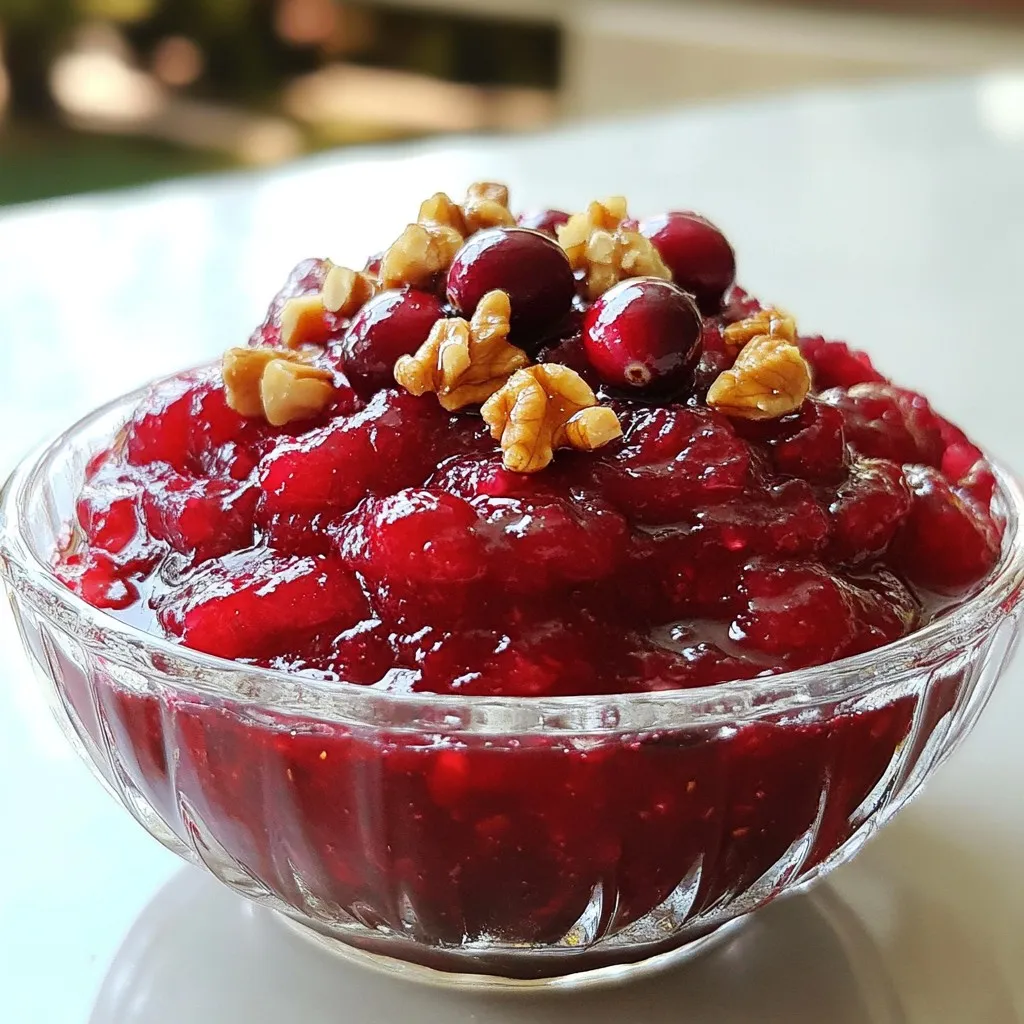 To make a tasty canned cranberry sauce, you need these simple ingredients: - 1 can (14 oz) whole cranberry sauce - 1/2 cup orange juice (freshly squeezed for best flavor) - 1/4 cup brown sugar - 1 teaspoon ground cinnamon - 1/4 teaspoon ground ginger - 1/4 teaspoon ground nutmeg - Pinch of salt - Zest of 1 orange - Optional: Chopped walnuts or pecans for garnish You can easily swap some ingredients if you need to. Here are some ideas: - Use apple juice instead of orange juice for a different flavor. - You can replace brown sugar with honey or maple syrup. - If you don’t have ground spices, use pumpkin pie spice as a mix. - For a nut-free option, skip the walnuts or pecans. When you pick a can, look for these traits to ensure quality: - Check the expiration date. Freshness matters! - Choose whole cranberry sauce for a better texture. - Look for brands with fewer artificial ingredients. - If possible, taste a small sample. You want a nice balance of sweet and tart. {{ingredient_image_1}} 1. Start with a medium saucepan. 2. Add 1 can of whole cranberry sauce. 3. Pour in 1/2 cup of fresh orange juice. 4. Add 1/4 cup of brown sugar. 5. Set the heat to medium. 6. Stir the mixture until the sugar dissolves. 7. Next, add 1 teaspoon of ground cinnamon. 8. Then, add 1/4 teaspoon of ground ginger. 9. Now, add 1/4 teaspoon of ground nutmeg. 10. Finally, add a pinch of salt. 11. Stir well to mix in the spices. 12. Increase the heat a bit. 13. Bring the mixture to a gentle simmer. 14. Cook for about 5-7 minutes. 15. Stir occasionally until it thickens. 16. Remove from heat. 17. Stir in the zest of 1 orange. 18. Let the sauce cool to room temperature. 19. Transfer it to a serving bowl. 20. If you like, sprinkle chopped walnuts or pecans on top. - Use a sturdy saucepan to avoid hot spots. - Fresh orange juice really boosts flavor. - Make sure to stir well to prevent burning. - Keep an eye on the simmer; it should not boil. - Adding the orange zest off the heat keeps it fresh. - Letting it cool helps deepen the flavors. - Choose a bowl that shows off the bright color. - Don’t skip the zest; it adds lots of flavor. - Avoid high heat; it can burn the sugar. - Don’t cook too long; you want a nice, thick sauce, not jam. - Use fresh juice instead of bottled for better taste. - Remember to taste as you cook; adjust spices if needed. To make your canned cranberry sauce shine, you can add a few simple items. Fresh orange juice gives it a bright taste. I suggest using half a cup for the best flavor. Brown sugar adds sweetness and depth. Just a quarter cup will do. Spices like ground cinnamon, ginger, and nutmeg add warmth and richness. A pinch of salt rounds out the flavors. You can also add orange zest for a fresh twist. If you want a crunchy texture, sprinkle some chopped walnuts or pecans on top. Canned cranberry sauce fits well with many meals. It is perfect for holiday dinners, especially with turkey. You can also serve it alongside ham or pork for a nice contrast. Spread it on sandwiches for a sweet touch. Use it as a topping on pancakes or waffles for a fun breakfast. Don’t forget that it tastes great with cheese, too. Try it with cream cheese on crackers for a tasty snack. How you present your cranberry sauce can make a big difference. Use a clear glass bowl to show off its rich color. Garnish with whole cranberries or a sprig of mint for a pop of color. You can also use a pretty serving spoon to elevate the look. If you have a holiday table, consider placing it on a decorative platter with other sides. This makes it look festive and inviting. Pro Tips Use Fresh Ingredients: Using freshly squeezed orange juice enhances the flavor of your cranberry bliss sauce significantly. Fresh ingredients give a brighter taste compared to bottled options. Adjust Sweetness: Depending on your preference and the tartness of the cranberries, feel free to adjust the amount of brown sugar in the recipe. Taste as you go to achieve your desired sweetness. Spice Variation: Experiment with spices like allspice or cloves in addition to cinnamon, ginger, and nutmeg for a unique flavor profile that suits your taste buds. Cool Before Serving: Allow the sauce to cool to room temperature before serving. This not only thickens the sauce but also allows the flavors to meld beautifully. {{image_2}} You can easily change the taste of canned cranberry sauce. Start by adding different juices. For example, use apple juice instead of orange juice for a sweet twist. You can also try lemon juice for a tangy flavor. Adding spices can enhance the taste too. Ground cloves and allspice add depth. A dash of vanilla extract brings a smooth note. Canned cranberry sauce pairs great with holiday meals. It shines next to turkey and ham. The tartness cuts through rich flavors. You can also serve it with desserts. It tastes great on vanilla ice cream or cheesecake. Try it on pancakes for a fun breakfast treat. Canned cranberry sauce can be more than just a side. Use it as a spread on toast or bagels. It adds color and flavor to sandwiches too. You can even use it as a glaze for meats. Brush it on chicken or pork while grilling for a sweet kick. The possibilities are endless! After your meal, store the leftover canned cranberry sauce right away. Use an airtight container to keep it fresh. This will prevent any strong odors from other foods from mixing in. You can also cover the bowl tightly with plastic wrap. Make sure it cools to room temperature before sealing it. To reheat your cranberry sauce, use a small saucepan. Place it on the stove over low heat. Stir it often to keep it from sticking. If it seems thick, add a splash of water or orange juice. This will help bring back its smooth texture. You can also microwave it. Use a microwave-safe bowl and heat it in short bursts. Stir it in between to ensure even heating. Canned cranberry sauce lasts about a week in the fridge. If you want to keep it longer, consider freezing it. Transfer the sauce to a freezer-safe container. Leave some space at the top, as it will expand. When you're ready to use it, thaw it overnight in the fridge. Always check for any signs of spoilage before using. To make homemade cranberry sauce, you need fresh cranberries, sugar, and water. First, rinse one cup of fresh cranberries. Then, place them in a pot with one cup of sugar and one cup of water. Bring this mixture to a boil over medium heat. Cook until the cranberries pop, which takes about 10 minutes. Stir often to prevent sticking. Remove the pot from heat. Let the sauce cool before serving. You can add spices like cinnamon or orange zest for extra flavor. Yes, you can freeze leftover cranberry sauce. First, let it cool to room temperature. Then, transfer the sauce to an airtight container. Leave some space at the top for expansion. Seal the container tightly and label it with the date. Place it in the freezer. It can last for up to a year. When you are ready to use it, thaw it in the fridge overnight. It may be a bit watery, but stir it well before serving. Cranberry sauce has many health benefits. It is rich in vitamins and antioxidants. These help fight free radicals in your body. Cranberries may also support urinary health by preventing infections. They can improve heart health by lowering bad cholesterol. Lastly, cranberry sauce can be low in calories, especially when made with less sugar. Just be careful with store-bought options, as they may have added sugars. This post covered how to make the best cranberry sauce using canned ingredients. We looked at key ingredients, substitutions, and tips for choosing quality sauce. I shared a step-by-step cooking process with common mistakes to avoid. There were also flavor variations and creative ways to serve and store your sauce. Understanding these points helps you elevate your dish and enjoy it longer. With these tips, you'll impress your guests and make tasty meals. Enjoy your cooking journey!