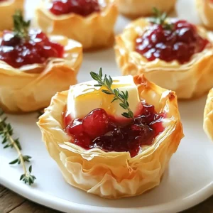 To make Cranberry Brie Thyme Phyllo Cups, you need a few simple ingredients. Each one adds a special touch to this delightful snack. - 12 sheets of phyllo dough - 1 cup brie cheese, cut into small cubes - 1 cup cranberry sauce (homemade or store-bought) - 1 tablespoon fresh thyme leaves, chopped - 1/4 cup honey - 1/4 teaspoon salt - 1/4 teaspoon black pepper - Cooking spray or melted butter for brushing Each ingredient plays a key role. The phyllo dough gives a crispy base. The brie melts perfectly, adding creamy richness. The cranberry sauce brings sweet and tart flavors. Fresh thyme adds a hint of earthiness. Honey balances the flavors with sweetness. Salt and pepper enhance the taste. Finally, cooking spray or butter helps the dough crisp up nicely. These ingredients work together to create a wonderful treat. You can enjoy these cups as an appetizer or snack. They are perfect for parties or family gatherings. {{ingredient_image_1}} First, set your oven to 375°F (190°C). This step warms the oven, which helps the phyllo cups bake evenly. Make sure to do this before you start preparing the phyllo dough. Take one sheet of phyllo dough and lay it on a clean surface. Use a brush to coat it with melted butter or spray it with cooking spray. Then, lay another sheet on top. Repeat this until you have four sheets stacked together. This will make the base strong and crispy. Next, cut the stacked phyllo dough into a grid of 3x4 squares. This gives you 12 equal pieces. Gently press each piece into a muffin tin to form cups. Make sure the edges are fluted. This adds a nice texture to your cups. Now, place the muffin tin in the preheated oven. Bake the phyllo cups for about 8-10 minutes. You want them to turn golden brown and crispy. Once they are done, take them out and let them cool slightly before filling. In a mixing bowl, combine the brie cheese cubes, cranberry sauce, chopped thyme, honey, salt, and black pepper. Mix these ingredients until well combined. This filling is where the magic happens. The flavors blend nicely and create a rich taste. Spoon the cranberry-brie filling into each baked phyllo cup. Fill them generously for the best flavor. After that, return the filled cups to the oven. Bake for an additional 5-7 minutes. You want the brie to melt and bubble. Once done, let the cups cool for a few minutes. Carefully remove them from the muffin tin. Enjoy your tasty snack! To keep phyllo cups crispy, start with dry dough. Use fresh sheets and handle them gently. Brush each layer with melted butter or cooking spray. This adds flavor and keeps them from getting soggy. Bake them until golden brown. Watch closely to avoid burning. Select a soft, creamy brie for the best taste. Look for cheese with a white rind. Avoid brie that feels too hard. It should yield slightly when you press it. This cheese melts beautifully and gives a rich flavor. The creaminess pairs well with the tart cranberry sauce. Store leftover phyllo cups in an airtight container. Keep them in the fridge for up to three days. To reheat, place them in the oven at 350°F (175°C) for about 10 minutes. This helps restore their crispiness. Avoid the microwave, as it makes them soggy. Enjoy your delicious snacks even after the main event! Pro Tips Keep Phyllo Dough Covered: Always keep your phyllo dough covered with a damp cloth while working to prevent it from drying out and becoming brittle. Choose Quality Brie: Opt for a high-quality brie cheese for the best flavor and creaminess in your filling. Experiment with Flavors: Feel free to add other herbs like rosemary or sage, or mix in some chopped nuts for added texture and flavor. Serving Suggestions: Serve these phyllo cups warm with a drizzle of extra honey or a sprinkle of fresh thyme for an elegant touch. {{image_2}} You can swap brie for other cheeses. Creamy goat cheese works well. It adds a tangy taste. Another great option is camembert. This cheese melts nicely, too. Try sharp cheddar for a bolder flavor. Each cheese brings its own twist to the cups. Cranberry sauce is delicious, but other sauces shine, too. Use a sweet fig jam for a unique flavor. This jam adds a sweet and savory touch. You might enjoy a tart apple chutney. It gives a fresh kick to the cups. Experiment with your favorite sauces for fun flavors. Thyme adds nice flavor, but feel free to explore other herbs. Rosemary brings a strong, earthy taste. It pairs well with cheese and fruit. Fresh basil gives a sweet, aromatic touch. You can also try parsley for a mild flavor. Changing the herbs can completely change the dish! To store leftover Cranberry Brie Thyme Phyllo Cups, place them in an airtight container. Keep the container in the fridge. They will stay fresh for up to three days. Make sure they cool completely before sealing the container. This prevents moisture build-up, which can make the cups soggy. When you want to enjoy the cups again, preheat your oven to 350°F (175°C). Place the cups on a baking sheet. Heat them for about 10-15 minutes. This method keeps the phyllo crispy. You can also use a microwave, but the texture won't be as nice. If you choose the microwave, heat in short bursts of 15-20 seconds. You can freeze these cups for later use. First, let them cool completely. Then, place them in a single layer on a baking sheet. Freeze them for about an hour. Once frozen, transfer them to a freezer-safe bag. They can stay in the freezer for up to two months. When ready to eat, bake from frozen at 375°F (190°C) for about 15-20 minutes. Yes, you can prepare these cups in advance. Make the phyllo cups and filling separately. Store the cups in an airtight container. Keep the filling in the fridge. When ready to serve, fill the cups and bake. This keeps them fresh and crisp. If you can't find phyllo dough, try using puff pastry. Puff pastry gives a different texture but works well. You can also use wonton wrappers for a fun twist. Just remember to adjust the baking time accordingly. You will know the brie is melted when it bubbles slightly. Look for a soft, gooey texture. The cheese should not be too runny. It should hold its shape but be warm and creamy. Absolutely! You can use raspberry, cherry, or even apple sauce. Each sauce will give a unique twist to the flavor. Just ensure the sauce is thick enough to hold in the phyllo cups. In this blog post, I shared a clear guide to making Cranberry Brie Thyme Phyllo Cups. We covered the necessary ingredients, step-by-step instructions, and some handy tips. You learned how to ensure your cups stay crispy and how to store leftovers. Don't shy away from experimenting with different cheeses or sauces to add your unique touch. Enjoy creating this delicious snack. It’s sure to impress your friends and family at any gathering.