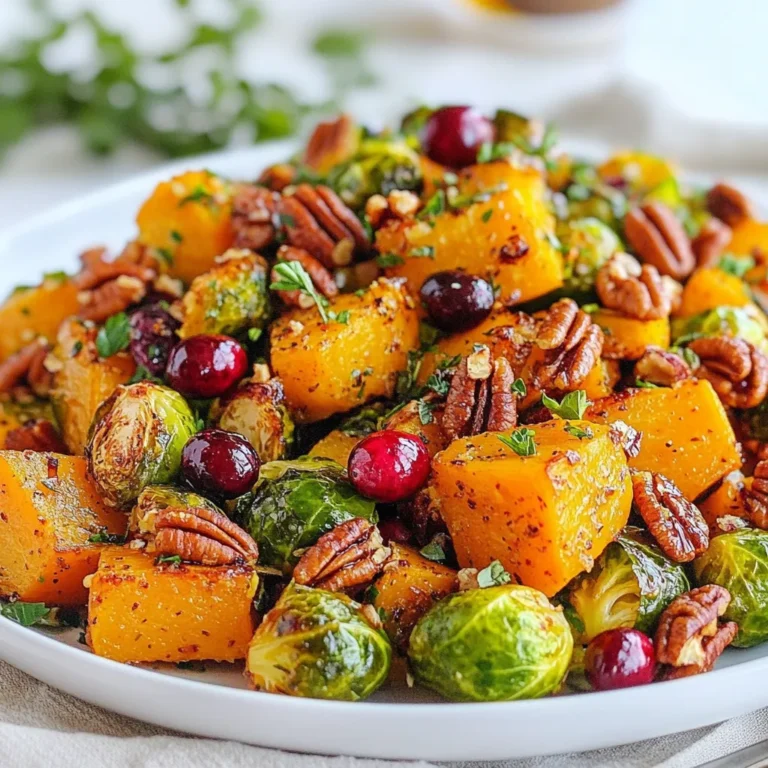 - 1 medium butternut squash, peeled and diced - 1 pound Brussels sprouts, trimmed and halved - 1 cup fresh cranberries - 2 tablespoons olive oil - 1 tablespoon maple syrup - Salt and pepper to taste - 1/2 teaspoon ground cinnamon - 1/4 teaspoon nutmeg - 1/4 cup pecans, chopped (optional) - Fresh parsley for garnish - Large mixing bowl - Baking sheet - Oven When I make the Butternut Brussels Cranberry Medley, I use simple, fresh ingredients. The butternut squash gives a sweet base, while Brussels sprouts add a nice crunch. Fresh cranberries bring a tart bite that brightens the dish. I always use good-quality olive oil and pure maple syrup. They add depth and a hint of sweetness. Don't forget the spices! Cinnamon and nutmeg make this dish feel cozy and festive. If you want a little extra crunch, I recommend adding chopped pecans. They toast nicely in the oven and add a lovely texture. Fresh parsley is great for garnish. It adds color and a fresh taste to the dish. For tools, a large mixing bowl helps to combine all the ingredients. A baking sheet is perfect for roasting. And, of course, you need an oven to cook this delicious medley. These ingredients and tools create a vibrant holiday dish that everyone will love. {{ingredient_image_1}} - Preheat the oven to 400°F (200°C). - First, peel and dice the butternut squash. Cut it into small cubes for even cooking. Next, trim the Brussels sprouts and cut them in half. This helps them roast nicely. - In a large mixing bowl, combine the diced butternut squash, halved Brussels sprouts, and fresh cranberries. - Drizzle two tablespoons of olive oil and one tablespoon of maple syrup over the mix. - Add salt, pepper, 1/2 teaspoon of ground cinnamon, and 1/4 teaspoon of nutmeg. - Toss everything well until each piece is coated in the oil and seasonings. - Spread the mixture evenly on a large baking sheet. Keep it in a single layer for the best roasting. - Roast in the oven for 25-30 minutes. Stir the medley halfway through to help it cook evenly. - Look for the butternut squash to be tender and slightly caramelized. The Brussels sprouts should be browned and crispy. - If you choose to add pecans, sprinkle them on top during the last 5 minutes of roasting. This gives them a nice toast. - Once done, take the baking sheet out and let it cool for a few minutes before serving. Roasting is key to getting great flavor and texture. Always spread your veggies in a single layer. This helps them cook evenly. If they are too close, they will steam instead of roast. Stir the mixture halfway through roasting. This ensures everything cooks evenly and gets golden brown. You can boost the flavor with spices. Try adding a pinch of cayenne for heat or more cinnamon for warmth. If you want texture, toss in some chopped pecans just before the end of cooking. They will toast nicely and add a nice crunch. You can also add a sprinkle of feta cheese or goat cheese for a creamy touch. Presentation makes a big difference. After roasting, transfer your medley to a serving dish. Garnish with fresh parsley for a pop of color. This also adds a fresh taste. Serve it warm alongside your favorite protein. It looks great on the table and tastes even better! Pro Tips Choose the Right Squash: Make sure to select a butternut squash that feels heavy for its size and has smooth skin, which indicates freshness. Brussels Sprouts Prep: Trim the ends of the Brussels sprouts and remove any yellow or damaged leaves for the best flavor and presentation. Even Roasting: To ensure even cooking, spread the vegetables in a single layer on the baking sheet and avoid overcrowding. Serving Suggestion: This medley pairs beautifully with roasted meats or as a hearty vegetarian side; consider adding a sprinkle of feta cheese for extra flavor. {{image_2}} You can change the butternut squash. Sweet potatoes make a great swap. They add a sweet, creamy taste. If you want a different flavor, try dried cranberries. They give a nice chewy texture and sweetness. Just remember, use less sweetener if you do. You can cook this medley on the stovetop. Just sauté everything in a large pan. A slow cooker works too. Set it on low for about four hours. For a smoky flavor, grill the medley. Toss the veggies on a hot grill. You’ll get a nice char that adds depth. This dish shines during the holidays. You can add festive spices like cloves or ginger. For a twist, mix in other seasonal veggies. Try carrots, parsnips, or even kale. They all add color and flavor to your medley. To store leftovers, first let the medley cool down. Then, place it in an airtight container. This helps keep it fresh and safe. The best practice is to refrigerate within two hours of cooking. You can store it in the fridge for up to four days. After that, the flavors may change and the texture may not be as good. If you want to freeze the medley, follow these steps. First, let it cool completely. Next, transfer it to a freezer-safe container. Make sure to leave some space at the top for expansion. Properly stored, it can last in the freezer for up to three months. When it's time to eat, here’s how to reheat it. Thaw the medley in the fridge overnight. For reheating, place it in a baking dish and cover it with foil. Heat it in a preheated oven at 350°F (175°C) for about 20 minutes. This warms it through without drying it out. Enjoy your tasty medley again! I love pairing this medley with roasted chicken or turkey. The sweet and savory notes complement these proteins perfectly. You can also serve it alongside grilled salmon for a light option. For a meatless meal, try it with quinoa or a hearty grain salad. The flavors balance well with any of these choices. Yes, you can make this dish vegan! Simply replace the maple syrup with agave syrup. Use olive oil as it is already vegan. If you want a nutty flavor, add some sunflower seeds instead of pecans. This way, you keep the crunch while staying plant-based. Look for a few signs to know if it's ready. The butternut squash should feel soft when poked with a fork. The Brussels sprouts should be browned and slightly crispy on the edges. You’ll notice a sweet aroma as the cranberries start to burst. These signs indicate your medley is perfect! Yes, frozen cranberries can work, but fresh is best. If you use frozen, do not thaw them first. Just toss them in with the other ingredients. Frozen cranberries may not burst the same way, but they still add great flavor. Enjoy the ease of using frozen when fresh isn’t available! This roasted butternut squash and Brussels sprout medley is easy to make and full of flavor. You learned about key ingredients, step-by-step instructions, and helpful tips. Remember to use fresh ingredients to boost taste. Try different variations to match your seasons and preferences. Proper storage keeps leftovers tasty for later. Enjoy this dish as a delightful side or main course. It makes your table look inviting and delicious!