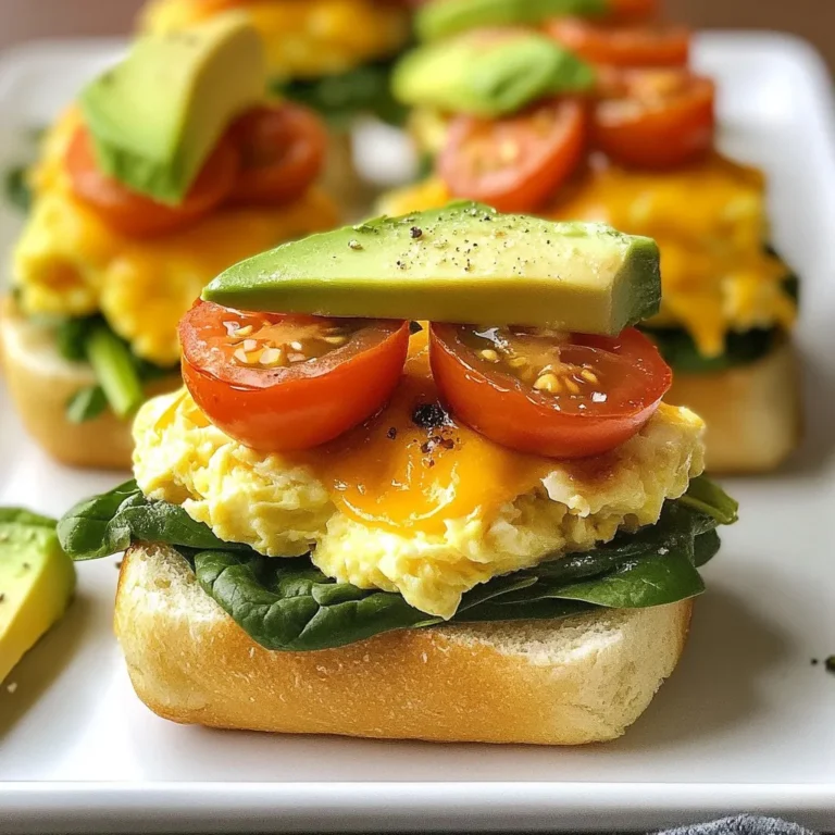 To make Sunrise Breakfast Sliders, gather these key ingredients: - 12 small slider buns - 6 large eggs - 1 cup spinach, chopped - 1 cup cherry tomatoes, halved - 1/2 cup cheese (cheddar or your choice), shredded - 1 avocado, sliced - 1 tablespoon olive oil - Salt and pepper to taste These ingredients create a tasty and filling breakfast. The slider buns hold everything perfectly. Eggs provide protein, while spinach adds nutrients. Cherry tomatoes give a burst of flavor, and cheese brings creaminess. The avocado adds healthy fats and a nice texture. You can customize your sliders with optional ingredients: - Hot sauce for a spicy kick - Extra toppings like bacon or sausage - Fresh herbs like basil or cilantro These additions can enhance flavors and make your sliders unique. Feel free to mix and match to suit your taste. For the best flavor experience, consider these brands: - Slider Buns: Look for brands like King's Hawaiian or Pepperidge Farm. They offer soft, sweet buns that are perfect for sliders. - Cheese: I recommend Tillamook or Cabot for a rich, creamy taste. Cheddar works great, but you can use any cheese you love. Choosing quality brands can make a big difference in your cooking. Trust me; you'll taste it in every bite! {{ingredient_image_1}} First, preheat your oven to 350°F (175°C). This step is key for even baking. While the oven heats, grab a baking dish. I like to use a 9x13-inch dish for these sliders. Slice the slider buns in half. Place the bottom halves into the baking dish. This makes it easy to layer the filling later. Next, heat 1 tablespoon of olive oil in a large skillet over medium heat. Add 1 cup of chopped spinach. Cook this for about 2 minutes or until it wilts. In a bowl, whisk together 6 large eggs. Add salt and pepper to taste. Pour the eggs into the skillet with spinach. Cook gently, stirring often, until the eggs are just set. This should take about 3-4 minutes. Once done, remove the skillet from heat. Now it's time to layer the sliders. Spoon the scrambled egg and spinach mix over the bottom halves of the buns. Make sure to spread it evenly. Next, add 1 cup of halved cherry tomatoes on top. Sprinkle 1/2 cup of shredded cheese over the tomatoes. Finally, place the top halves of the buns back on. Bake in the preheated oven for about 10-12 minutes. Look for golden brown tops and melted cheese. After baking, let the sliders cool for a few minutes. Then, carefully lift them out and add slices of avocado on top. Enjoy! To make fluffy scrambled eggs, start with fresh eggs. Whisk them well until mixed. Add salt and pepper to taste. This helps enhance the flavor. Use a non-stick skillet for easy cooking. Heat the skillet over medium-low heat. Pour in the eggs and let them sit for a moment. Stir gently with a spatula, pushing the eggs from the edges to the center. Cook until just set, but still creamy. Remove from heat immediately. This method keeps your eggs soft and fluffy. You can boost the flavor of your Sunrise Breakfast Sliders easily. Add herbs like chives or parsley to the egg mixture. For a kick, try adding a pinch of cayenne pepper or paprika. You can mix in sautéed onions or bell peppers for extra taste. Consider adding crumbled feta or goat cheese for a tangy twist. Don’t forget to top with your favorite hot sauce for a spicy finish! To get perfectly baked sliders, preheat your oven to 350°F (175°C) before starting. This ensures even cooking. Arrange the slider buns in a baking dish tightly. This helps them hold their shape. Bake for 10-12 minutes until the tops are golden brown. Keep an eye on them to avoid burning. If the cheese isn’t melted enough, add a minute more. Let them cool for a few minutes before serving. This helps the flavors blend nicely. Pro Tips Perfectly Cooked Eggs: To achieve creamy scrambled eggs, avoid overcooking. Remove them from the heat just as they begin to set, as they will continue to cook from residual heat. Add Flavor: Enhance the flavor of your sliders by seasoning the eggs with a pinch of garlic powder or onion powder. Fresh herbs like chives or parsley can also add a delightful touch. <strong.Bun Choice: Choose slider buns that are sturdy enough to hold the fillings without getting soggy. Brioche or whole wheat buns work wonderfully for this recipe. Make Ahead: Prepare the egg and spinach mixture the night before. Store it in the refrigerator and assemble the sliders in the morning for a quick breakfast. {{image_2}} You can make your Sunrise Breakfast Sliders even tastier with meats. Start with crispy bacon. Its salty crunch adds great flavor. You can also use sausage patties. They bring a nice spice to the sliders. Finally, consider diced ham. It pairs well with the eggs and cheese. Feel free to mix and match these meats. Just cook them ahead of time and layer them in the sliders. If you want a vegetarian version, try adding more veggies. Sautéed bell peppers and mushrooms add a nice texture. You can also include zucchini or kale for extra nutrition. For protein, consider using plant-based sausage. It gives a hearty feel without meat. Layer your choices on the sliders for a colorful meal. To make these sliders gluten-free, use gluten-free buns. Many brands offer tasty options that hold up well. You can also try lettuce wraps instead of buns. This keeps the meal light and fresh. If you need a binder, use mashed potatoes or sweet potatoes. These add creaminess and flavor while keeping the dish gluten-free. To keep your Sunrise Breakfast Sliders fresh, store them in the fridge. Place the sliders in an airtight container. They will stay good for about 3 days. If you want to keep them longer, consider freezing. Make sure to let them cool completely before storing. This helps to keep them from getting soggy. When it's time to eat your leftovers, reheating is key. The best way to reheat these sliders is in the oven. Preheat the oven to 350°F (175°C). Place the sliders on a baking sheet. Cover them with foil to avoid drying out. Heat for about 10-15 minutes. If you prefer, you can also use a microwave. Just be careful, as the sliders can get chewy. Heat them for 30 seconds to 1 minute, checking often. Freezing is a great way to save these sliders for later. Wrap each slider tightly in plastic wrap. Then, place them in a freezer bag. They can stay in the freezer for up to 2 months. When you’re ready to eat, thaw them in the fridge overnight. Reheat as mentioned above for the best taste. Sunrise Breakfast Sliders stay fresh in the fridge for about 3 to 4 days. Make sure to place them in an airtight container. This keeps them safe from drying out. When you’re ready to eat, just reheat them gently in the oven or microwave. Yes, you can prepare Sunrise Breakfast Sliders ahead of time! You can cook the egg mixture and assemble the sliders a day before. Just cover them and place them in the fridge. Right before serving, pop them in the oven to warm up. This makes breakfast quick and easy. Absolutely! Sunrise Breakfast Sliders are great for meal prep. You can make a big batch and store them for the week. They are easy to pack for lunch or a quick breakfast. Plus, you can customize each slider based on your taste. Enjoy them warm or cold, and you’ll have a tasty meal ready any time! In this blog post, we covered how to make delicious Sunrise Breakfast Sliders. We looked at main and optional ingredients, along with the best brands for flavor. The step-by-step instructions guide you through preparation, cooking, and assembly. We shared tips for perfect eggs and baking, plus ways to customize each slider. Finally, we discussed storage and reheating options, along with common questions about meal prep. These sliders are simple, tasty, and perfect for any meal. Enjoy creating your own flavorful versions!