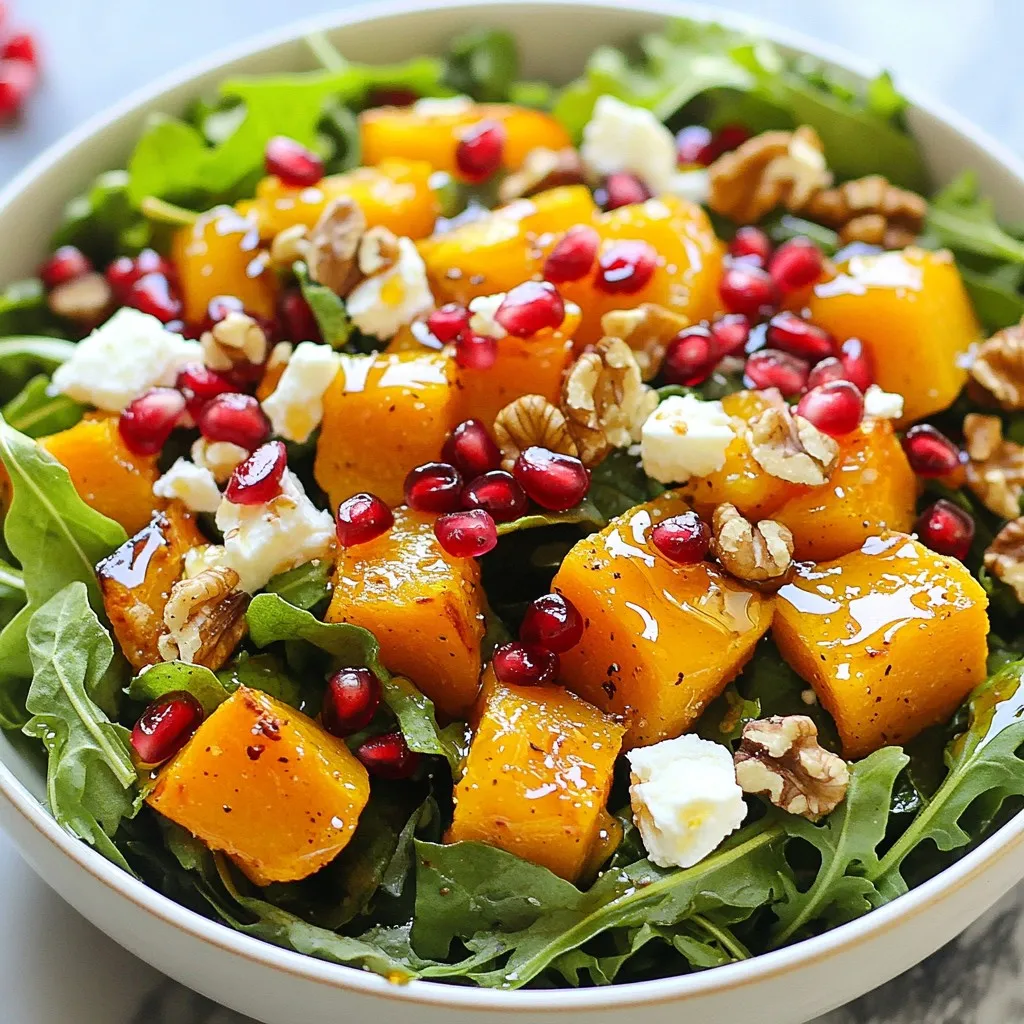 To make the Pomegranate Autumn Harvest Salad, you need fresh and tasty ingredients. Here is what you will need: - 2 cups mixed salad greens (arugula, spinach, and kale) - 1 cup cooked quinoa - 1 cup butternut squash, peeled and cubed - 1/2 cup pomegranate seeds - 1/2 cup feta cheese, crumbled - 1/4 cup walnuts, roughly chopped - 1/4 cup dried cranberries - Dressing ingredients: - 1/4 cup olive oil - 2 tablespoons apple cider vinegar - 1 tablespoon maple syrup - salt and pepper to taste Each ingredient adds a unique flavor and texture. The salad greens are crisp and fresh. Quinoa adds protein and a nice chew. Butternut squash brings warmth and sweetness. Pomegranate seeds add a juicy burst of flavor. Feta cheese gives a creamy touch. Walnuts add crunch, while cranberries offer a hint of tartness. Using high-quality, fresh ingredients makes all the difference. Look for bright greens and ripe pomegranates. These choices will enhance the flavor and presentation. {{ingredient_image_1}} - Preheat the oven and prepare the butternut squash First, set your oven to 400°F (200°C). While it heats, peel and cube the butternut squash. Spread the cubes on a baking sheet. Drizzle with olive oil, and sprinkle with salt and pepper. This will help enhance the flavor. - Cook the quinoa Rinse 1 cup of quinoa under water. Then, follow the package instructions to cook it. This usually takes around 15 minutes. Once cooked, fluff it with a fork and let it cool. - Make the dressing In a small bowl, mix 1/4 cup olive oil, 2 tablespoons apple cider vinegar, and 1 tablespoon maple syrup. Add salt and pepper to taste. Whisk it well until combined. You can adjust the flavors as you like. - Combine all ingredients in a mixing bowl In a large bowl, combine the salad greens, cooked quinoa, roasted butternut squash, pomegranate seeds, feta cheese, walnuts, and dried cranberries. Pour the dressing over the top and toss gently. Make sure everything is well-coated. - How to present the salad for maximum appeal For a beautiful presentation, serve the salad in a large bowl or on individual plates. This makes it inviting and colorful. The vibrant colors of the greens, squash, and pomegranate seeds pop together. - Garnishing tips with pomegranate seeds and walnuts To make it even more appealing, sprinkle extra pomegranate seeds and walnuts on top. This adds crunch and a burst of color to your dish. It also makes the salad look fresh and festive. When making this salad, pick ripe pomegranates and butternut squash. A ripe pomegranate feels heavy for its size. The skin should be smooth and shiny. For butternut squash, look for firm skin without soft spots. Choose squash with a deep tan color for the best flavor. To wash salad greens, rinse them under cold water. Use a salad spinner to remove excess water. Store greens in a clean, dry container lined with a paper towel. This keeps them fresh and crisp. Adjusting the dressing can enhance the salad's taste. If you want more tang, add a bit more apple cider vinegar. For sweetness, increase the maple syrup. Taste as you go to find your perfect balance. You can swap out ingredients in the dressing. Try using lemon juice instead of vinegar for a brighter flavor. Avocado oil can replace olive oil for a different taste. Don't be afraid to experiment! Pro Tips Roast to Perfection: Make sure to cut the butternut squash into even cubes for consistent roasting. This ensures that all pieces cook evenly and caramelize beautifully. Quinoa Fluff: After cooking the quinoa, let it cool a bit before adding it to the salad. Fluffing it with a fork while it's still warm helps to separate the grains and prevent clumping. Dress It Right: For the best flavor, allow the salad to sit for about 10 minutes after tossing it with the dressing. This lets the greens absorb the flavors of the dressing. Nutty Crunch: Toast the walnuts in a dry skillet over medium heat for a few minutes before adding them to the salad. This enhances their flavor and adds an extra crunch to the dish. {{image_2}} For a tasty twist on this salad, try other fruits. Apples, pears, and figs add sweetness. You can mix and match based on what you like. For nuts, consider pecans or almonds for crunch. If you want a different cheese, try goat cheese or blue cheese. Each choice brings its own fun taste. To make the salad gluten-free, use certified gluten-free quinoa. For a vegan option, skip the feta cheese. You can replace it with avocado for creaminess. For a light dressing, swap the maple syrup with agave or honey. You can also mix in fresh lemon juice for tang without extra calories. These swaps keep the salad fresh and vibrant while meeting your needs. To keep your Pomegranate Autumn Harvest Salad fresh, store it in an airtight container. This will help prevent moisture loss and keep the flavors intact. If you plan to eat it later, store the dressing separately. Mix it in just before serving for the best taste. The salad lasts for about 3 days in the fridge. After that, the greens may wilt, and the flavors might fade. Preparing your ingredients ahead of time makes life easier. Cook the quinoa and roast the butternut squash in advance. You can store them in the fridge for up to 4 days. This will save time when you want to assemble the salad. If you want to freeze components, quinoa freezes well. Portion it into bags and store it in the freezer. You can also freeze roasted butternut squash, but it may change texture. Use it within 2-3 months for the best quality. How long can I store the pomegranate seeds? You can keep pomegranate seeds in the fridge for about five days. Store them in an airtight container to keep them fresh. If you freeze them, they can last for about six months. Just make sure you thaw them in the fridge before using. Can I make the salad ahead of time? Yes, you can prep the salad in advance. Keep the dressing separate until you are ready to serve. This helps the greens stay fresh and crisp. You can mix everything else together and store it in the fridge. What can I use if I don’t have maple syrup? If you don’t have maple syrup, you can use honey or agave syrup. Both options add a nice sweetness. You can also use brown sugar dissolved in water. This will add sweetness without changing the salad too much. What are the nutritional benefits of pomegranates? Pomegranates are packed with vitamins and antioxidants. They can help improve heart health and reduce inflammation. The seeds also provide fiber, which is good for digestion. Adding them to your salad boosts nutrition and flavor. How many servings does this recipe make? This recipe makes four servings. It is perfect as a side dish for a family meal or a light lunch. You can adjust the amount based on your needs. Can I use other greens in the salad? Yes, you can use different greens in this salad. Try using baby spinach, romaine, or even mixed greens. Each will add its own flavor and texture. Get creative and use what you have on hand! This blog post covered a vibrant salad recipe packed with nutrition. We explored the fresh ingredients, preparation steps, and tips for an appealing serve. I shared variations to fit different diets and how to store your salad. Remember, using seasonal ingredients can boost flavor and nutrition. By preparing in advance, you’ll save time and enjoy healthy meals all week. Try this salad and adjust it to fit your taste. You’ll love how easy and delicious it is!
