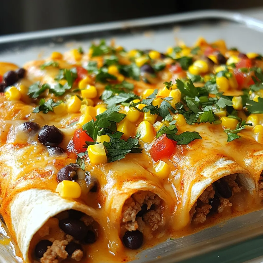 To make Turkey Black Bean Enchiladas, gather the following ingredients: - 1 lb ground turkey - 1 can (15 oz) black beans, rinsed and drained - 1 cup corn (fresh or frozen) - 1 small onion, diced - 2 cloves garlic, minced - 1 teaspoon cumin - 1 teaspoon chili powder - 1/2 teaspoon smoked paprika - Salt and pepper to taste - 8 tortillas (corn or flour) - 2 cups enchilada sauce (red or green) - 1 cup shredded cheese (cheddar or Monterey Jack) - Fresh cilantro, chopped (for garnish) These ingredients create a delicious blend of flavors. The ground turkey gives a lean protein base. Black beans add fiber and depth. Corn brings sweetness and texture to the mix. Onion and garlic provide a savory foundation. The spices—cumin, chili powder, and smoked paprika—infuse each bite with warmth and complexity. You can use corn or flour tortillas based on your preference. Choosing the right enchilada sauce will enhance the dish. I recommend a red sauce for a classic taste or a green sauce for something fresh and zesty. Lastly, don’t forget the cheese! It melts beautifully and adds a creamy finish. Fresh cilantro on top brightens the dish and adds a pop of color. When you have everything ready, you will create a comforting meal that is both hearty and satisfying. Enjoy the process of cooking and savor the flavors as they come together! {{ingredient_image_1}} - Preheat the oven to 375°F (190°C). - In a large skillet over medium heat, add 1 pound of ground turkey. Cook until it turns brown and is no longer pink, about 5 to 7 minutes. - Next, add 1 small diced onion and 2 minced garlic cloves to the skillet. Sauté for another 3 to 4 minutes until the onion becomes soft and clear. - Stir in 1 can of rinsed and drained black beans and 1 cup of corn. - Add spices: 1 teaspoon of cumin, 1 teaspoon of chili powder, and 1/2 teaspoon of smoked paprika. Season with salt and pepper to taste. Cook for another 2 to 3 minutes until heated through. - Spread a thin layer of enchilada sauce on the bottom of a baking dish. - Take a tortilla and fill it with 2 to 3 tablespoons of the turkey mixture. Roll it up tightly and place it seam-side down in the baking dish. Repeat this with all the tortillas. - Pour the remaining enchilada sauce over the rolled tortillas. Then, sprinkle 1 cup of shredded cheese evenly on top. - Cover the dish with aluminum foil. Bake in the preheated oven for 20 minutes. Remove the foil and bake for an additional 10 to 15 minutes until the cheese is bubbly and golden. - After baking, let the dish sit for a few minutes. Garnish with chopped cilantro before serving. For the best flavor in your turkey black bean enchiladas, use these spices: - 1 teaspoon cumin - 1 teaspoon chili powder - 1/2 teaspoon smoked paprika These spices give your dish warmth and depth. You can also add salt and pepper to taste. Fresh ingredients will boost flavor. Use fresh corn when you can, but canned corn works too. Rinse and drain the canned black beans well for a cleaner taste. For the tortillas, warm them in a dry pan for a few seconds. This makes them easier to roll. If you use corn tortillas, they might break if cold. Flour tortillas are more forgiving. When baking, cover the dish with foil for the first part. This helps the cheese melt evenly. Remove the foil later for a bubbly, golden finish. Pair your enchiladas with sides for a full meal. A simple green salad or rice works great. You can serve about 2 enchiladas per person. This keeps the meal filling but not too heavy. Top with chopped cilantro for a fresh touch. Enjoy your flavorful dish! Pro Tips Use Fresh Ingredients: Whenever possible, opt for fresh vegetables and herbs to enhance the flavor of your enchiladas. Customize Your Spices: Feel free to adjust the spices according to your taste preferences; add more chili powder for heat or more cumin for earthiness. Try Different Tortillas: Explore using different types of tortillas, such as whole wheat or spinach, for added flavor and nutrition. Make Ahead: These enchiladas can be assembled in advance and refrigerated before baking for a quick meal option during the week. {{image_2}} You can switch up the ground turkey in this recipe. Ground beef works well and adds a rich flavor. Chicken is another tasty option. Just make sure to cook it fully before mixing in other ingredients. For a vegetarian take, use lentils or mushrooms. These options add great texture and taste. The type of enchilada sauce can change the whole dish. Green sauce gives a bright, fresh flavor. Red sauce has a deeper, richer taste. You can also make your own sauce at home. Combine tomatoes, chiles, and spices for a tasty twist. Want to spice things up? Add jalapeños for some heat. You can also mix in bell peppers or spinach for extra veggies. When it comes to cheese, try pepper jack for a kick or stick to classic cheddar. Each cheese will give a different flavor profile, so feel free to experiment! Turkey black bean enchiladas last for about 3 to 4 days in the fridge. To store them properly, let the enchiladas cool down after cooking. Then, place them in an airtight container. You can also cover them tightly with plastic wrap or aluminum foil. This keeps them fresh and prevents them from drying out. To freeze enchiladas, let them cool completely first. Then, wrap each enchilada tightly in plastic wrap. After that, place them in a freezer-safe bag or container. This helps avoid freezer burn. Frozen enchiladas can last for up to 3 months. When you are ready to eat, you can reheat them. Preheat your oven to 350°F (175°C). Remove the plastic wrap and cover the enchiladas with foil. Bake for about 25-30 minutes until heated through. If you prefer, you can also reheat them in the microwave. Just place them on a microwave-safe plate and heat for 2-3 minutes, checking frequently. Enjoy your tasty meal! Yes, you can use wheat flour tortillas. They are soft and easy to roll. However, corn tortillas add a nice flavor and texture. I suggest trying both to see what you like best. To add spice, use more chili powder or add diced jalapeños. You can also try a spicier enchilada sauce. If you like heat, you can even sprinkle some cayenne pepper in the turkey mixture. These enchiladas pair well with rice and beans. You can also serve a fresh salad or some guacamole. Sour cream or salsa makes great toppings, too. Yes, you can make these enchiladas ahead. Assemble them and freeze before baking. Just cover well with foil. When ready, bake them from frozen, adding extra time to the cooking. Cheddar and Monterey Jack cheese are great choices. They melt well and add yummy flavor. You can mix different cheeses for a unique taste. Try adding some queso fresco for a fun twist! In this blog post, we explored how to make delicious Turkey Black Bean Enchiladas. We covered the key ingredients, step-by-step instructions, and important tips for great flavor and texture. You can customize them with various proteins and sauces to suit your taste. Remember, proper storage keeps your leftovers fresh. Enjoy these easy enchiladas any night of the week. With just a few simple changes, you can make them truly your own!