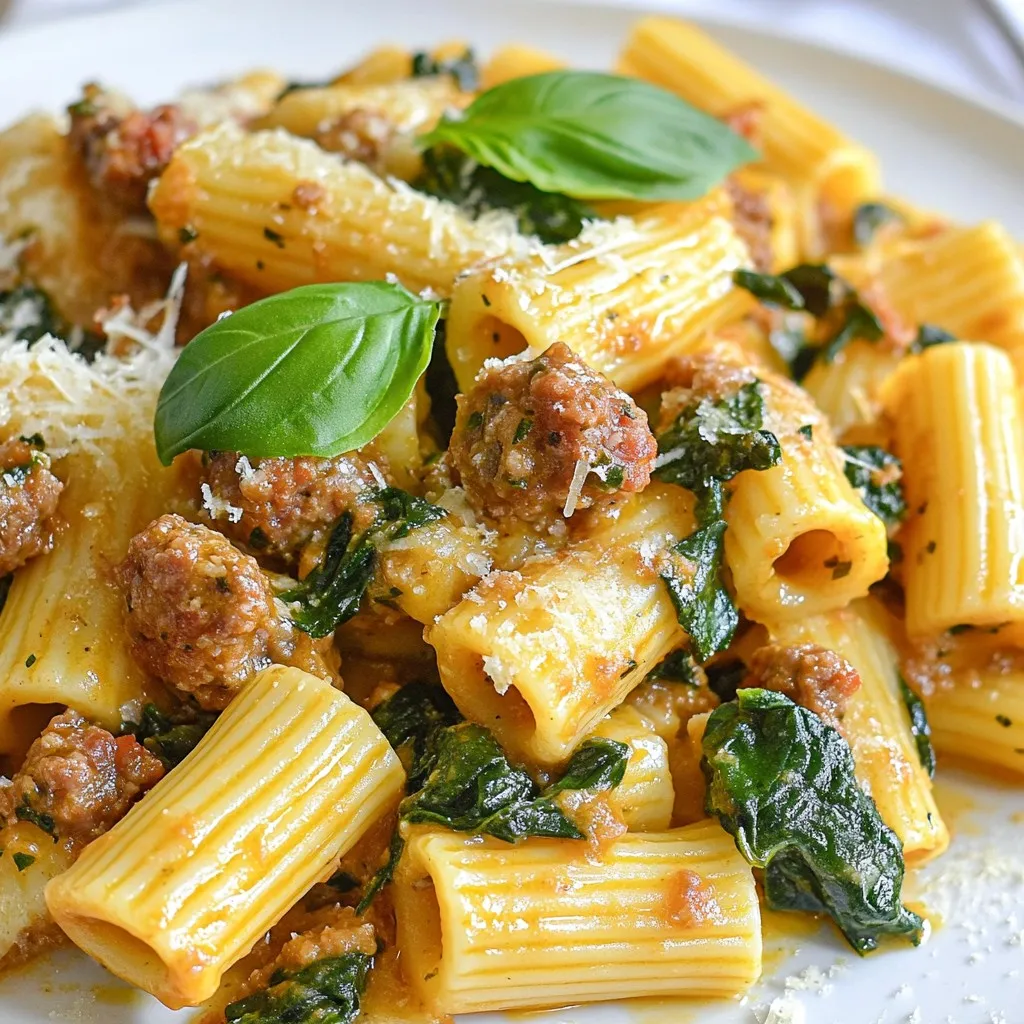 - 12 ounces rigatoni pasta - 1 pound Italian sausage (mild or spicy) - 1 tablespoon olive oil - 1 medium onion, chopped - 3 cloves garlic, minced - 1 cup heavy cream - 1 cup grated Parmesan cheese - 1 cup spinach, roughly chopped - 1 teaspoon dried oregano - ½ teaspoon red pepper flakes (optional) - Salt and pepper to taste - Fresh basil, for garnish When making creamy sausage rigatoni, choose high-quality ingredients. Fresh rigatoni cooks better and holds sauce well. Pick Italian sausage with good fat content for flavor. I prefer mild sausage, but spicy adds a kick. Use fresh spinach for vibrant color and taste. Always go for freshly grated Parmesan. Pre-grated cheese lacks flavor and quality. Fresh garlic adds a bold taste that dried garlic can't match. You can swap rigatoni for penne or ziti if needed. Ground turkey or chicken can replace the sausage for lighter options. Use half-and-half instead of heavy cream if you want a lighter sauce. For a dairy-free version, almond milk works, but add a dairy-free cheese for flavor. Spinach can be swapped with kale or arugula for a different green. If you want spice, add more red pepper flakes or fresh chili peppers. {{ingredient_image_1}} Start by boiling a large pot of salted water. Once it boils, add 12 ounces of rigatoni pasta. Cook it according to the package instructions until it is al dente. Drain the pasta, but save about ½ cup of the pasta water for later. This water helps adjust the sauce's thickness if needed. Next, take a large skillet and heat 1 tablespoon of olive oil over medium heat. Add 1 pound of Italian sausage to the skillet. You can choose mild or spicy sausage based on your taste. Cook the sausage for about 5 to 7 minutes. Break it apart with a spoon as it cooks until it is nicely browned and fully cooked. Now, it's time to build the sauce. Add a chopped medium onion to the skillet with the sausage. Cook for 3 to 4 minutes until the onion turns translucent. Then, add 3 minced garlic cloves and sauté for another minute until you can smell the garlic's aroma. Reduce the heat to low, then pour in 1 cup of heavy cream. Stir well to mix it with the sausage and onions. Gradually add in 1 cup of grated Parmesan cheese, stirring until it melts and becomes creamy. Add 1 cup of roughly chopped spinach and season with salt, pepper, and 1 teaspoon of dried oregano. If you want some heat, add ½ teaspoon of red pepper flakes. If the sauce gets too thick, mix in some reserved pasta water until you reach your desired consistency. Finally, toss the cooked rigatoni into the sauce, ensuring it coats each piece evenly. When making creamy sausage rigatoni, some errors can spoil your dish. First, avoid overcooking the pasta. It should be al dente, or slightly firm. If it becomes mushy, it won’t hold the sauce well. Second, don’t skip draining the pasta water. That saved water helps adjust the sauce. Lastly, watch the heat. Cooking the cream on high can cause it to separate. The sauce should be creamy but not too thick. If it feels too heavy, add a splash of reserved pasta water to lighten it. Start with a little and mix well. You can always add more, but it’s hard to fix a runny sauce. Stir until the sauce coats the pasta evenly, giving that rich, creamy look. Serve creamy sausage rigatoni warm for the best taste. Top it with fresh basil and extra Parmesan cheese for a burst of flavor. Pair this dish with a simple green salad or garlic bread. A light red wine can also enhance your meal. Enjoy this dish with family or friends for a cozy dinner! Pro Tips Use Fresh Ingredients: Fresh herbs and high-quality sausage will elevate the flavor of your rigatoni. Always opt for fresh spinach and freshly grated Parmesan cheese for the best results. Adjust the Creaminess: If you prefer a lighter sauce, consider using half-and-half instead of heavy cream. You can also add more reserved pasta water for a thinner consistency. Make it a Meal: To boost the nutritional value, add other vegetables like bell peppers or mushrooms along with the spinach. This adds flavor and color to your dish. Leftovers Storage: Store any leftovers in an airtight container in the fridge for up to 3 days. Reheat gently on the stove with a splash of milk or cream to revive the sauce. {{image_2}} You can make your creamy sausage rigatoni even better by adding vegetables. Think of spinach, mushrooms, or bell peppers. These veggies add color and nutrition. You can add about one cup of your favorite chopped veggies. Just toss them in with the onion to cook. They will blend well with the sauce and pasta. If you want to change the protein, you have options. Ground turkey or chicken can replace the sausage. These choices are leaner but still tasty. For a meatless version, use lentils or chickpeas. They add protein and a nice texture. Adjust the cooking time to ensure everything cooks well. You can control how spicy your dish is. If you like heat, add more red pepper flakes. Start with one teaspoon and go from there. If you prefer mild flavors, skip the red pepper flakes. You can also add a dash of hot sauce when serving. This way, each person can adjust the spice to their taste. You can store leftover creamy sausage rigatoni in an airtight container. Make sure it cools down first. Keep it in the fridge for up to three days. When you want to eat it again, just take it out and enjoy. To freeze, place the rigatoni in a freezer-safe container. It will last for up to three months. I recommend dividing it into smaller portions. This way, you can pull out just what you need. When you’re ready to eat, reheat in a pan over low heat. Add a splash of water or cream to help loosen the sauce. Stir until it’s warm and creamy again. You can also use the microwave. Just heat in short bursts, stirring in between. Enjoy your meal! Yes, you can use several types of pasta. Penne, fusilli, or even spaghetti work well. Choose a pasta shape that holds sauce nicely. Just adjust the cooking time based on the type you pick. To make this dish dairy-free, swap the heavy cream for coconut cream or a dairy-free cream. Use nutritional yeast instead of Parmesan cheese for a cheesy taste. These swaps keep the flavor rich without the dairy. This dish pairs well with a simple salad. A fresh green salad with vinaigrette adds a nice crunch. You can also serve garlic bread or crusty rolls. These sides soak up the creamy sauce and make your meal complete. This blog post covered how to make Creamy Sausage Rigatoni. We explored the main ingredients, quality tips, and alternatives. I provided clear cooking steps, from pasta to sauce. You learned tips to avoid common mistakes. Variations helped you think of new ways to enjoy this dish. Finally, I included storage info and FAQs for your convenience. Cooking should be fun and tasty. I hope you feel ready to try this recipe!
