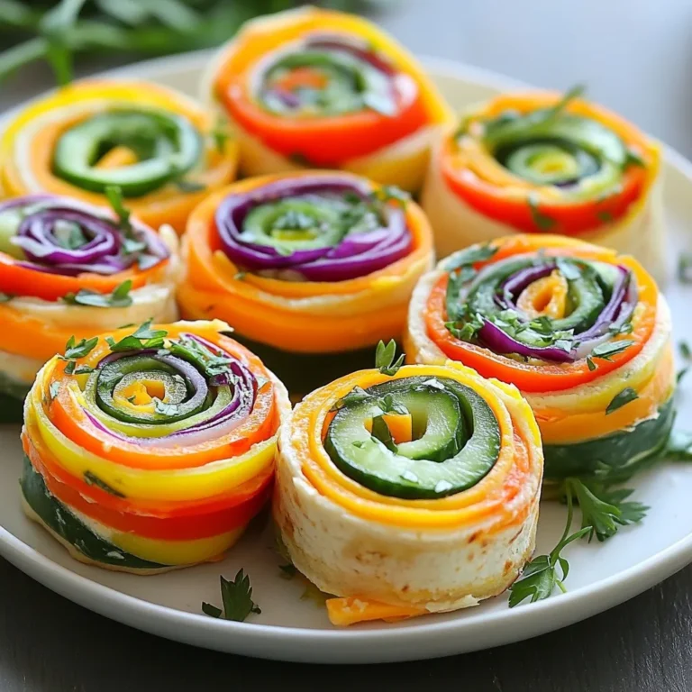 You can use either whole wheat or spinach tortillas. Whole wheat adds a nutty flavor. Spinach tortillas give a nice green color and extra nutrients. Choose one that fits your taste! For this recipe, I love using vibrant veggies. Here are my favorites: - Shredded carrots - Baby spinach leaves - Thinly sliced bell peppers (red, orange, yellow) - Thinly sliced cucumber - Finely shredded purple cabbage These colorful veggies not only look great, but they also provide different tastes and textures. Mix and match to find your perfect combo! To bring out the flavors, I add a pinch of salt and pepper. You can also add fresh herbs like cilantro or parsley. They add a fresh taste and make the pinwheels pop! {{ingredient_image_1}} Start with clean hands and a flat surface. Lay a tortilla down on the board. Use a large whole wheat or spinach tortilla for a tasty base. This gives your pinwheels a good flavor and color. Next, take your hummus. Spread a generous layer of hummus on the tortilla. Make sure to cover all but a small edge. This keeps the filling from spilling out when you roll. Now it's time to add the fun! Take your shredded carrots and place them on one half of the tortilla. Next, add a handful of baby spinach leaves. Then, layer on the thinly sliced bell peppers. Use red, orange, and yellow for the best colors. Slice your cucumber thinly and place it on top. Finally, add in the finely shredded purple cabbage. This gives a great crunch and color. Don't forget to sprinkle a little salt and pepper to make the veggies pop! If you like, add fresh herbs like cilantro or parsley for extra flavor. Grab the side of the tortilla with the filling. Carefully roll it towards the other edge. Keep it tight but not too tight to crush the veggies. Once rolled, use a sharp knife to slice the pinwheel. Cut them into 1-inch thick rounds. Repeat this process with the other tortillas and filling. Once done, arrange the pinwheels on a bright platter. They look amazing and taste even better! To make your Rainbow Veggie Pinwheels pop, use a bright plate. Arrange the pinwheels in a fun circular pattern. You can also cut the pinwheels into different shapes. Try triangles or squares for a playful twist. Garnish with fresh herbs like cilantro or parsley. Place a small bowl of hummus next to the pinwheels for dipping. These pinwheels are perfect for any gathering. You can serve them as a snack or a side dish. They fit well in lunch boxes, too. Pair them with a fresh salad or fruit skewers. For a fun twist, add a few mini skewers to hold them together. This adds a nice touch for kids and adults alike. Want to spice things up? Add a dash of your favorite spices to the hummus. Try smoked paprika or a bit of garlic powder for extra flavor. You can also mix in a little lemon juice to give it a fresh kick. For a creamier texture, blend in avocado with the hummus. This makes the pinwheels rich and delicious. Pro Tips Freshness is Key: Use the freshest vegetables possible for the best flavor and texture in your pinwheels. Experiment with Spreads: Try different spreads like cream cheese or avocado for a unique twist on the classic pinwheel. Chill Before Serving: Refrigerate the rolled pinwheels for about 30 minutes before slicing to help them hold their shape. Mix Up the Colors: Use a variety of colorful vegetables to make the pinwheels visually appealing and nutritious. {{image_2}} You can change the spread to fit your taste. Try cream cheese, guacamole, or even pesto. Each spread adds unique flavors. For a spicy kick, use a spicy hummus. If you like herbs, mix herbs into cream cheese for a fresh taste. The spread can make the pinwheels new and exciting. Feel free to switch up the vegetables too. You can use radishes, zucchini, or kale. If you want a crunch, add some jicama or celery. For a sweeter bite, try using roasted beets or sweet bell peppers. The key is to have fun and use what you enjoy. These pinwheels are easy to adapt for diets. If you're gluten-free, use corn tortillas. For low-carb options, try lettuce wraps instead of tortillas. You can also add protein like turkey or chicken for a heartier snack. This way, everyone can enjoy their own version of the Rainbow Veggie Pinwheels. To keep your Rainbow Veggie Pinwheels fresh for a few days, wrap them tightly in plastic wrap. Place them in an airtight container in the fridge. This helps keep the tortillas soft and the veggies crisp. Eat them within three days for the best taste and texture. You can freeze these pinwheels, but it’s best to freeze them before slicing. Wrap each whole roll in plastic wrap, then place them in a freezer bag. They can last up to two months in the freezer. When you want to eat them, thaw them in the fridge overnight. To keep your pinwheels fresh, always store them in a cool place. Use fresh veggies for the best flavor. If you add herbs, use them right before eating for added freshness. Avoid stacking the pinwheels, as this can make them squished. Enjoy your colorful snack at its best! To make Rainbow Veggie Pinwheels vegan, simply swap the hummus with a vegan version. Most store-bought hummus is already vegan, but check the label to be sure. You can also make your own hummus using chickpeas, tahini, lemon juice, and garlic. This way, you control all the ingredients! Yes, you can use various types of tortillas. Whole wheat and spinach tortillas work well, but you can try corn or gluten-free tortillas if you prefer. Just make sure they are large enough to hold all the tasty fillings. This keeps your pinwheels neat and easy to eat. The best vegetables for pinwheels include carrots, bell peppers, and spinach. These add color and crunch. Cucumber and purple cabbage also make great choices for their fresh taste and vibrant look. Feel free to mix in your favorite veggies, like avocado or radishes, to create your perfect snack! In this post, we explored how to make Rainbow Veggie Pinwheels. We started with tortilla options and fresh vegetable choices, then added some fun seasonings. The step-by-step guide covered preparation, layering, rolling, and slicing. You also learned tips for great presentation and serving ideas. Don’t forget to try fun variations and storage tips to keep them fresh. These pinwheels are tasty and easy to make. Enjoy your delicious and colorful snack!