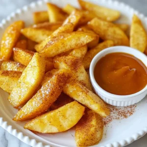To make Air Fryer Apple Fries, you need a few key items: - 2 medium-sized apples (like Granny Smith or Honeycrisp) - 1 cup all-purpose flour - 1 teaspoon cinnamon - 1/2 teaspoon nutmeg - 1/4 cup granulated sugar - 1/2 cup milk (or non-dairy milk) - 1/2 cup breadcrumbs (panko works best) - Cooking spray These ingredients create a tasty and crunchy snack. I highly recommend using Granny Smith or Honeycrisp apples. Granny Smith apples are tart, while Honeycrisp apples are sweet and juicy. Both varieties hold their shape well and give a nice crunch. Choosing the right apple makes a big difference in flavor and texture. You can add some fun flavors to your apple fries. Here are some ideas: - A pinch of salt to balance the sweetness - A splash of vanilla extract in the milk - Chopped nuts for extra crunch - A drizzle of caramel sauce for dipping These optional additions can take your apple fries to the next level! {{ingredient_image_1}} Start with two medium apples. I love using Granny Smith or Honeycrisp. They add great flavor. First, peel the apples. Then, slice them into thin wedges. Aim for even pieces to ensure they cook well. Now for the fun part! In a shallow bowl, mix one cup of flour, one teaspoon of cinnamon, half a teaspoon of nutmeg, and a quarter cup of granulated sugar. This blend gives the apple fries a sweet and spicy kick. In another bowl, pour in half a cup of milk. Dip each apple wedge first into the flour mix. Then, coat it in the milk. Finally, roll it in half a cup of breadcrumbs. I recommend using panko for that extra crunch! Preheat your air fryer to 375&deg;F (190&deg;C). Arrange the breaded apple fries in the basket in a single layer. You may need to cook in batches if your air fryer is small. Lightly spray the coated fries with cooking spray. This step helps them crisp up nicely. Air fry for about 10 to 12 minutes. Flip them halfway through for even cooking. They should turn a lovely golden brown. Once done, let them cool for a minute. Serve with caramel sauce for dipping. Enjoy your tasty snack! To make apple fries crispy, choose the right apples. Granny Smith and Honeycrisp work well. These apples are firm and tart, which helps them hold up during cooking. Coat your apple wedges fully. The flour mixture sticks better when the apples are dry. After coating, spray them lightly with cooking spray. This adds a nice crunch without extra oil. When you coat the apples, follow this order: flour, milk, and breadcrumbs. This method ensures that each wedge gets a nice, even layer. Use panko breadcrumbs for a crunchier texture. They help create a golden-brown finish. Make sure each wedge is well covered. If you find some spots bare, sprinkle a bit more breadcrumbs on those areas. This extra attention pays off! Set your air fryer to 375&deg;F (190&deg;C). This temperature works best for cooking apple fries. It cooks them quickly while keeping them crisp. Cook them for 10-12 minutes. Flip halfway through to ensure even cooking. Keep an eye on them; every air fryer is different. You want them golden brown and crispy, not burnt. Pro Tips Choose the Right Apples: Use firm apples like Granny Smith or Honeycrisp for the best texture and flavor. Breadcrumb Variation: Experiment with different types of breadcrumbs, such as seasoned or panko, for added flavor and crunch. Layering for Crispiness: Make sure to layer the apple fries in a single layer without overcrowding the basket for even cooking. Serving Suggestions: Serve immediately after cooking for the best texture, and consider pairing with a variety of dips like caramel or chocolate sauce. {{image_2}} You can change the coating to fit your needs. For a gluten-free option, use almond flour or gluten-free breadcrumbs. Mix in spices like chili powder or paprika for a kick. This adds a fun twist to the apple fries. Dipping sauces can make apple fries even more fun. Try peanut butter for a rich taste. You can also use yogurt mixed with honey for a healthier choice. Don&rsquo;t forget about chocolate sauce for a sweet treat. Each sauce adds a new experience. You don&rsquo;t have to stick with apples. Try pears or peaches for a seasonal twist. These fruits have a soft texture that works well. You can use the same coating and cooking method. Each fruit brings its own flavor, making this snack fresh and exciting. To keep your apple fries fresh, place them in an airtight container. This helps prevent moisture from making them soggy. You can store them at room temperature for one day. For longer storage, move them to the fridge. They can last up to three days in the refrigerator. Just remember that the longer they sit, the less crispy they become. When you're ready to enjoy those leftover apple fries, the air fryer is your best friend. Preheat your air fryer to 375&deg;F (190&deg;C). Place the apple fries in a single layer in the basket. Heat them for about 5 minutes, flipping halfway through. This method helps restore their crunch. You can also use an oven if you prefer. Just spread them out on a baking sheet and heat at 350&deg;F (175&deg;C) for about 10 minutes. If you want to save some apple fries for later, freezing is easy. First, let them cool completely. Next, spread the fries in a single layer on a baking sheet. Freeze them for 1-2 hours until solid. Once frozen, transfer the apple fries to a freezer bag or container. They can stay in the freezer for up to three months. When you&rsquo;re ready to eat, reheat them directly from frozen in the air fryer. Yes, you can use other fruits! Pears, peaches, or bananas work well. Cut them into wedges like apples. Keep in mind that each fruit has its own taste and texture. You may need to adjust the cooking time slightly. For instance, bananas may cook faster than apples. Air fryer apple fries taste great on their own. You can also serve them with caramel sauce for dipping. Other good options are chocolate sauce or yogurt. Add a scoop of ice cream for a fun treat! You can serve them as a snack or dessert. They also pair well with a warm drink, like cider or tea. To make apple fries healthier, use less sugar in the coating. You can also skip the breadcrumbs and just use the flour mix. Instead of frying, try using less oil or cooking spray. Serve with yogurt instead of caramel for a lighter dip. You can also choose whole wheat flour for more fiber. You now have all the tools to make delicious air fryer apple fries. We covered the essential ingredients, from the best apple varieties to tasty optional additions. You learned step-by-step how to prep and cook the fries perfectly. I shared tips for getting that crispy texture and the best coating practices. We explored tasty variations and how to store leftovers well. Now, it&rsquo;s your turn to try making these flavorful snacks. Enjoy the process and share your results!