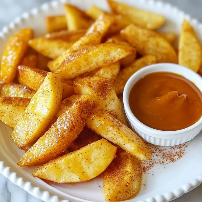 To make Air Fryer Apple Fries, you need a few key items: - 2 medium-sized apples (like Granny Smith or Honeycrisp) - 1 cup all-purpose flour - 1 teaspoon cinnamon - 1/2 teaspoon nutmeg - 1/4 cup granulated sugar - 1/2 cup milk (or non-dairy milk) - 1/2 cup breadcrumbs (panko works best) - Cooking spray These ingredients create a tasty and crunchy snack. I highly recommend using Granny Smith or Honeycrisp apples. Granny Smith apples are tart, while Honeycrisp apples are sweet and juicy. Both varieties hold their shape well and give a nice crunch. Choosing the right apple makes a big difference in flavor and texture. You can add some fun flavors to your apple fries. Here are some ideas: - A pinch of salt to balance the sweetness - A splash of vanilla extract in the milk - Chopped nuts for extra crunch - A drizzle of caramel sauce for dipping These optional additions can take your apple fries to the next level! {{ingredient_image_1}} Start with two medium apples. I love using Granny Smith or Honeycrisp. They add great flavor. First, peel the apples. Then, slice them into thin wedges. Aim for even pieces to ensure they cook well. Now for the fun part! In a shallow bowl, mix one cup of flour, one teaspoon of cinnamon, half a teaspoon of nutmeg, and a quarter cup of granulated sugar. This blend gives the apple fries a sweet and spicy kick. In another bowl, pour in half a cup of milk. Dip each apple wedge first into the flour mix. Then, coat it in the milk. Finally, roll it in half a cup of breadcrumbs. I recommend using panko for that extra crunch! Preheat your air fryer to 375°F (190°C). Arrange the breaded apple fries in the basket in a single layer. You may need to cook in batches if your air fryer is small. Lightly spray the coated fries with cooking spray. This step helps them crisp up nicely. Air fry for about 10 to 12 minutes. Flip them halfway through for even cooking. They should turn a lovely golden brown. Once done, let them cool for a minute. Serve with caramel sauce for dipping. Enjoy your tasty snack! To make apple fries crispy, choose the right apples. Granny Smith and Honeycrisp work well. These apples are firm and tart, which helps them hold up during cooking. Coat your apple wedges fully. The flour mixture sticks better when the apples are dry. After coating, spray them lightly with cooking spray. This adds a nice crunch without extra oil. When you coat the apples, follow this order: flour, milk, and breadcrumbs. This method ensures that each wedge gets a nice, even layer. Use panko breadcrumbs for a crunchier texture. They help create a golden-brown finish. Make sure each wedge is well covered. If you find some spots bare, sprinkle a bit more breadcrumbs on those areas. This extra attention pays off! Set your air fryer to 375°F (190°C). This temperature works best for cooking apple fries. It cooks them quickly while keeping them crisp. Cook them for 10-12 minutes. Flip halfway through to ensure even cooking. Keep an eye on them; every air fryer is different. You want them golden brown and crispy, not burnt. Pro Tips Choose the Right Apples: Use firm apples like Granny Smith or Honeycrisp for the best texture and flavor. Breadcrumb Variation: Experiment with different types of breadcrumbs, such as seasoned or panko, for added flavor and crunch. Layering for Crispiness: Make sure to layer the apple fries in a single layer without overcrowding the basket for even cooking. Serving Suggestions: Serve immediately after cooking for the best texture, and consider pairing with a variety of dips like caramel or chocolate sauce. {{image_2}} You can change the coating to fit your needs. For a gluten-free option, use almond flour or gluten-free breadcrumbs. Mix in spices like chili powder or paprika for a kick. This adds a fun twist to the apple fries. Dipping sauces can make apple fries even more fun. Try peanut butter for a rich taste. You can also use yogurt mixed with honey for a healthier choice. Don’t forget about chocolate sauce for a sweet treat. Each sauce adds a new experience. You don’t have to stick with apples. Try pears or peaches for a seasonal twist. These fruits have a soft texture that works well. You can use the same coating and cooking method. Each fruit brings its own flavor, making this snack fresh and exciting. To keep your apple fries fresh, place them in an airtight container. This helps prevent moisture from making them soggy. You can store them at room temperature for one day. For longer storage, move them to the fridge. They can last up to three days in the refrigerator. Just remember that the longer they sit, the less crispy they become. When you're ready to enjoy those leftover apple fries, the air fryer is your best friend. Preheat your air fryer to 375°F (190°C). Place the apple fries in a single layer in the basket. Heat them for about 5 minutes, flipping halfway through. This method helps restore their crunch. You can also use an oven if you prefer. Just spread them out on a baking sheet and heat at 350°F (175°C) for about 10 minutes. If you want to save some apple fries for later, freezing is easy. First, let them cool completely. Next, spread the fries in a single layer on a baking sheet. Freeze them for 1-2 hours until solid. Once frozen, transfer the apple fries to a freezer bag or container. They can stay in the freezer for up to three months. When you’re ready to eat, reheat them directly from frozen in the air fryer. Yes, you can use other fruits! Pears, peaches, or bananas work well. Cut them into wedges like apples. Keep in mind that each fruit has its own taste and texture. You may need to adjust the cooking time slightly. For instance, bananas may cook faster than apples. Air fryer apple fries taste great on their own. You can also serve them with caramel sauce for dipping. Other good options are chocolate sauce or yogurt. Add a scoop of ice cream for a fun treat! You can serve them as a snack or dessert. They also pair well with a warm drink, like cider or tea. To make apple fries healthier, use less sugar in the coating. You can also skip the breadcrumbs and just use the flour mix. Instead of frying, try using less oil or cooking spray. Serve with yogurt instead of caramel for a lighter dip. You can also choose whole wheat flour for more fiber. You now have all the tools to make delicious air fryer apple fries. We covered the essential ingredients, from the best apple varieties to tasty optional additions. You learned step-by-step how to prep and cook the fries perfectly. I shared tips for getting that crispy texture and the best coating practices. We explored tasty variations and how to store leftovers well. Now, it’s your turn to try making these flavorful snacks. Enjoy the process and share your results!