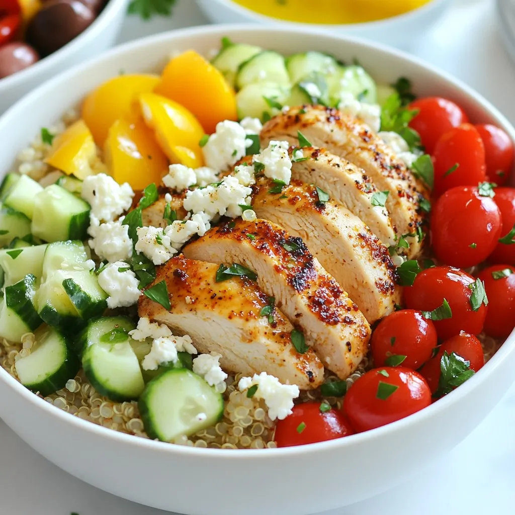 - 2 cups cooked quinoa - 1 lb boneless, skinless chicken breasts - 2 tablespoons olive oil - 2 teaspoons dried oregano - 1 teaspoon garlic powder - Salt and pepper to taste - 1 cup cherry tomatoes, halved - 1 cucumber, diced - 1 red bell pepper, diced - 1 cup Kalamata olives, pitted and halved - 1 cup feta cheese, crumbled - Fresh parsley, chopped for garnish - 1 lemon, juiced - Add diced red onion for a sharp taste. - Use fresh herbs like dill or mint for freshness. - Include avocado for creaminess and healthy fats. - Top with tzatziki sauce for a tangy kick. - Baking tray for chicken - Medium saucepan for quinoa - Sharp knife for chopping - Cutting board for safe prep - Meal prep containers for storage {{ingredient_image_1}} Start by preheating your oven to 400°F (200°C). This step is key for even cooking. In a bowl, mix together 2 tablespoons of olive oil, 2 teaspoons of dried oregano, 1 teaspoon of garlic powder, salt, and pepper. This mix adds great flavor. Coat 1 pound of boneless, skinless chicken breasts with this blend. Place the chicken on a baking tray. While the chicken bakes, focus on the quinoa. Rinse 1 cup of quinoa under cold water to remove any bitterness. Next, combine the rinsed quinoa with 2 cups of water in a saucepan. Bring it to a boil. Once boiling, reduce the heat, cover, and let it simmer for about 15 minutes. After it's done, fluff it with a fork to keep it light and airy. As the quinoa cooks, chop your veggies. Start with 1 cup of cherry tomatoes, halving them. Then, dice 1 cucumber and 1 red bell pepper. Finally, slice 1 cup of Kalamata olives in half. This colorful mix will add freshness and crunch to your bowls. After the chicken has cooked and rested for 5 minutes, slice it into strips or cubes. Now it's time to assemble. In meal prep containers, evenly divide the cooked quinoa. Then, layer the sliced chicken on top. Add the chopped cherry tomatoes, cucumber, red bell pepper, and Kalamata olives. Finish with a sprinkle of crumbled feta cheese for a creamy touch. Don't forget to drizzle fresh lemon juice over each bowl for zing! Lastly, garnish with chopped parsley before sealing your containers. These meal prep bowls keep well in the fridge for up to 4 days. Enjoy your tasty and healthy Greek Chicken Meal Prep Bowls! To cook chicken perfectly, start with good quality meat. I recommend using boneless, skinless chicken breasts. This cut cooks evenly and stays tender. 1. Marinate Well: Mix olive oil, oregano, garlic powder, salt, and pepper. Coat each piece of chicken well. This adds great flavor. 2. Use a Meat Thermometer: Cook the chicken until it reaches 165°F. This ensures it is safe to eat and not dry. 3. Let It Rest: After cooking, let the chicken sit for five minutes. This keeps the juices inside, making it moist. Cooking quinoa correctly makes all the difference. Here’s how you can do it: 1. Rinse the Quinoa: Always rinse quinoa under cold water. This removes the bitter coating called saponin. 2. Water Ratio: Use two cups of water for every cup of quinoa. This helps it cook evenly. 3. Simmer Gently: Bring the water to a boil, then lower the heat. Cover and let it simmer for about 15 minutes. 4. Fluff with a Fork: Once cooked, use a fork to fluff it up. This keeps it light and airy. Meal prep can be quick and easy with a few smart tricks: 1. Chop Ahead: Prepare your veggies in advance. Store them in the fridge for quick access. 2. Batch Cook: Cook a large batch of quinoa and chicken. This saves time for future meals. 3. Use Containers: Invest in good meal prep containers. Clear ones help you see what you have ready. 4. Label Your Meals: Write dates on your containers. This keeps track of freshness and helps avoid waste. Pro Tips Marinate the Chicken: For enhanced flavor, marinate the chicken in the olive oil and spice mixture for at least 30 minutes or up to overnight before baking. Cook Quinoa Perfectly: For fluffier quinoa, use vegetable or chicken broth instead of water, and toast the quinoa in a dry pan for a few minutes before cooking. Customize Your Bowl: Feel free to add or substitute vegetables based on your preferences or seasonal availability—spinach, artichokes, or roasted red peppers work great! Store Properly: For optimal freshness, store the components separately if you’re prepping for later use, especially the feta and dressing, to maintain their textures. {{image_2}} If you want to switch up the protein, try turkey or tofu. Turkey is lean and tasty. Cut it into strips. Marinate it just like the chicken. Bake it at the same temperature. Tofu is great for a plant-based choice. Use firm tofu, and press it to remove excess water. Marinate it and bake until golden. Both options keep the flavor vibrant. For a fully vegetarian bowl, skip the meat. Use roasted chickpeas or lentils instead. Chickpeas add protein and crunch. Season them with olive oil, salt, and pepper. Roast them until crispy for a fun texture. Lentils are soft and filling. Cook them with herbs for added flavor. Toss in your favorite veggies to make a colorful meal. While lemon juice is refreshing, you can try other dressings too. A tahini dressing adds creaminess and a nutty taste. Mix tahini with water, lemon, and garlic for a tasty blend. You might also enjoy a yogurt-based dressing. Combine Greek yogurt with dill, garlic, and lemon juice. These dressings can change the whole dish. Feel free to get creative! To keep your Greek chicken meal prep bowls fresh, store them in airtight containers. Make sure to let the bowls cool before sealing. This prevents moisture buildup, which can make the food soggy. Label each container with the date you made them. This way, you will know how long they have been in the fridge. You can keep these bowls in the fridge for up to four days. You can freeze your meal prep bowls if you want to store them longer. However, do not freeze the fresh veggies, like tomatoes and cucumbers. They lose their crunch when thawed. Instead, prepare the grains and chicken, then freeze them. Use freezer-safe containers to prevent freezer burn. When ready to eat, thaw in the fridge overnight before reheating. You can store the bowls in the freezer for up to three months. To reheat your meal prep bowls, use the microwave or oven. If using a microwave, heat in short bursts, stirring in between. This ensures even heating without drying out the food. If you prefer the oven, preheat it to 350°F (175°C). Place the bowls in an oven-safe dish and cover with foil to keep moisture in. Heat for about 15 to 20 minutes, or until heated through. Adding a splash of water can also help keep everything moist. Enjoy your meal! Yes, you can use other grains. Brown rice, farro, or couscous all work well. Each grain offers a unique taste and texture. For brown rice, expect a slightly nutty flavor. Farro has a chewy bite, while couscous cooks quickly and has a light texture. Choose what you like best or what you have at home. These meal prep bowls last up to four days in the fridge. Store them in airtight containers to keep them fresh. Label each container with the date. If you want to keep them longer, consider freezing them. Just remember that some veggies may lose crunch when frozen. If you need a substitute for feta cheese, try goat cheese or ricotta. Both options add creaminess and flavor. For a dairy-free option, use tofu or a nut-based cheese. Crumbled feta has a tangy taste, so look for something with a similar flavor profile. This way, your meal will still be tasty and satisfying. This blog covered meal prep using chicken and quinoa. We explored key ingredients, tools, and step-by-step cooking. I shared important tips for success, along with tasty variations. Proper storage methods were highlighted, ensuring meals stay fresh. Embrace meal prep for quick, healthy eating. Try different ingredients and find what you love. You’ll save time and enjoy delicious meals all week!