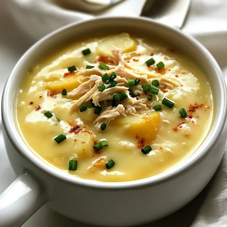 To make my High Protein Creamy Potato Soup, you need fresh and tasty ingredients. Here’s the list: - 4 large russet potatoes, peeled and diced - 1 cup cooked and shredded chicken breast - 1 cup low-fat Greek yogurt - 1 large onion, chopped - 2 cloves garlic, minced - 4 cups low-sodium chicken broth - 1 cup milk (or a milk alternative) - 1 teaspoon dried thyme - 1 teaspoon smoked paprika - Salt and pepper to taste - Fresh chives, chopped (for garnish) Each ingredient adds flavor and nutrition. Russet potatoes give a creamy base. The chicken adds protein and heartiness. Greek yogurt makes the soup rich yet healthy. Onions and garlic offer aromatic depth. Chicken broth enhances the savory taste. Milk helps achieve the right creaminess. Thyme and smoked paprika bring warmth and spice. Finally, salt, pepper, and chives finish the dish perfectly. This soup is not just filling; it’s also comforting and can be a family favorite. {{ingredient_image_1}} To start, heat a large pot over medium heat. Add the chopped onion and minced garlic. Stir them often for about 3-4 minutes. You want the onion to turn translucent. This step adds a deep flavor base for the soup. Next, add the diced potatoes and low-sodium chicken broth to the pot. Bring the mixture to a boil. Once it boils, reduce the heat to a simmer. Let the potatoes cook for about 15-20 minutes. They should be tender when you check them with a fork. After the potatoes are soft, use an immersion blender to puree the soup. If you don't have one, carefully transfer the soup to a countertop blender in batches. Blend until the soup is smooth. This step gives the soup its creamy texture. Now, stir in the low-fat Greek yogurt and milk. Add the cooked chicken, dried thyme, smoked paprika, salt, and pepper. Mix everything well. Heat the soup until it warms through, but don’t let it boil. Taste and adjust the seasoning if needed. When serving, ladle the soup into bowls. For a nice touch, sprinkle freshly chopped chives on top. This adds a pop of color and flavor. Enjoy your hearty, high protein creamy potato soup! Greek yogurt makes your soup rich and smooth. It adds protein and flavor without heavy cream. For a lactose-free option, try coconut yogurt. It gives a nice creamy texture, too. To boost the taste, add spices like garlic powder or onion powder. These add depth to your soup. Adjust seasoning after blending. Taste it to see if it needs more salt or pepper. If your soup is too thick, add more broth or milk. This will make it smoother and easier to sip. For a thicker soup, let it simmer longer or blend less. This keeps some potato chunks for texture. Pro Tips Use Fresh Ingredients: Fresh potatoes and high-quality chicken will enhance the flavor of your soup significantly. Adjust Consistency: If you prefer a creamier soup, add more Greek yogurt or milk to achieve your desired texture. Spice It Up: Experiment with different spices like cayenne pepper or fresh herbs to give your soup a unique twist. Storing Leftovers: This soup keeps well in the fridge for up to 3 days. Just reheat gently to avoid curdling the yogurt. {{image_2}} You can make this soup vegetarian by swapping the chicken for chickpeas or tofu. Chickpeas add great protein and texture, while tofu gives a nice creaminess. If you opt for chickpeas, use one can and drain them well before adding. For tofu, use firm tofu and cut it into small cubes. Adjust your cooking time. Since these ingredients cook faster than chicken, add them in the last five minutes of simmering. This keeps them from getting too soft. For a dairy-free version, try coconut milk or any nut milk instead of regular milk and yogurt. Coconut milk adds a rich, sweet flavor that pairs well with the potatoes. Nut milk will lighten the soup, but it still gives a nice texture. Both options will change the taste and make it unique. If you use coconut milk, stir it in gently to keep the flavor balanced. Want some heat? You can spice things up by adding jalapeños or cayenne pepper. Start with one small jalapeño, chopped, or just a pinch of cayenne. Mix it in while cooking the onions and garlic. This adds a nice kick without overwhelming the soup. Taste as you go to find the right balance for your palate. A little spice can make this creamy soup sing! To store your leftover High Protein Creamy Potato Soup, let it cool first. Pour it into an airtight container. This helps keep it fresh. Place the container in the fridge. It can last for about 3 to 5 days. Make sure to check for any off smells before eating. You can freeze this soup if you want to save some for later. Use freezer-safe containers or bags. Leave some space for expansion, as liquids expand when frozen. The soup can last in the freezer for up to 3 months. When you are ready to eat, thaw it overnight in the fridge. You can reheat your soup either on the stovetop or in the microwave. For stovetop, pour the soup into a pot and heat on low. Stir often to prevent it from sticking. If using a microwave, heat in short bursts. Stir in between to ensure even heating. Be careful with dairy. When reheating, avoid boiling, as it can curdle. If you notice separation, whisk it gently to bring it back together. Enjoy your comforting soup! Yes, High Protein Creamy Potato Soup is healthy. The ingredients provide a good mix of nutrients. - Potatoes: They offer carbs and fiber. This helps keep you full. - Chicken: Cooked chicken breast adds protein. It helps build and repair muscles. - Greek yogurt: It has protein and probiotics. This helps your gut health. - Low-sodium chicken broth: It keeps the soup light. It also adds flavor without too much salt. - Onion and garlic: They add antioxidants. This keeps your body healthy. This soup is a balanced meal that can fit many diets. Yes, you can use different potatoes. Each type brings its own taste and texture. - Yukon Gold: These potatoes are creamy and buttery. They create a rich soup. - Red potatoes: They hold their shape well. This adds chunks to the soup. - Sweet potatoes: These add a sweet flavor. They also boost the soup's nutrition. Feel free to mix and match for fun flavors! Yes, you can make this soup ahead of time. It stores well and tastes great later. - Cooling: Let the soup cool before storing. This avoids condensation in the container. - Refrigeration: Store it in an airtight container. It lasts up to 4 days in the fridge. - Freezing: For longer storage, freeze it. Use a freezer-safe container and keep it for up to 3 months. To enjoy later, just reheat it on the stove or in the microwave. You can easily make this soup vegan with a few swaps. - Chicken: Replace it with chickpeas or lentils. These add protein and texture. - Greek yogurt: Use a plant-based yogurt. Coconut or almond yogurt works well. - Milk: Swap regular milk for almond or oat milk. This keeps it creamy. - Broth: Use vegetable broth instead of chicken broth. It adds flavor without meat. These changes keep the soup creamy and delicious! You can pair several sides with this soup to make a meal. - Salad: A fresh green salad adds crunch and nutrition. - Bread: Serve with crusty bread or rolls. These are perfect for dipping. - Veggies: Roasted or steamed veggies add color and nutrients. - Cheese: A sprinkle of cheese can add flavor. Choose your favorite kind. These options complement the soup and make your meal complete! This blog post covered everything you need for a delicious High Protein Creamy Potato Soup. We talked about key ingredients, step-by-step instructions, and tips to enhance your dish. Whether you want a rich, creamy version or a healthier, vegan option, the choices are numerous. As you cook, remember that each step adds to the final taste. Enjoy your cooking journey and share it with others. Your soup will warm hearts and fill bellies!
