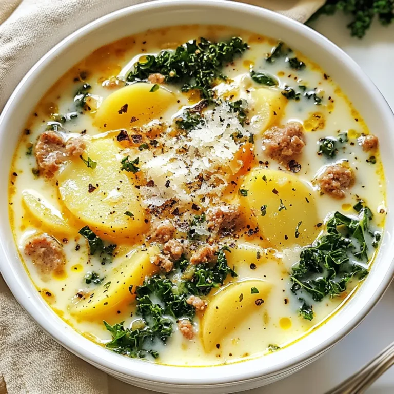 To make Zuppa Toscana, you need fresh, simple ingredients. Here’s what you’ll need: - 1 lb Italian sausage (mild or spicy, your choice) - 1 medium onion, diced - 3 cloves garlic, minced - 4 large russet potatoes, thinly sliced - 6 cups chicken broth - 1 cup kale, chopped - 1 cup heavy cream - 1 teaspoon red pepper flakes (for spice) - Salt and pepper to taste - Olive oil for sautéing - Grated Parmesan cheese for serving These items come together to create a rich and hearty soup. You can switch up some ingredients to fit your taste. For a twist, try: - Using sweet Italian sausage for a milder flavor. - Adding spinach instead of kale for a different green. - Mixing in carrots or celery for extra veggies. - Swapping heavy cream with coconut milk for a dairy-free option. Feel free to get creative! If you have dietary needs, there are easy swaps. Here are some ideas: - For gluten-free, check your broth's label. - Use turkey or chicken sausage for a leaner option. - Replace heavy cream with cashew cream for vegan soup. - Skip the cheese or use a vegan alternative for a dairy-free dish. These substitutions keep the soup tasty while meeting your needs. {{ingredient_image_1}} First, gather your ingredients. You will need: - 1 lb Italian sausage - 1 medium onion, diced - 3 cloves garlic, minced - 4 large russet potatoes, thinly sliced - 6 cups chicken broth - 1 cup kale, chopped - 1 cup heavy cream - 1 teaspoon red pepper flakes - Salt and pepper to taste - Olive oil for sautéing - Grated Parmesan cheese for serving Next, prep your veggies. Dice the onion and mince the garlic. Thinly slice the potatoes and chop the kale. This will help speed up cooking. In a large pot, heat olive oil over medium heat. Add the diced onion and sauté for about 5 minutes. When the onion turns translucent, add the garlic and red pepper flakes. Cook for another minute until you smell the garlic. Now, take the Italian sausage out of its casing. Add it to the pot and break it up with a wooden spoon. Cook until it turns brown, about 7-10 minutes. Once the sausage is cooked, stir in the sliced potatoes. Pour in the chicken broth and bring everything to a boil. Lower the heat and let it simmer for 15-20 minutes. You want the potatoes to be tender. After the potatoes are soft, add the chopped kale and heavy cream. Stir it all together and cook for an extra 5-7 minutes. The kale should wilt and the soup will heat through. Finally, season your soup with salt and pepper to taste. Serve it hot, topped with grated Parmesan cheese. For the best flavor, use fresh garlic and quality sausage. Adjust the red pepper flakes to match your spice preference. If you want a thicker soup, mash some of the potatoes before adding the kale. This will add creaminess without extra calories. Always taste your soup before serving. Adjust the seasoning if needed. Enjoy your delicious Zuppa Toscana! When making Zuppa Toscana, avoid using too much oil. A drizzle is enough. Use fresh ingredients for the best taste. Don't skip the garlic; it adds flavor. Overcooking the kale makes it mushy. Add it near the end of cooking for a nice texture. Lastly, taste your soup before serving. Adjust the salt and pepper to fit your taste. To boost the flavor, try adding fresh herbs. Thyme or oregano works well. You can also use homemade broth for deeper taste. If you love spice, add more red pepper flakes. A squeeze of lemon juice brightens the soup. This little trick can make a big difference. For a creamier texture, blend a part of the soup and mix it back in. Serve Zuppa Toscana hot, topped with grated Parmesan cheese. A slice of crusty bread pairs perfectly. Consider a light salad on the side for a fresh touch. If you like, drizzle olive oil over the soup for extra flavor. This dish works great for gatherings and cozy nights in. Enjoy it with friends and family for a warm meal. Pro Tips Use Fresh Ingredients: Always opt for fresh kale and high-quality sausage to enhance the flavor of your soup. Adjust Spice Level: If you're sensitive to heat, start with a smaller amount of red pepper flakes and adjust to taste. Make it Creamy: For an extra creamy texture, blend a portion of the soup and then stir it back in before serving. Leftover Storage: Store any leftovers in an airtight container in the fridge for up to 3 days, but note that the potatoes may absorb some liquid. {{image_2}} You can make Zuppa Toscana without meat. For a vegetarian version, use plant-based sausage. Replace chicken broth with vegetable broth. You can still enjoy creamy goodness by using coconut milk or a cashew cream. For a vegan option, ensure your sausage is completely plant-based and skip the cream or use a vegan substitute. Adjust the heat to fit your taste. For mild soup, use sweet Italian sausage. Skip the red pepper flakes for a gentler flavor. If you love heat, use spicy sausage and add more red pepper flakes. You can also add jalapeños for an extra kick. Zuppa Toscana has many regional twists. In some areas, people add beans for extra protein. Others like to include carrots or corn for sweetness. In Tuscany, adding rosemary can give a nice herbal touch. Each region adds its flair, making this soup personal and unique. Store your Zuppa Toscana in an airtight container. This keeps it fresh and tasty. Let the soup cool down before you seal it. Place it in the fridge within two hours. It lasts about three to four days in the fridge. Always check for any signs of spoilage before serving. You can freeze Zuppa Toscana if you want to save some for later. Use a freezer-safe container or bag. Make sure to leave some space for expansion. The soup will stay good for about three months in the freezer. To thaw, place it in the fridge overnight before reheating. Reheat your Zuppa Toscana slowly on the stove over low heat. Stir it often to avoid burning. You can add a splash of chicken broth or cream to restore its creamy texture. If using the microwave, heat in short bursts. Check and stir to make sure it warms evenly. Enjoy your comforting soup! Zuppa Toscana is a hearty Italian soup. It features Italian sausage, potatoes, and kale. The dish hails from Tuscany, Italy. It's creamy and savory, perfect for chilly days. Many people love its comforting flavors. You can adjust the spice level with red pepper flakes. This soup is great for sharing with family and friends. Yes, you can make Zuppa Toscana in a slow cooker. Start by browning the sausage in a pan. Then, add the sausage, onion, garlic, and potatoes to the slow cooker. Pour in the chicken broth and let it cook on low for 6-8 hours. Add the kale and cream near the end. This method makes it easy and tasty. Zuppa Toscana pairs well with crusty bread. A fresh salad also complements the soup nicely. You can add a sprinkle of Parmesan cheese on top. This adds extra flavor and creaminess. Enjoy your meal with a glass of wine for a treat. Zuppa Toscana lasts about 3-4 days in the fridge. Store it in an airtight container. This helps keep it fresh and tasty. Reheat it on the stove or in the microwave. Just be careful not to overheat, as it can change the texture. Zuppa Toscana can be gluten-free. Use gluten-free sausage and broth. Always check the labels for hidden gluten. Potatoes and kale are naturally gluten-free. This makes it a great option for gluten-sensitive folks. Enjoy without worry while savoring its rich flavors. Zuppa Toscana is a warm and tasty soup, perfect for any table. We explored its key ingredients, preparation steps, and variations, offering tips to enhance your dish. Remember to avoid common mistakes and consider different dietary needs. With the right storage, your leftovers will stay delicious for days. This soup is simple to make and full of flavor. You can enjoy it in many ways, making it a versatile choice for everyone. Enjoy making Zuppa Toscana your own!
