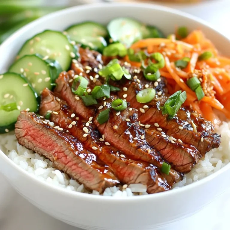 - Flank steak details and preparation: - You need 1 lb of flank steak. Slice it thinly against the grain. This helps make it tender. - Marinade ingredients and measurements: - 1/4 cup low sodium soy sauce - 2 tablespoons sesame oil - 1 tablespoon brown sugar - 2 cloves garlic, minced - 1 tablespoon fresh ginger, grated - 1 teaspoon red pepper flakes (optional) - Toppings and garnishes: - 2 cups cooked jasmine rice - 1 cup kimchi - 1 cup shredded carrots - 1 cucumber, thinly sliced - 2 green onions, sliced - 1 tablespoon sesame seeds for garnish - Fresh cilantro for garnish Gather these ingredients to create a tasty and colorful Korean BBQ steak bowl. Each item adds flavor and texture, making your dish exciting and fresh. {{ingredient_image_1}} To start, we need to mix the marinade. In a bowl, whisk these ingredients together: - 1/4 cup soy sauce - 2 tablespoons sesame oil - 1 tablespoon brown sugar - 2 cloves garlic, minced - 1 tablespoon fresh ginger, grated - 1 teaspoon red pepper flakes (optional) Once mixed, add 1 lb of thinly sliced flank steak. Make sure each piece gets coated well. This is key! Let the steak marinate for at least 30 minutes. For even more flavor, you can marinate it for up to 2 hours in the fridge. Now, let’s cook the steak. You can use either a skillet or a grill pan. Heat your pan over medium-high heat. Remove the steak from the marinade. Let any extra marinade drip off. Place the steak slices in the pan. Cook them for about 3-4 minutes on each side. You want them to get a nice caramelized color. Use a meat thermometer to check for doneness. Aim for 135°F for medium-rare. After cooking, let the steak rest for a few minutes. This helps keep it juicy. Time to build your bowls! Start with a scoop of cooked jasmine rice at the bottom of each bowl. Next, top the rice with the cooked steak slices. Arrange the toppings around the steak. Use: - 1 cup kimchi - 1 cup shredded carrots - 1 cucumber, thinly sliced This makes your bowl look good and taste great! Finally, garnish with sliced green onions, sesame seeds, and fresh cilantro. This adds color and flavor. Serve your bowls in bright dishes. Drizzle any leftover marinade that didn’t touch raw meat over the top for more flavor. Enjoy your meal! Marinating is key to rich flavor. I recommend marinating your flank steak for at least 30 minutes. For the best taste, go for 2 hours. This time lets the meat soak in all the marinade goodness. You can add some sesame seeds or even pineapple juice for more depth. These optional ingredients elevate your dish and make it special. Searing your steak well gives it a nice crust. Heat your skillet or grill pan to medium-high before adding the steak. Make sure to remove excess marinade to avoid steaming the meat. Cook each side for 3-4 minutes. Let the steak rest after cooking. This helps the juices settle back in, making it tender and juicy. For a beautiful bowl, start with a scoop of jasmine rice at the bottom. Layer the cooked steak on top. Then, artfully arrange kimchi, shredded carrots, and cucumber slices around the steak. Garnish with green onions, sesame seeds, and fresh cilantro. Use colorful bowls to make your meal pop. Drizzle any leftover marinade over the top for added flavor. Pro Tips Marination Time: For the best flavor, allow the flank steak to marinate for at least 2 hours in the refrigerator. This will enhance the taste and tenderness of the meat. High Heat Cooking: Cook the steak on high heat to achieve a nice caramelization, which adds depth of flavor. Ensure your skillet or grill pan is hot before adding the steak. Resting the Meat: Let the cooked steak rest for a few minutes before slicing. This helps the juices redistribute, ensuring each bite is juicy and flavorful. Serving Suggestions: Experiment with additional toppings such as avocado, radishes, or a drizzle of sriracha for an extra kick. Personalizing your bowls makes them unique! {{image_2}} You can switch out the flank steak for chicken or tofu. Chicken breast works well with the same marinade. Just cut it into strips and cook until golden. Tofu is a great choice for a vegetarian option. Use firm tofu, and press it to remove excess water. Then, marinate and grill for a tasty dish. If you want a different base, try quinoa or cauliflower rice instead of jasmine rice. Quinoa adds a nutty flavor and extra protein. Cauliflower rice is low-carb and gives a light texture. You can also change the vegetable toppings. Try bell peppers, radishes, or even broccoli for a fresh twist. To spice up your dish, add different spices or sauces. You can try sriracha or gochujang for heat. A sprinkle of smoked paprika adds depth. For more umami, consider adding shiitake mushrooms or a splash of fish sauce. These options bring new layers of flavor to your Korean BBQ steak bowls. Store leftover Korean BBQ steak bowls in airtight containers. This keeps the flavors fresh and prevents spills. Make sure to separate the steak from the rice and veggies if possible. This helps keep all ingredients at their best. Refrigerate them within two hours of cooking. They should last for about three to four days. For longer storage, consider freezing your components. Reheat steak in a skillet over medium heat. This method keeps the meat juicy and tender. For rice, add a splash of water before microwaving. This will help steam the rice and bring it back to life. Heat both until warmed through. Avoid overheating, as it can dry out the steak. To freeze, pack steak and rice in separate bags. This keeps each item fresh. Use freezer-safe bags and remove as much air as possible. They can last for up to three months in the freezer. When ready to eat, thaw overnight in the fridge. Reheat using the methods mentioned earlier for the best taste and texture. You should marinate the steak for at least 30 minutes. This gives the meat time to soak up flavor. For stronger taste, you can marinate for up to 2 hours. Just remember, the longer you marinate, the deeper the flavor will be. Keep the steak in the fridge while it marinates. Yes, you can use other meats! Chicken, pork, or beef short ribs work well too. If you prefer a vegetarian option, try tofu or tempeh. Just cut them into thin pieces like the flank steak. Adjust the marinating time based on the type of meat you choose. You can serve many tasty side dishes with your bowls. Here are some ideas: - Steamed broccoli or bok choy - Pickled vegetables for a tangy touch - Extra kimchi for more crunch - A simple salad with sesame dressing - Miso soup for warmth and flavor These sides enhance the meal and add variety to your Korean BBQ experience. This guide shows you how to create the perfect Korean BBQ steak bowl. We covered the key ingredients, step-by-step instructions, cooking tips, and tasty variations. Remember to marinate well and choose your cooking method based on your preference. Presenting your dish beautifully enhances the meal. No matter how you customize it, these bowls will impress. Enjoy your cooking journey and have fun experimenting with flavors and styles!
