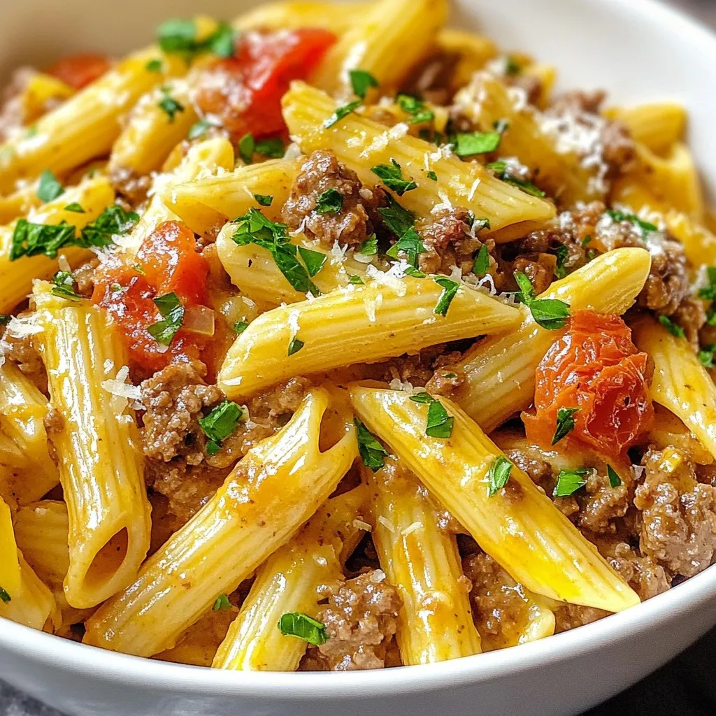 - 1 pound ground beef - 12 ounces pasta (penne or fusilli) - 1 medium onion, finely chopped - 2 cloves garlic, minced I love using ground beef in this dish. It adds a rich flavor that pairs well with pasta. You can choose penne or fusilli pasta. Both work great and soak up the sauce nicely. The onion and garlic give a nice base flavor. Sauté them until they are soft for the best taste. - 1 can (14 oz) diced tomatoes - 3 cups beef broth - 1 cup heavy cream - 1 cup grated Parmesan cheese Diced tomatoes add sweetness and texture. They blend well with beef broth, which gives depth to the dish. Heavy cream makes the sauce creamy and rich. Parmesan cheese adds a salty kick, making everything taste even better. - 1 teaspoon Italian seasoning - Salt and pepper to taste - 2 tablespoons olive oil - Fresh parsley, chopped (for garnish) Italian seasoning brings a mix of herbs that brightens the dish. Don't forget salt and pepper to enhance all the flavors. Olive oil is important for sautéing the onion and garlic. Finally, fresh parsley is perfect for a pop of color and freshness on top. {{ingredient_image_1}} 1. Start by heating olive oil in a large pot over medium heat. 2. Add the chopped onion and minced garlic. 3. Sauté for about 3-4 minutes. Wait until the onion turns soft and clear. 4. Now, raise the heat to medium-high. 5. Add the ground beef into the pot. 6. Cook and break it apart with a spoon for about 5-7 minutes. 7. Make sure the beef is well browned. You can drain any fat if needed. 1. Stir in the can of diced tomatoes, including the juice. 2. Pour in the beef broth and add Italian seasoning. 3. Bring this mixture to a gentle simmer. 4. Once simmering, add the pasta to the pot. 5. Mix well, making sure the pasta is covered by the liquid. 6. Cover the pot and let it cook for about 10-12 minutes. 7. Stir occasionally until the pasta becomes al dente and absorbs most of the liquid. 1. Lower the heat and add heavy cream to the pot. 2. Sprinkle in the grated Parmesan cheese. 3. Stir well and cook for an additional 2-3 minutes. 4. This will help the sauce become creamy and thick. 5. Taste your dish and season with salt and pepper as needed. 6. Let it sit for a few minutes before serving. With these steps, you'll have a creamy one pot beef pasta that is quick and tasty! - Ensuring al dente pasta To get perfect pasta, follow the package instructions. Check it a minute early. It should be firm, not soft. This keeps your dish from getting mushy. - Avoiding a watery sauce Use enough beef broth but not too much. If your sauce seems thin, let it simmer longer. The heat helps it thicken nicely. - Recommended garnishes Fresh parsley adds a pop of color and flavor. You can also sprinkle extra Parmesan on top. This makes each serving look fancy and tasty. - Pairing with side dishes A side salad or garlic bread goes well with this dish. They add freshness and balance the rich pasta. You can also serve it with steamed veggies for more crunch. - Alternative proteins or pasta types Ground turkey or chicken works great instead of beef. You can also use gluten-free pasta for a lighter option. It still tastes amazing! - Dairy-free options Swap heavy cream with coconut milk or cashew cream. Use nutritional yeast instead of Parmesan for a cheese-like flavor. This keeps it creamy without dairy. Pro Tips Brown the Beef Well: Make sure the ground beef is browned nicely. This adds depth of flavor to the dish. Choose the Right Pasta: Use pasta shapes that hold sauce well, like penne or fusilli, to enhance each bite. Adjust the Creaminess: For a richer sauce, add more heavy cream, or if you prefer a lighter dish, reduce the amount of cream. Let it Rest: Allow the pasta to sit for a few minutes after cooking to let the flavors meld and the sauce thicken further. {{image_2}} You can easily change this dish to suit your taste. Here are some ideas: - Adding vegetables: Toss in some fresh spinach or sliced mushrooms. These add health and flavor. You can use other veggies, too, like bell peppers or zucchini. Just sauté them with the onion and garlic. - Using different cheese varieties: Swap the Parmesan for mozzarella or cheddar. Each cheese gives a unique taste. You can even mix cheeses for a richer flavor. Want some heat? Here’s how to spice it up: - Incorporating red pepper flakes: Add a pinch of red pepper flakes when you cook the beef. This gives a nice kick without overwhelming the dish. - Adjusting seasoning for extra heat: You can also add hot sauce or chili powder. Taste as you go to find your perfect spice level. If you want a meat-free meal, try this simple change: - Using meat substitutes: Replace the ground beef with lentils or plant-based meat. These options still give a hearty feel and great texture. - Modifying the sauce ingredients: Use vegetable broth instead of beef broth. This keeps the dish rich and creamy while sticking to a vegetarian diet. Store your creamy one pot beef pasta in an airtight container. This keeps it fresh. Place it in the fridge within two hours of cooking. It will stay good for about 3 to 4 days. Before serving leftovers, check for any changes in smell or texture. You can freeze the creamy pasta for up to three months. Let it cool completely first. Then, place it in a freezer-safe container. When you are ready to eat it, thaw it overnight in the fridge. Reheat it on the stove over low heat. Add a splash of milk or broth to make it creamy again. To save time, you can prep this dish in advance. Cook the beef and make the sauce ahead of time. Store everything separately in the fridge. When you are ready to eat, just cook the pasta and mix it all together. This way, you enjoy a quick meal without any hassle. It takes about 30 minutes to make creamy one pot beef pasta. You will spend 10 minutes prepping your ingredients. The cooking time is around 20 minutes. You will enjoy a tasty meal in no time! Yes, you can use frozen ground beef. To thaw it safely, place it in the fridge overnight. If you're short on time, you can use the microwave. Just follow the microwave instructions carefully. Once thawed, cook it as usual in the recipe. This helps keep your dish perfect! You can serve this pasta with a fresh green salad. A side of garlic bread pairs well too. For something warm, try steamed veggies. These sides balance the meal and add more nutrition. This blog post covered how to make creamy one-pot beef pasta. We explored the key ingredients, from ground beef to rich seasonings. I shared step-by-step instructions for a smooth cooking process. You learned helpful tips for perfect pasta and delightful serving ideas. Variations and storage information also ensure you can adapt this dish to your taste. In my experience, this recipe is easy to follow and brings great flavor. You can enjoy it as a family meal or impress guests. Now, grab your ingredients and start cooking!